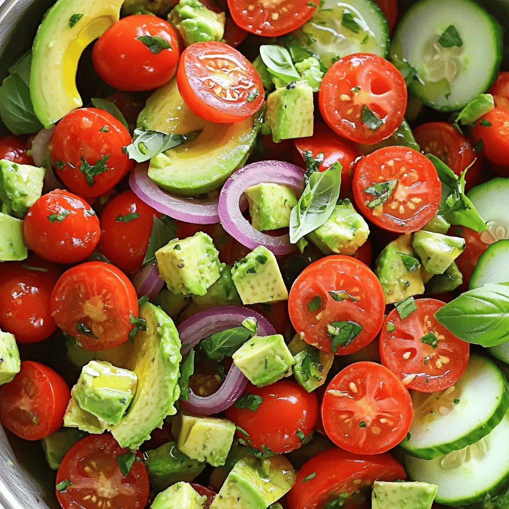 - 2 ripe avocados, diced - 2 cups cherry tomatoes, halved - 1 small red onion, finely sliced - 1 cucumber, diced - 2 tablespoons fresh basil, chopped - 2 tablespoons lemon juice - 1 tablespoon olive oil - Salt and pepper to taste - 1 teaspoon honey (optional for sweetness) When you gather fresh ingredients, you set the stage for a great salad. Each part plays a role in flavor and nutrition. The avocados add creaminess, while the cherry tomatoes bring sweetness and color. Red onion gives a mild bite, and cucumber offers crunch. Fresh basil adds a lovely aroma. Lemon juice and olive oil blend for a zesty dressing. Honey can sweeten the mix if you like. Avocados and tomatoes pack a punch of nutrients. They are rich in antioxidants that help fight free radicals. These foods contain vitamins A, C, and K, important for skin and bone health. Avocados are high in omega-3 fatty acids, good for your heart. They also provide fiber, which helps with digestion. Together, avocados and tomatoes create a salad that is not only tasty but also very healthy. For the full experience, check out the [Full Recipe]. To make this salad, start with fresh ingredients for the best flavor. First, take your ripe avocados and slice them in half. Remove the pit and scoop the flesh into a large mixing bowl. Next, dice the avocados into small pieces. Then, add 2 cups of halved cherry tomatoes to the bowl. These tomatoes will add a bright, sweet taste. Now, finely slice one small red onion and add it to the mix. The onion gives a nice crunch and sharp flavor. You will also want to chop one cucumber into small pieces. This adds a refreshing crunch to your salad. Next, chop 2 tablespoons of fresh basil. Toss the basil into the bowl with the other ingredients. This herb brings a lovely aroma and freshness. In a separate small bowl, whisk together 2 tablespoons of lemon juice, 1 tablespoon of olive oil, and if you like, 1 teaspoon of honey for a hint of sweetness. Add salt and pepper to taste. This dressing will tie all the flavors together. Pour the dressing over the salad mixture. Now, gently toss everything together with a spatula. Be careful not to mash the avocados. You want to keep them chunky and creamy. Taste the salad and adjust the seasoning if needed. Let it sit for about 5 minutes to let the flavors blend. For a beautiful presentation, serve the salad in a large, shallow bowl. Top it with a sprinkle of extra basil for color. You can also add a few whole cherry tomatoes on top for a pop. This salad pairs well with grilled chicken or fish. It also works great with crusty bread on the side. Enjoy your fresh and flavorful meal! For the full recipe, check out the Avocado & Tomato Fusion Salad. To select ripe avocados, look for ones that yield slightly to gentle pressure. They should feel soft but not mushy. For tomatoes, choose firm, bright ones with no blemishes. Cherry tomatoes should have a sweet aroma. Fresh ingredients make a big difference in taste. Adding extra flavor is easy! Fresh herbs like basil or cilantro brighten the dish. Sprinkle in some crushed garlic for a bold touch. A pinch of red pepper flakes offers a nice kick. Experiment with spices like cumin or smoked paprika for a twist. Want to make it vegan-friendly? This salad is already plant-based! Just skip the honey if you want it vegan too. You can swap olive oil with avocado oil if you prefer. For a gluten-free option, this salad fits perfectly. All ingredients are naturally gluten-free. To lower sodium, use fresh herbs instead of salt. You can also try lemon zest to enhance flavor without added salt. {{image_2}} You can make this salad even better by adding seasonal veggies or fruits. For spring, try adding sweet peas or radishes. In summer, fresh corn or zucchini can add a nice crunch. Autumn offers great options like diced apples or pears. For winter, consider pomegranate seeds for a pop of color and flavor. To add richness, think about including cheese or protein. Feta cheese adds a tangy taste. Mozzarella gives a creamy texture. For protein, grilled chicken or shrimp boost the salad's heartiness. You could also use beans for a vegetarian option. To spice things up, different dressings can change the taste. A balsamic vinaigrette adds a sweet tang. A creamy ranch or yogurt dressing gives a rich flavor. For a kick, try a spicy chili lime dressing. Exploring global flavors adds fun to your salad. A Mediterranean twist works well with olives and feta. For a Mexican flair, add cilantro and lime juice. You can even sprinkle in some cumin for a unique taste. Each variation offers a new experience! To keep your avocado and tomato salad fresh, store it in an airtight container. This helps prevent air from getting in and keeps the salad crisp. Place a piece of plastic wrap directly on the surface of the salad before sealing the container. This adds an extra layer of protection. To stop avocados from browning, sprinkle a little lemon juice on the cut surfaces. The acid in the lemon juice slows down the oxidation process. You can also store leftover salad with onion slices mixed in. Onion can help keep avocados green for a bit longer. In the fridge, your salad will stay fresh for about 1 to 2 days. Keep an eye on the tomatoes; they can soften quickly. If you notice a mushy texture or an off smell, it’s time to toss it. Look for brown spots on the avocados or wilted greens. These are signs that your salad is no longer good to eat. If you see any of these signs, it’s best to throw it out. Enjoy your full recipe for Avocado and Tomato Fusion Salad while it’s fresh! How to prevent avocados from browning in the salad? To stop avocados from turning brown, use lemon juice. The acid in lemon juice slows oxidation. You can also store the salad in an airtight container. Cover it tightly to limit air exposure. This method keeps your salad fresh and bright. Can I make Avocado and Tomato Salad ahead of time? You can prepare the salad ahead, but it's best to wait before mixing in the dressing. Make the salad and store it in the fridge. Add the dressing when you are ready to serve. This way, the avocados stay fresh and tasty. What can I serve with Avocado and Tomato Salad? This salad pairs well with grilled chicken or fish. You can also serve it with crusty bread. For a light meal, add quinoa or couscous. This dish is versatile and enhances many meals. For the full recipe, check out the [Full Recipe]. This blog post covered how to make a tasty avocado and tomato salad. We looked at the ingredients, nutritional benefits, and easy steps to prepare it. You can adjust the recipe to meet different diets and add seasonal flavors for variety. Remember to store leftovers correctly to keep them fresh. Enjoy this salad as a healthy side or main dish. With these tips and tricks, you will make a delicious salad that everyone loves. Keep exploring new flavors, and have fun in the kitchen!