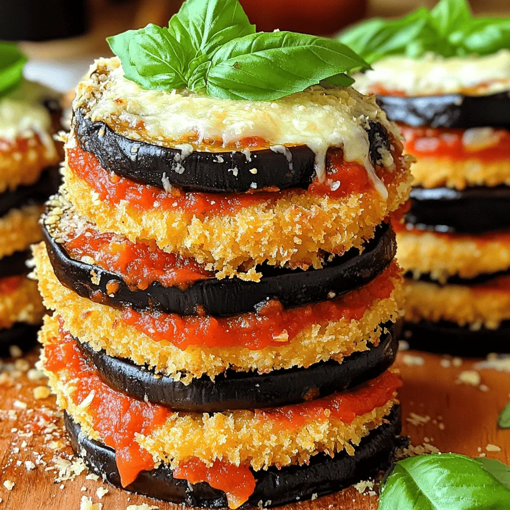 Eggplant Parmesan Stacks is a fun dish. It has layers of crispy eggplant, cheese, and sauce. You can enjoy it as a main meal or a side. This recipe takes about 30 minutes to prep and 1 hour total. - 2 medium eggplants, sliced into 1/2 inch rounds - 1 cup all-purpose flour - 2 large eggs, beaten - 2 cups breadcrumbs - 2 cups marinara sauce - 2 cups shredded mozzarella cheese - 1/2 cup grated Parmesan cheese - 1 teaspoon dried oregano - 1 teaspoon dried basil - Salt and pepper to taste - Fresh basil leaves for garnish - Olive oil for frying You will need some basic kitchen tools. Grab a large skillet for frying. Use a baking dish for stacking. You’ll also want three shallow dishes for breading. Keep paper towels handy for draining oil. A sharp knife and cutting board will help slice the eggplants. Start by slicing the eggplants into 1/2 inch rounds. Lay the slices on a plate and sprinkle salt on both sides. This helps to draw out moisture and bitterness. Let them sit for about 30 minutes. After that, rinse the slices under cold water. Pat them dry with paper towels. This step makes your dish taste better! Next, prepare your breading station. You need three shallow dishes. Fill the first dish with all-purpose flour. The second dish should have the beaten eggs. For the third dish, mix breadcrumbs with dried oregano, dried basil, salt, and pepper. This mixture adds great flavor to your eggplant. In a large skillet, heat olive oil over medium heat. While the oil heats, bread the eggplant slices. Dip each slice in flour, then the beaten eggs, and finally coat them with the breadcrumb mix. Fry the slices in batches until they turn golden brown. This takes about 3-4 minutes per side. Once cooked, place them on paper towels to drain excess oil. Now, it's time to assemble your stacks. Preheat your oven to 375°F (190°C). In a baking dish, spread a thin layer of marinara sauce on the bottom. Place one fried eggplant slice on top of the sauce. Add another spoonful of sauce and sprinkle mozzarella and Parmesan cheese. Repeat this process to create stacks that are about 3-4 layers high. Finish your stacks with a final layer of marinara sauce. Top it off with a generous amount of mozzarella and Parmesan cheese. Bake the dish in the preheated oven for 25-30 minutes. You want it to be bubbly and golden. The smell will be amazing! After baking, let the dish cool for a few minutes. This helps the layers set. Before serving, garnish with fresh basil leaves. Now your Eggplant Parmesan Stacks are ready to enjoy! For the full recipe, check out the details above. When choosing eggplants, look for ones that are smooth and shiny. A firm touch means freshness. Avoid eggplants with soft spots or wrinkles. These signs show age and poor quality. Choose medium-sized eggplants for even cooking. They are not too bitter and will taste great in your dish. For that crunchy texture, bread the eggplant slices well. Use a three-step breading method: flour, eggs, and breadcrumbs. Let the breaded slices rest for a few minutes before frying. This helps the coating stick better. Fry them in hot oil, but don’t overcrowd the pan. Fry in batches to keep the heat steady. If you have extras, store them in an airtight container. Refrigerate them for up to three days. To reheat, use the oven for a crispy finish. Avoid microwaving, as it makes them soggy. For longer storage, freeze the stacks before baking. They can last up to three months in the freezer. To bake from frozen, just add extra time in the oven. For more details, check the Full Recipe. {{image_2}} Eggplant Parmesan Stacks are great for vegetarians. You can swap eggplant for zucchini or portobello mushrooms. Both options give a rich taste. Use the same breading steps for these veggies. You can also add layers of spinach or roasted red peppers. This adds more flavor and color. These swaps keep the dish fresh and exciting. If you need a gluten-free version, it’s easy! Just use gluten-free flour and breadcrumbs. The breading will still be crispy. You can also use crushed cornflakes or almond flour for a unique twist. These options provide a lovely crunch. They ensure everyone can enjoy this tasty dish without worry. Want to add meat? You can layer cooked sausage or ground beef between the stacks. Cook the meat first with spices, then layer it with eggplant, sauce, and cheese. This adds a hearty touch. You can also try chicken or turkey for a lighter option. These additions make it a complete meal, perfect for gatherings. For more detailed steps, check out the Full Recipe. Store your Eggplant Parmesan Stacks in an airtight container. Let them cool first. They will stay fresh for about 3 to 4 days in the fridge. Make sure to cover them well to keep moisture in and odors out. If you plan to enjoy leftovers, refrigerate them as soon as possible. You can freeze these stacks for longer storage. First, let them cool completely. Wrap each stack tightly in plastic wrap to prevent freezer burn. Then, place them in a freezer-safe container or bag. They will last for up to 3 months in the freezer. When you are ready to enjoy them, thaw them overnight in the fridge. To reheat your Eggplant Parmesan Stacks, preheat your oven to 350°F (175°C). Place the stacks in a baking dish. Cover with foil to keep them moist. Bake for about 20 minutes or until heated through. For a crispier top, remove the foil during the last 5 minutes. You can also reheat them in the microwave, but the oven gives better results. Enjoy your delicious layers of flavor! Eggplant Parmesan can last about 3 to 5 days in the fridge. Make sure to store it in an airtight container. This helps keep it fresh and tasty. If you want to enjoy it longer, consider freezing it. Just remember, the texture may change a bit after thawing. Yes, you can prep Eggplant Parmesan Stacks ahead of time! You can bread the eggplant slices and fry them a day before. Store them in the fridge. Then, when you are ready, simply assemble and bake. This saves you time and makes dinner easier on busy nights. Eggplant Parmesan Stacks pair well with many sides. You might enjoy a fresh green salad. Garlic bread is also a great choice. A nice glass of red wine can add to the meal. Feel free to also serve some pasta or a vegetable medley for a complete dinner. For more ideas, check out the [Full Recipe]. In this post, we covered how to make delicious Eggplant Parmesan Stacks. We discussed the full recipe, ingredients needed, and equipment required. I shared step-by-step instructions, tips for the perfect crunch, and storage advice. You learned about fun variations like vegetarian and gluten-free options. Cooking can be easy and fun. With these tips, you can create a tasty dish your friends will love. Enjoy your cooking!