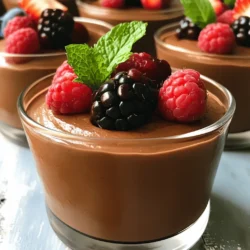 To make vegan chocolate mousse, you need some simple ingredients. Here’s what you will use: - 1 cup silken tofu, drained - 1/2 cup unsweetened cocoa powder - 1/2 cup maple syrup (or agave syrup) - 1/4 cup almond milk (or any plant-based milk) - 1 teaspoon vanilla extract - A pinch of sea salt - 1/4 cup dark chocolate chips (dairy-free) Silken tofu gives the mousse a creamy texture. Cocoa powder adds rich chocolate flavor. Maple syrup sweetens it up, while almond milk makes it smooth. Vanilla extract adds warmth, and sea salt enhances all the flavors. Dark chocolate chips bring extra chocolate richness. Garnishes can make your mousse look even better. Here are some ideas to try: - Fresh berries (strawberries, raspberries, or blueberries) - Mint leaves These garnishes add color and a fresh taste. They also make your dessert more appealing. Each serving of vegan chocolate mousse is packed with nutrients. Here’s what you can expect: - Calories: About 160 - Protein: 5 grams - Carbohydrates: 22 grams - Fat: 7 grams This mousse is a tasty treat that also offers healthy protein from tofu. It’s a great dessert choice for anyone looking to enjoy something sweet without dairy. For the full recipe, check out the details above. To start, gather all your ingredients. This makes the process smooth and easy. First, drain the silken tofu well. This step is key for a creamy mousse. Next, measure out the cocoa powder and maple syrup. Pour these into your blender. Also, add the almond milk, vanilla extract, and a pinch of sea salt. It’s time to blend these ingredients on high speed until everything is smooth. You want a rich and creamy texture without lumps. Now, let’s focus on the chocolate. You can melt dark chocolate chips in two ways. The first is using a microwave. Place the chips in a microwave-safe bowl. Heat them in 20-second bursts. Stir after each burst. This prevents burning. The second method is a double boiler. Fill a pot with water and bring it to a simmer. Place a heat-proof bowl on top, making sure it doesn’t touch the water. Add the chocolate chips and stir until melted. Let it cool slightly before adding it to your mousse mix. When you add the melted chocolate to the blender, blend again until fully combined. This ensures the chocolate mixes evenly with the tofu and cocoa. Taste the mousse and adjust the sweetness if you like. If you want it sweeter, simply add a bit more maple syrup. Pour the mousse into serving cups or bowls. Cover them and refrigerate for at least one hour. This helps the mousse set and become fluffier. Remember, presentation matters! Serve in clear cups to show off that delicious texture. Enjoy your Vegan Chocolate Mousse! For the full recipe, check out the earlier section. To get a smooth and creamy mousse, use silken tofu. Make sure it's well-drained. Blend the tofu until it’s super smooth. If you still see lumps, blend longer. Adding melted dark chocolate helps create a rich texture. Chill the mousse for at least one hour. This step makes it fluffier and firmer. Taste the mousse before serving. You may want it sweeter. If so, add more maple syrup. A little goes a long way, so add just a bit at a time. Remember, the cocoa powder can make it taste less sweet. Adjust until it feels just right for you. Don’t skip draining the tofu. It can lead to a watery mousse. Avoid using too much cocoa powder. This can overpower the other flavors. Be careful when melting chocolate; it can burn quickly. Stir often to ensure it melts evenly. Finally, don't forget to chill it! Serving it too soon can ruin the texture. For the full recipe, check out the complete steps above. {{image_2}} You can use avocado for a creamy vegan chocolate mousse. The ripe avocado gives a smooth texture. It also adds healthy fats. To make this, blend 1 ripe avocado, 1/2 cup cocoa powder, and 1/4 cup agave syrup. Add a splash of almond milk to help it blend. This mix is rich and full of flavor. You will love the taste! If you want a lighter mousse, use silken tofu as in the full recipe. Silken tofu gives a fluffy texture. You can also try firm tofu for more protein. Just make sure to blend it well. The key is to get it smooth and creamy. This option is great for those who want a protein boost. You can make your mousse special with flavor additions. Try adding a teaspoon of espresso powder for a coffee twist. A pinch of cinnamon gives warmth and spice. For a fruity touch, add pureed fruit like raspberries or bananas. These flavors can take your mousse to new heights! Store any leftover vegan chocolate mousse in the fridge. Use an airtight container. This keeps it fresh and creamy. It can last up to five days. Make sure to cover the mousse well to avoid absorbing any odors. If you notice any separation, just give it a gentle stir before serving again. You can freeze vegan chocolate mousse for a longer shelf life. To freeze, place it in an airtight container or freezer-safe bag. Make sure to leave some space at the top. The mousse expands when frozen. It can last up to two months in the freezer. When you are ready to eat, thaw it in the fridge overnight. I recommend glass containers for storing mousse. They are easy to clean and do not hold odors. If using plastic, choose BPA-free containers. Small jars or cups work well for portioning. These help keep the mousse fresh while making it easy to grab a serving. Vegan chocolate mousse lasts about 3 to 5 days in the fridge. Store it in an airtight container. This way, it stays fresh and tasty. The mousse gets even thicker as it chills. Enjoy it cold for the best flavor! Yes, you can use other sweeteners. Agave syrup works well as a substitute. You can also use cane sugar or coconut sugar. Just remember to adjust the amount. Not all sweeteners are as sweet as maple syrup. Taste as you go to find the right balance. Yes, this recipe is nut-free. It uses silken tofu and almond milk. If you have nut allergies, simply use a different plant-based milk. Soy milk or oat milk are great choices. Always check labels to ensure they meet your dietary needs. For the full recipe, check out the details above! This vegan chocolate mousse is easy to make and fun to enjoy. We covered key ingredients, helpful tips, and tasty variations. You can whip up a delicious treat using avocados or tofu. Store leftovers with care to keep them fresh. Always remember to adjust the sweetness to match your taste. With these insights, you can make this dessert your own. Enjoy every creamy bite and impress your friends with your skills!