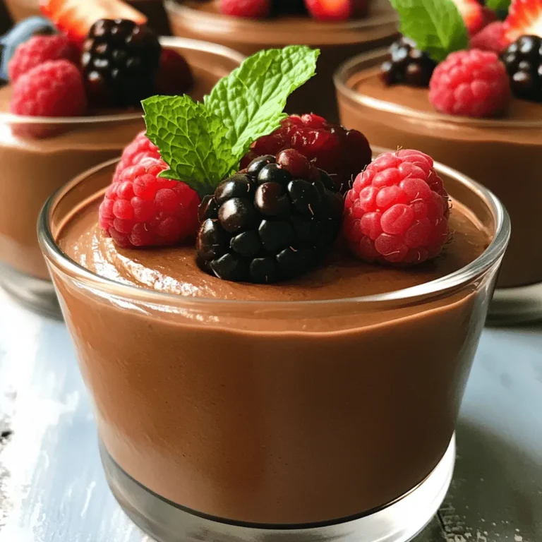 To make vegan chocolate mousse, you need some simple ingredients. Here’s what you will use: - 1 cup silken tofu, drained - 1/2 cup unsweetened cocoa powder - 1/2 cup maple syrup (or agave syrup) - 1/4 cup almond milk (or any plant-based milk) - 1 teaspoon vanilla extract - A pinch of sea salt - 1/4 cup dark chocolate chips (dairy-free) Silken tofu gives the mousse a creamy texture. Cocoa powder adds rich chocolate flavor. Maple syrup sweetens it up, while almond milk makes it smooth. Vanilla extract adds warmth, and sea salt enhances all the flavors. Dark chocolate chips bring extra chocolate richness. Garnishes can make your mousse look even better. Here are some ideas to try: - Fresh berries (strawberries, raspberries, or blueberries) - Mint leaves These garnishes add color and a fresh taste. They also make your dessert more appealing. Each serving of vegan chocolate mousse is packed with nutrients. Here’s what you can expect: - Calories: About 160 - Protein: 5 grams - Carbohydrates: 22 grams - Fat: 7 grams This mousse is a tasty treat that also offers healthy protein from tofu. It’s a great dessert choice for anyone looking to enjoy something sweet without dairy. For the full recipe, check out the details above. To start, gather all your ingredients. This makes the process smooth and easy. First, drain the silken tofu well. This step is key for a creamy mousse. Next, measure out the cocoa powder and maple syrup. Pour these into your blender. Also, add the almond milk, vanilla extract, and a pinch of sea salt. It’s time to blend these ingredients on high speed until everything is smooth. You want a rich and creamy texture without lumps. Now, let’s focus on the chocolate. You can melt dark chocolate chips in two ways. The first is using a microwave. Place the chips in a microwave-safe bowl. Heat them in 20-second bursts. Stir after each burst. This prevents burning. The second method is a double boiler. Fill a pot with water and bring it to a simmer. Place a heat-proof bowl on top, making sure it doesn’t touch the water. Add the chocolate chips and stir until melted. Let it cool slightly before adding it to your mousse mix. When you add the melted chocolate to the blender, blend again until fully combined. This ensures the chocolate mixes evenly with the tofu and cocoa. Taste the mousse and adjust the sweetness if you like. If you want it sweeter, simply add a bit more maple syrup. Pour the mousse into serving cups or bowls. Cover them and refrigerate for at least one hour. This helps the mousse set and become fluffier. Remember, presentation matters! Serve in clear cups to show off that delicious texture. Enjoy your Vegan Chocolate Mousse! For the full recipe, check out the earlier section. To get a smooth and creamy mousse, use silken tofu. Make sure it's well-drained. Blend the tofu until it’s super smooth. If you still see lumps, blend longer. Adding melted dark chocolate helps create a rich texture. Chill the mousse for at least one hour. This step makes it fluffier and firmer. Taste the mousse before serving. You may want it sweeter. If so, add more maple syrup. A little goes a long way, so add just a bit at a time. Remember, the cocoa powder can make it taste less sweet. Adjust until it feels just right for you. Don’t skip draining the tofu. It can lead to a watery mousse. Avoid using too much cocoa powder. This can overpower the other flavors. Be careful when melting chocolate; it can burn quickly. Stir often to ensure it melts evenly. Finally, don't forget to chill it! Serving it too soon can ruin the texture. For the full recipe, check out the complete steps above. {{image_2}} You can use avocado for a creamy vegan chocolate mousse. The ripe avocado gives a smooth texture. It also adds healthy fats. To make this, blend 1 ripe avocado, 1/2 cup cocoa powder, and 1/4 cup agave syrup. Add a splash of almond milk to help it blend. This mix is rich and full of flavor. You will love the taste! If you want a lighter mousse, use silken tofu as in the full recipe. Silken tofu gives a fluffy texture. You can also try firm tofu for more protein. Just make sure to blend it well. The key is to get it smooth and creamy. This option is great for those who want a protein boost. You can make your mousse special with flavor additions. Try adding a teaspoon of espresso powder for a coffee twist. A pinch of cinnamon gives warmth and spice. For a fruity touch, add pureed fruit like raspberries or bananas. These flavors can take your mousse to new heights! Store any leftover vegan chocolate mousse in the fridge. Use an airtight container. This keeps it fresh and creamy. It can last up to five days. Make sure to cover the mousse well to avoid absorbing any odors. If you notice any separation, just give it a gentle stir before serving again. You can freeze vegan chocolate mousse for a longer shelf life. To freeze, place it in an airtight container or freezer-safe bag. Make sure to leave some space at the top. The mousse expands when frozen. It can last up to two months in the freezer. When you are ready to eat, thaw it in the fridge overnight. I recommend glass containers for storing mousse. They are easy to clean and do not hold odors. If using plastic, choose BPA-free containers. Small jars or cups work well for portioning. These help keep the mousse fresh while making it easy to grab a serving. Vegan chocolate mousse lasts about 3 to 5 days in the fridge. Store it in an airtight container. This way, it stays fresh and tasty. The mousse gets even thicker as it chills. Enjoy it cold for the best flavor! Yes, you can use other sweeteners. Agave syrup works well as a substitute. You can also use cane sugar or coconut sugar. Just remember to adjust the amount. Not all sweeteners are as sweet as maple syrup. Taste as you go to find the right balance. Yes, this recipe is nut-free. It uses silken tofu and almond milk. If you have nut allergies, simply use a different plant-based milk. Soy milk or oat milk are great choices. Always check labels to ensure they meet your dietary needs. For the full recipe, check out the details above! This vegan chocolate mousse is easy to make and fun to enjoy. We covered key ingredients, helpful tips, and tasty variations. You can whip up a delicious treat using avocados or tofu. Store leftovers with care to keep them fresh. Always remember to adjust the sweetness to match your taste. With these insights, you can make this dessert your own. Enjoy every creamy bite and impress your friends with your skills!