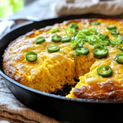 This Cheesy Jalapeño Cornbread uses simple and tasty ingredients. Here’s what you need: - 1 cup cornmeal - 1 cup all-purpose flour - 1 tablespoon baking powder - 1/2 teaspoon salt - 1/4 cup sugar - 1 cup milk - 2 large eggs - 1/4 cup unsalted butter, melted - 1 cup shredded cheddar cheese - 1/2 cup pickled jalapeños, diced (or fresh jalapeños for more heat) - 1/4 cup green onions, sliced Choosing fresh jalapeños can make a big difference. Fresh ones have a bright taste and a nice crunch. If you prefer more heat, opt for fresh jalapeños instead of pickled. You can also change up the cheese. Try pepper jack for a spicy kick or gouda for a smoky flavor. Mixing different cheeses can create a unique taste that fits your style. This recipe is perfect for gatherings or a cozy night in. You can find the full recipe above to guide you through each step. Enjoy each bite of this cheesy, spicy treat! 1. Preheat oven and prepare baking dish Start by setting your oven to 400°F (200°C). While it heats, grease an 8-inch square baking dish or a cast-iron skillet. This will help the cornbread come out easily. 2. Mixing dry ingredients In a large bowl, combine 1 cup of cornmeal, 1 cup of all-purpose flour, 1 tablespoon of baking powder, 1/2 teaspoon of salt, and 1/4 cup of sugar. Whisk them together until they are well mixed. This mix forms the base of your cornbread. 3. Combining wet ingredients In a separate bowl, whisk together 1 cup of milk, 2 large eggs, and 1/4 cup of melted butter. It should be smooth. This mixture adds moisture and richness to your cornbread. 1. Description of batter mixing Pour the wet mixture into the dry ingredients. Stir gently until just combined. It’s okay if there are a few lumps. Overmixing can make the cornbread tough. 2. Pouring and smoothing the batter Fold in 1 cup of shredded cheddar cheese, 1/2 cup of diced jalapeños, and 1/4 cup of sliced green onions. Mix gently to spread them evenly. Then, pour the batter into the prepared dish. Use a spatula to smooth the top. 3. Baking time and checking for doneness Bake your cornbread for 20-25 minutes. It's done when the top is golden brown. Insert a toothpick into the center; if it comes out clean, your cornbread is ready. Let it cool for a few minutes before slicing. Enjoy that warm, cheesy goodness! For the full recipe, check out the details above. To get the best texture in your cornbread, don't overmix. Overmixing makes it tough. Mix just enough to combine the wet and dry ingredients. A few lumps are okay! You want the right level of moisture. The batter should be thick but pourable. If it feels too dry, add a splash of milk. If it’s too wet, a sprinkle of flour can help. For the best baking results, use a preheated oven. This helps the cornbread rise nicely. Bake it in a cast-iron skillet for a crispy crust. Check it at 20 minutes. A toothpick should come out clean when it’s done. You can add many herbs and spices to boost flavor. Consider adding garlic powder or smoked paprika for a twist. They add depth to the cornbread. Adjust the spice level based on your taste. Use pickled jalapeños for a milder heat. If you want more kick, fresh jalapeños work great! Remove the seeds for less heat. When it comes to cheese, cheddar is a classic choice. But feel free to mix it up! Pepper jack adds heat, while Monterey Jack offers a creamy texture. Experiment to find your favorite mix! For the complete recipe, check out the Full Recipe section above! {{image_2}} To make a gluten-free version, you can swap regular flour for gluten-free flour. Almond flour or a mix of rice flour and tapioca starch works well. Keep in mind that gluten-free flours absorb liquid differently. You may need to add a bit more milk to get the right batter texture. Start with an extra quarter cup of milk, then adjust as needed. For a vegan twist, replace the eggs with flaxseed meal or chia seeds. Use one tablespoon of flaxseed mixed with three tablespoons of water per egg. For milk, almond or soy milk will work great. Use vegan butter or coconut oil instead of regular butter. These swaps keep the flavor strong and the texture nice. You will still enjoy that cheesy, spicy goodness without animal products. To keep your cornbread fresh, store it properly. Place leftover cornbread in an airtight container. It stays good in the fridge for about three days. If you want to save it longer, freeze it. Wrap the cornbread in plastic wrap, then put it in a freezer bag. This method keeps it tasty for up to three months. When it’s time to enjoy your cornbread again, use the right method. The best way to reheat is in the oven. Preheat it to 350°F (175°C). Place the cornbread on a baking sheet and cover it with foil. Heat for about 10-15 minutes. This keeps it warm and soft. If you need a quicker option, you can use the microwave. Heat each piece for about 20-30 seconds. Be careful not to overdo it, or the cornbread will dry out. To avoid this, add a small cup of water in the microwave. This steam helps keep the moisture in. Following these steps ensures your cheesy jalapeño cornbread tastes just as good as when it was fresh. Enjoy every bite! Yes, you can make Cheesy Jalapeño Cornbread ahead of time. It stores well and tastes great later. Here’s how to prepare and store it: - Bake the cornbread as per the recipe. Let it cool completely. - Wrap it tightly in plastic wrap or aluminum foil. - Store it in the fridge for up to three days. You can also freeze it for up to three months. - When ready to eat, thaw it overnight in the fridge if frozen. - Reheat it in the oven at 350°F for about 10-15 minutes. This keeps it moist and warm. Want more spice in your cornbread? It’s easy! Here are some tips: - Use fresh jalapeños instead of pickled ones. They are spicier and add fresh flavor. - Add more jalapeños to the batter. Start with an extra 1/4 cup and adjust to your taste. - Incorporate hot sauce into the wet ingredients. A tablespoon can really kick up the heat. - Spice blends like cayenne or chili powder can add heat without changing the texture. Cheesy Jalapeño Cornbread pairs well with many dishes. Here are some tasty ideas: - Chili: A hearty bowl of chili complements the cornbread perfectly. - Grilled meats: Serve it alongside grilled chicken or ribs for a filling meal. - Salads: A fresh salad balances the rich flavors of the cornbread. - Soups: Try it with a warm bowl of soup for a cozy dinner. For more cooking ideas, check out the Full Recipe! This article covered how to make Cheesy Jalapeño Cornbread. You learned the best ingredients, how to prepare and bake it, and tips for the perfect texture. I shared some fun variations, like gluten-free and vegan options, along with storage tips. Remember, using fresh jalapeños and the right cheese makes a big difference. Enjoy experimenting with flavors and share this tasty treat with friends and family. Happy baking!