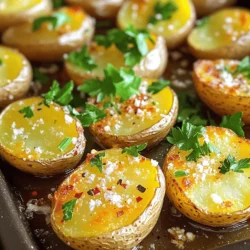 - 1.5 lbs baby potatoes, halved - 4 cloves garlic, minced - 1/4 cup grated Parmesan cheese - 3 tablespoons olive oil - 1 teaspoon dried Italian herbs (oregano, thyme, basil) - 1/2 teaspoon red pepper flakes - Fresh parsley, chopped (for garnish) - Baking sheet - Parchment paper - Large bowl When you gather your ingredients, look for fresh baby potatoes. They add a nice sweetness and creaminess. The garlic, when minced, releases a strong aroma that fills your kitchen. Parmesan cheese brings a salty, nutty flavor that makes the dish shine. If you want extra flavor, consider the optional ingredients. Italian herbs will add depth, while red pepper flakes give a hint of spice. Fresh parsley not only looks good but adds a fresh taste. For tools, a baking sheet lined with parchment paper makes cleanup easy. A large bowl helps you mix everything well. This simple list helps you create a delicious side dish. You can find the full recipe in the article for easy reference. - Preheat your oven to 425°F (220°C). - In a large bowl, combine the halved baby potatoes and minced garlic. - Toss potatoes with olive oil, dried Italian herbs, red pepper flakes, salt, and pepper. - Spread the potatoes evenly on a lined baking sheet. - Roast the potatoes for 20 minutes. Then, sprinkle with grated Parmesan cheese and return to the oven. - Roast until golden brown and crispy. Stir the potatoes halfway through to ensure even cooking. These steps bring out the best in Garlic Parmesan Roasted Potatoes. The blend of spices and cheese enhances the flavor, creating a crispy delight. Enjoy this simple yet delicious recipe for a tasty side dish! For the complete details, you can check the Full Recipe. To get those crispy edges on your Garlic Parmesan Roasted Potatoes, follow these tips: - Ensure potatoes are evenly spread on the baking sheet. This gives them space to roast well. - Use high-quality Parmesan cheese for better flavor. Freshly grated cheese works best. Adding new flavors can make your potatoes shine. Here’s how: - Experiment with additional spices or herbs. Paprika or rosemary can add a nice touch. - Marinate potatoes for at least 30 minutes for deeper flavor. This helps the garlic and cheese seep in. The size of your potatoes affects cooking time. Here’s what to do: - For smaller baby potatoes, 35 minutes works well for crispiness. - Larger potatoes may need up to 50 minutes. Check for doneness by poking with a fork. These tips will help you create the ultimate Garlic Parmesan Roasted Potatoes. For the complete recipe, check out the Full Recipe section. Enjoy your cooking! {{image_2}} You can switch up the potatoes you use. Try red potatoes or Yukon gold potatoes. Both types have a creamy texture and rich flavor. They will roast well and absorb the garlic and Parmesan taste. Each option adds its own twist to the dish. Plus, they give you a colorful plate. If you want a vegan version, use nutritional yeast instead of Parmesan cheese. It gives a cheesy flavor without dairy. For gluten-free cooking, check your seasoning and oils. Most are already gluten-free, but always read labels. This way, everyone can enjoy the dish. Want to add a kick? You can toss in bacon bits for extra flavor. If you skip meat, try cheese alternatives or extra herbs. Experiment with spices like paprika or cumin for a new taste. Each addition can change the dish's vibe. Have fun mixing and matching flavors to find your favorite combination! To keep your Garlic Parmesan Roasted Potatoes fresh, follow these steps: - Let them cool to room temperature. - Place them in an airtight container. - Store in the fridge for up to three days. This method keeps the flavor and texture intact. When it's time to enjoy your leftovers, here’s how to reheat them: - Oven: Preheat your oven to 400°F (200°C). Spread the potatoes on a baking sheet. Heat for about 10-15 minutes. This method keeps them crispy. - Microwave: Place the potatoes in a microwave-safe dish. Heat for 1-2 minutes. This method is quicker but may lose some crispiness. Yes, you can freeze roasted potatoes! Here’s how: - Let the potatoes cool completely. - Spread them in a single layer on a baking sheet. - Freeze until solid, then transfer to a freezer bag. - They can last up to three months. When ready to eat, thaw in the fridge overnight and reheat. You can tell when your potatoes are done by their color and texture. Perfectly roasted potatoes look golden brown and crispy. You can also poke them with a fork. If the fork goes in easily, they are ready. Yes, you can prepare Garlic Parmesan Roasted Potatoes ahead of time. First, wash and cut the potatoes. Toss them with garlic, oil, and spices. Then, store them in the fridge for up to 24 hours. When you are ready, just roast them as directed. These potatoes pair well with many dishes. Try serving them with grilled chicken or steak. They also go great with a fresh salad or roasted veggies. Feel free to experiment and find your favorite pairings! Check out the [Full Recipe](#) for detailed steps and tips to make Garlic Parmesan Roasted Potatoes. This post covers making Garlic Parmesan Roasted Potatoes. We talked about key ingredients and tools needed. You learned steps for perfect roasting, tips for crispiness, and flavor options. Remember, don’t hesitate to try different potatoes or seasonings. You can store, reheat, and even freeze leftovers. Enjoy your cooking journey with these tasty potatoes! They can make any meal shine.