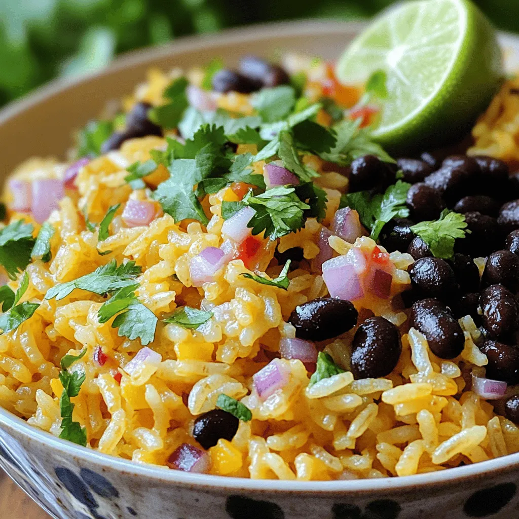 - 1 cup jasmine rice - 1 can (400ml) coconut milk - 1 cup vegetable broth - 1 can (400g) black beans, rinsed and drained - 1 small red onion, finely chopped - 2 cloves garlic, minced - 1 teaspoon ground cumin - 1 teaspoon smoked paprika - 1 lime, juiced - Salt and pepper to taste - Fresh cilantro, chopped (for garnish) - 1 tablespoon olive oil This dish is not just tasty; it’s good for you too. Jasmine rice offers carbs for energy. Coconut milk adds healthy fats that can keep you full. Black beans are high in protein and fiber, which helps digestion. Onions and garlic have antioxidants that can boost your health. Lime juice adds vitamin C, great for your immune system. Each bite is a balance of flavor and nutrition. If you have allergies, you can still enjoy this dish. For gluten-free needs, ensure your broth is gluten-free. If you are lactose intolerant, coconut milk is a great base. You can swap jasmine rice for brown rice for extra fiber. If beans cause issues, try lentils or quinoa instead. Always adjust to fit your dietary needs while keeping the flavors fun. To make coconut rice, start with a medium saucepan. Heat one tablespoon of olive oil over medium heat. Add one small red onion, finely chopped. Sauté for about 3-4 minutes until it turns soft. Next, add 2 cloves of minced garlic and cook for another minute. You will smell the nice aroma. Now, add 1 cup of jasmine rice to the pan. Toast the rice in the oil for about 2 minutes. Stir it often to avoid burning. Pour in 1 can (400ml) of coconut milk and 1 cup of vegetable broth. Add salt, pepper, 1 teaspoon of ground cumin, and 1 teaspoon of smoked paprika. Stir everything together well. Bring the mixture to a simmer. Then, reduce the heat to low. Cover the pan and cook for 15-18 minutes. Check if the rice is tender and the liquid absorbed. In a separate saucepan, take 1 can (400g) of black beans, rinsed and drained. Add the beans to the pan. Squeeze in the juice of 1 lime and add a pinch of salt. Heat the beans over low heat for about 5-7 minutes. Stir gently until they warm through. This will enhance their flavor and create a nice mix with the coconut rice. To make sure your rice is fluffy, avoid stirring it too much while it cooks. Let it simmer covered. After cooking, fluff the rice with a fork. Let it sit for a few minutes before serving. This helps the grains separate. Follow these simple tips, and you'll have perfect coconut rice every time. For the full recipe, check the details provided earlier. One common mistake is not rinsing the rice. Rinsing removes excess starch. This helps the rice stay fluffy. Another mistake is using too much heat. Medium heat works best to avoid burning. Lastly, don’t skip the resting time after cooking. This helps the rice absorb any extra liquid. To boost the flavor of your black beans, add spices. A pinch of chili powder adds a nice kick. You can also add a bay leaf while heating. Fresh herbs like cilantro make a great finish. If you like zest, try adding lime zest. This brings out the natural flavors beautifully. To cook rice perfectly, start with the right water ratio. For jasmine rice, use one cup of rice to one cup of liquid. Toast the rice lightly before adding liquids. This enhances flavor and texture. Keep the lid on while it cooks. This keeps the steam in for better cooking. Fluff the rice gently with a fork after cooking. This prevents clumping and keeps it light. For the full recipe, check out the Tropical Coconut Rice & Flavored Black Beans! {{image_2}} You can boost the nutrition of coconut rice and black beans by adding veggies. Bell peppers, corn, and spinach work well. Chop them into small pieces. Sauté them with the onion for great flavor. You can also use peas or diced carrots. This makes the dish colorful and full of vitamins. If you want to switch things up, try other grains. Quinoa is a great choice. It cooks quickly and adds protein. Brown rice or farro also works well. These grains give a nice texture. Adjust the cooking time based on what you choose. Each grain adds a unique taste to the dish. For a spicy kick, add some heat. You can mix in diced jalapeños or red pepper flakes. This gives a nice, warm flavor. You can also stir in hot sauce when cooking the beans. The spice levels can be adjusted to your liking. Don’t be shy to experiment and find your perfect heat! You can find the full recipe for Tropical Coconut Rice & Flavored Black Beans at the end of this article. To store leftover coconut rice and black beans, allow them to cool first. Place the rice and beans in separate airtight containers. This keeps flavors fresh. Store them in the fridge for up to three days. Always label your containers with the date. This helps you remember when you made them. When you reheat coconut rice and black beans, add a splash of water. This keeps them moist. Heat the rice in a microwave-safe bowl. Cover it with a damp paper towel. This helps steam the rice and make it fluffy again. For the black beans, use a saucepan over low heat. Stir often until heated through. You can also add a bit of lime juice for a fresh taste. If you want to freeze coconut rice and black beans, use freezer-safe bags. Divide them into individual portions. Squeeze out extra air to prevent freezer burn. Label the bags with the date. You can freeze them for up to three months. To reheat, thaw in the fridge overnight. Then, use the microwave or stove to warm them up again. Enjoy your delicious meal even later! Coconut Rice and Black Beans are great with many dishes. You can serve it with grilled chicken or fish for a tasty main dish. It also pairs well with fresh salsa or guacamole. A side salad adds crunch and freshness, too. You can even add sliced avocado for creaminess. Yes, you can easily make this dish vegan. The recipe is already close to being vegan. Just make sure to use vegetable broth instead of chicken broth. This choice keeps it plant-based. The coconut milk adds a rich, creamy texture without any animal products. To serve more people, simply double the recipe. Use two cups of rice and two cans of coconut milk. Don’t forget to adjust the other ingredients as well. Keep the same cooking times, but check that the rice is tender. You want it fluffy and delicious. You can find the full recipe for Tropical Coconut Rice & Flavored Black Beans in the recipe section of this article. It has detailed steps to guide you through the cooking process. Enjoy making this dish today! In this blog post, we explored how to make coconut rice paired with black beans. I shared ingredients, cooking steps, and tips to avoid mistakes. You learned about substitutions for allergies and flavor upgrades. We also discussed how to add veggies and store leftovers. Now, you can create a tasty dish that suits your needs. Enjoy experimenting with different flavors and insights shared here. I hope you feel ready to cook this delicious meal!