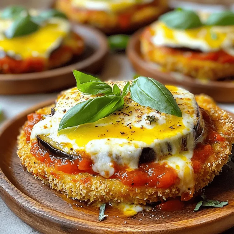 For this dish, you need fresh and simple ingredients. Here’s what to gather: - 2 medium eggplants, sliced into 1/2-inch rounds - 1 teaspoon salt - 2 cups marinara sauce - 1 1/2 cups shredded mozzarella cheese - 1/2 cup grated Parmesan cheese - 1 cup all-purpose flour - 2 large eggs, beaten - 1 cup breadcrumbs (preferably panko) - 1 teaspoon dried oregano - 1 teaspoon dried basil - Fresh basil leaves for garnish - Olive oil for drizzling These ingredients work together to create layers of flavor and texture. To boost the taste of your Baked Eggplant Parmesan, consider adding: - Crushed red pepper flakes for heat - Fresh garlic, minced, for depth - Fresh parsley, chopped, for freshness These extra touches can make your dish stand out and give it a personal flair. When selecting your ingredients, keep these tips in mind: - Choose eggplants that are firm and shiny. They should feel heavy for their size. - Look for marinara sauce with no added sugars. A good sauce should have honest ingredients. - For cheese, go for high-quality mozzarella and Parmesan. Freshly grated cheese melts better and tastes richer. Selecting quality ingredients ensures your Baked Eggplant Parmesan will taste amazing. For the full recipe, check out the details above! First, slice the eggplants into 1/2-inch rounds. Sprinkle one teaspoon of salt on the slices. This step pulls out moisture and softens the eggplant. Let them sit for about 30 minutes. After that, rinse the slices under cold water. Pat them dry with paper towels. This process helps reduce bitterness and ensures crispy bites. Now, set up your breading station. In one shallow dish, place the flour. In another dish, pour in the beaten eggs. In a third dish, mix the breadcrumbs with dried oregano and basil. Dredge each eggplant slice in the flour first. Next, dip it into the beaten eggs. Lastly, coat it with the breadcrumb mixture. Press lightly to help the crumbs stick well. In a large skillet, heat a thin layer of olive oil over medium heat. Fry the breaded eggplant slices in batches until golden brown, about 3-4 minutes per side. Place them on a paper towel-lined plate to absorb extra oil. In a 9x13 inch baking dish, spread a thin layer of marinara sauce on the bottom. Layer half of the fried eggplant on top. Then, add half of the remaining marinara sauce, half of the mozzarella, and half of the Parmesan cheese. Repeat these layers with the rest of the ingredients. Drizzle a little olive oil on top and cover with foil. Bake in your preheated oven for 25 minutes. Remove the foil and bake for another 15-20 minutes until the cheese is bubbly and golden. Let it cool a bit before slicing. Garnish with fresh basil leaves for a beautiful finish. To make your eggplant crispy, start by salting it. Salt draws out excess moisture. After 30 minutes, rinse and dry the eggplant. This step is key. Next, set up your breading station. Use flour, beaten eggs, and breadcrumbs mixed with herbs. Coat each slice well. Fry them in hot oil until they are golden brown. This method gives a crunchy outside and tender inside. Many folks skip salting the eggplant. This makes it watery and soggy. Another mistake is using too much oil while frying. Just a thin layer is enough. Also, avoid crowding the skillet. Fry in batches for even cooking. Lastly, don’t skip the foil when baking. It helps melt the cheese evenly before browning it. Baked eggplant parmesan is great on its own, but you can elevate it. Serve it with garlic bread for a hearty meal. A simple salad pairs well too, adding freshness. For a touch of elegance, sprinkle fresh basil on top just before serving. You can find the full recipe for baked eggplant parmesan right here. Enjoy each slice! {{image_2}} You can easily make a vegan version of baked eggplant parmesan. Instead of cheese, use vegan mozzarella. Nutritional yeast adds a cheesy flavor. You can also blend soaked cashews with lemon juice and garlic for a creamy sauce. This keeps the dish rich and tasty without dairy. For gluten-free baked eggplant parmesan, switch the all-purpose flour and breadcrumbs. Use gluten-free flour and gluten-free breadcrumbs. You can also use crushed gluten-free crackers. This way, you still get a crispy texture without wheat. You can change the flavor by adding spices or herbs. Try adding crushed red pepper for heat. Fresh herbs like thyme or rosemary can add a nice touch. For a smoky flavor, use smoked paprika. These simple tweaks can make your dish unique every time you cook it. For the complete recipe, check out the [Full Recipe]. To keep your Baked Eggplant Parmesan fresh, let it cool first. Place it in an airtight container. This way, it stays moist and tasty. You can store it in the fridge for up to three days. If you want it to last longer, consider freezing it. When you're ready to enjoy leftovers, reheat them in the oven. Preheat your oven to 350°F (175°C). Place the slices in a baking dish and cover with foil. This keeps the cheese from burning. Heat for about 20 minutes, or until warm. You can also reheat it in the microwave. Use a microwave-safe dish and cover it with a paper towel. Heat in short bursts until hot. If you want to freeze Baked Eggplant Parmesan, do it before baking. Assemble the layers in a freezer-safe dish. Cover it tightly with foil or plastic wrap. It can stay in the freezer for up to three months. When ready to eat, let it thaw in the fridge overnight. Bake it as you normally would for a hot, tasty meal. For the full recipe, check out the complete instructions. To make Baked Eggplant Parmesan, you need to follow a few simple steps. Start with two medium eggplants. Slice them into 1/2-inch rounds and sprinkle them with salt. Let them sit for 30 minutes. This draws out moisture and bitterness. After that, rinse and dry them with a paper towel. Next, set up your breading station with three shallow dishes. Put flour in one, beaten eggs in another, and a mix of breadcrumbs, oregano, and basil in the last. Dredge each eggplant slice in flour, dip it in eggs, and then coat it in breadcrumbs. Now, heat olive oil in a skillet over medium heat. Fry the breaded slices until golden brown, about 3-4 minutes on each side. Once fried, layer the eggplant in a baking dish with marinara sauce and cheese. Bake at 375°F for about 40-45 minutes. You’ll find the full recipe for Baked Eggplant Parmesan in the earlier sections. Yes, you can prepare Baked Eggplant Parmesan in advance. You can bread and fry the eggplant a day before and store it in the fridge. Then, when you are ready, layer the fried eggplant with sauce and cheese. Cover it tightly before baking. This makes it easy to serve for dinner or a gathering. Just remember to bake it longer if it starts cold from the fridge. Eggplant Parmesan pairs well with many sides. Here are some options: - Garlic bread - A fresh green salad - Roasted vegetables - Pasta with olive oil or marinara sauce - Crusty Italian bread These sides will balance the rich flavors of the dish. Enjoy mixing and matching them to find your perfect meal! Baked Eggplant Parmesan is a tasty dish with simple steps. We covered the key ingredients, like quality eggplant and flavorful extras. You learned how to prep, bread, and bake eggplant for the best texture. My tips help you avoid mistakes and enjoy perfect meals each time. There are even options for vegan and gluten-free diets. Storing and reheating properly ensures leftovers taste great. With these insights, you can make a delicious Eggplant Parmesan that impresses everyone. Enjoy cooking!