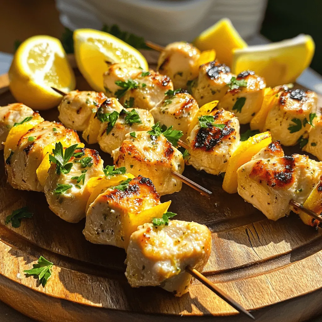 To make Lemon Garlic Chicken Skewers, gather these fresh ingredients: - 1 pound boneless, skinless chicken breasts, cut into 1-inch cubes - 4 cloves garlic, minced - 1/4 cup fresh lemon juice (about 2 lemons) - Zest of 1 lemon - 2 tablespoons olive oil - 1 teaspoon dried oregano - 1 teaspoon paprika - Salt and pepper, to taste - Fresh parsley, chopped (for garnish) - Wooden or metal skewers (if using wooden skewers, soak them in water for 30 minutes) Each ingredient plays a key role in creating the bright and savory flavors of this dish. The chicken serves as the main protein, while the garlic and lemon bring brightness. Olive oil adds richness, and herbs like oregano and paprika deepen the taste. Fresh parsley not only garnishes the skewers but also provides a fresh bite. I recommend preparing all the ingredients before starting. This makes the cooking process smooth and enjoyable. You can find the complete method for making these skewers in the Full Recipe section. Enjoy cooking! To start, gather your ingredients. You'll need minced garlic, fresh lemon juice, lemon zest, olive oil, dried oregano, paprika, salt, and pepper. In a large mixing bowl, combine these items. Whisk them together until smooth. This mixture is your marinade. For the best flavor, use fresh lemons. The zest adds a bright note. Let the marinade sit for a few minutes. This helps the flavors blend nicely. Next, add the chicken cubes to the marinade. Make sure each piece is coated evenly. This allows the chicken to absorb the flavors well. Cover the bowl with plastic wrap. Place it in the fridge for at least 30 minutes. For even better taste, leave it for up to an hour. If you’re short on time, you can marinate for just 15 minutes. However, the longer you let it sit, the more flavorful the chicken will be. Now it’s time to grill! Preheat your grill or grill pan over medium-high heat. If you’re using a grill, lightly oil the grates to prevent sticking. This step is important for easy flipping. Thread the marinated chicken onto the skewers. Leave some space between pieces so they cook evenly. Grill the skewers for about 10 to 12 minutes. Turn them occasionally. You want the chicken to reach 165°F for safe eating. Once done, remove the skewers from the grill. Let them rest for a few minutes before serving. This helps the juices settle, making the chicken juicy and tender. For the full recipe, check the details above. Enjoy your delicious lemon garlic chicken skewers! To ensure even cooking of your chicken skewers, cut your chicken into uniform pieces. Aim for 1-inch cubes, as this size cooks well on the grill. Also, remember to leave space between pieces on the skewer. This allows heat to circulate around each piece, making sure they cook evenly. Avoid common grilling mistakes by not overcrowding the grill. If the grill is too full, heat cannot circulate. This can lead to uneven cooking. Another mistake is flipping the skewers too often. Let them sear properly on one side before turning them. This gives you those beautiful grill marks and a tasty crust. To boost flavor, consider adding spices like cumin or coriander. Fresh herbs like thyme or rosemary can also add depth. Try mixing in a bit of honey for sweetness or some crushed red pepper for heat. These options open up new taste experiences. For homemade marinades, you can mix lemon juice with soy sauce for a savory kick. Adding yogurt can also tenderize the chicken while adding creaminess. Experiment with different acids, like vinegar or lime juice, to find your favorite blend. The best sides to serve with lemon garlic chicken skewers are fresh salads and grains. A cucumber and tomato salad pairs well, bringing a refreshing crunch. Fluffy rice or couscous makes a nice base, soaking up all the delicious juices. For presentation, serve the skewers on a colorful platter with lemon wedges. Sprinkle fresh parsley on top for a pop of color. You can even add some vibrant bell peppers or cherry tomatoes on the skewers for a fun touch. This not only enhances the look but also adds flavor to each bite. {{image_2}} You can swap chicken for shrimp or vegetables. Shrimp cooks quickly, so watch the time. Grill shrimp for about 4-6 minutes. For veggies like bell peppers or zucchini, cut them into similar sizes. Grill them for about 10-12 minutes, turning often. This makes a great meal for everyone. Mix up the flavors with citrus and herbs. Try adding lime juice or fresh thyme for a twist. For a spicy kick, add crushed red pepper flakes or hot sauce to the marinade. This brings a fun heat to the dish. Don’t be afraid to experiment! Each variation can give a new taste to your skewers. For the full recipe, check out the Lemon Garlic Chicken Skewers section. To keep your lemon garlic chicken skewers fresh, store them in an airtight container. This helps lock in flavors and moisture. Let the skewers cool down before sealing them. They can last in the fridge for up to three days. If you plan to eat them later, avoid adding garnishes like parsley until you serve them. If you want to save some skewers for later, freezing is a great option. First, wrap each skewer tightly in plastic wrap. Then, place them in a freezer-safe bag. This method helps prevent freezer burn. Frozen skewers can last up to three months. When you're ready to eat, take them out of the freezer. Thaw them in the fridge overnight for best results. Reheat them on a grill or in an oven until warm. This way, you keep the juicy flavor intact. The best way to marinate chicken is to use a mix of flavors. For lemon garlic chicken skewers, I suggest marinating for at least 30 minutes. For more flavor, an hour is even better. Make sure to coat the chicken evenly in the marinade. This helps the meat absorb all those tasty flavors. Yes, you can use frozen chicken. Just make sure to thaw it safely first. You can leave it in the fridge overnight or use the microwave. Never leave chicken out on the counter to thaw. Once thawed, pat the chicken dry and follow the marinade steps. To know if your chicken is cooked through, check its internal temperature. It should reach 165°F (75°C). You can use a meat thermometer for accuracy. Also, the chicken should be white, not pink. Juices should run clear when you cut it. This ensures your meal is both safe and tasty. In this post, we explored how to make delicious grilled chicken skewers. We shared the needed ingredients, step-by-step instructions, and helpful tips for marinating and grilling. You can try various protein options and flavor ideas to make it your own. Remember to store any leftovers properly and ensure your chicken is cooked through. Enjoy your cooking and try out different flavors. With a bit of practice, you'll create tasty skewers every time!
