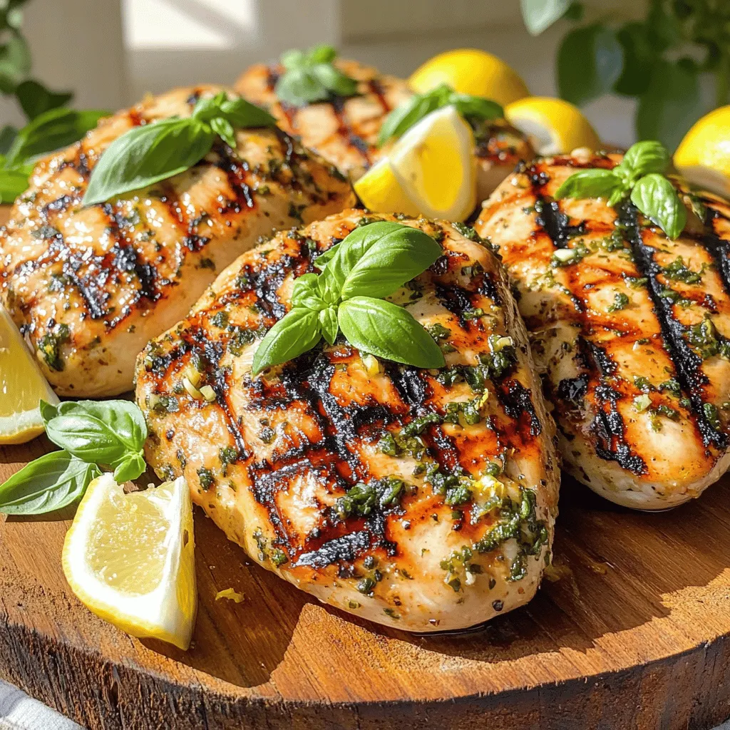 To make Lemon Basil Grilled Chicken, you will need: - 4 boneless, skinless chicken breasts - 1/4 cup fresh lemon juice - Zest of 1 lemon - 1/4 cup fresh basil, finely chopped - 2 cloves garlic, minced - 3 tablespoons olive oil - Salt and pepper to taste - Lemon wedges for serving For added flavor, consider using: - A teaspoon of honey for sweetness - A pinch of red pepper flakes for heat When choosing your ingredients, always go for fresh and high-quality items. Fresh basil adds a bright taste. Use fresh lemons for juice and zest. Look for chicken that is firm and pink, not gray or slimy. This care ensures you create a dish that is both tasty and safe to eat. You can find the full recipe in the section above. To make the marinade, start with a bowl. Mix together 1/4 cup fresh lemon juice, the zest of one lemon, 1/4 cup finely chopped basil, and 2 minced garlic cloves. Add 3 tablespoons of olive oil, salt, and pepper to taste. This mix gives your chicken a bright and fresh flavor. To ensure full coating, use a large resealable plastic bag or a shallow dish. Place the chicken breasts inside and pour the marinade over them. Make sure each piece gets a good coat of the marinade. Seal the bag or cover the dish, then refrigerate it. Marinate for at least 30 minutes, but you can go up to 2 hours for more flavor. Correctly preheating your grill is key. Set it to medium-high heat. This helps achieve that nice sear on your chicken. Once preheated, remove the chicken from the marinade and let excess drip off. Discard any leftover marinade. Cook the chicken on the grill for about 6-7 minutes on each side. Use a meat thermometer to check the internal temperature. It should reach 165°F (75°C). Look for the chicken to be no longer pink inside, which means it's done. After grilling, let the chicken rest for about 5 minutes. This helps it keep its juices. When ready, slice the chicken into strips. Serve it with lemon wedges on the side for an extra kick. For side dishes, consider a fresh salad or grilled vegetables. You can also pair it with rice or quinoa for a complete meal. To make your plate pop, arrange the sliced chicken on a colorful platter. Garnish with fresh basil leaves and lemon wedges for a vibrant look. To make Lemon Basil Grilled Chicken even better, try adding more herbs. Thyme, oregano, or parsley work well. They add depth and freshness. You can also boost the citrus taste. Add orange or lime juice to the marinade. A little zest from these fruits can brighten up the dish. Balance is key, so taste as you mix. Keep adding salt and pepper until it feels just right. Having the right tools makes grilling easier. Use a good grill brush and tongs. These help manage the chicken while cooking. To prevent sticking, always oil the grill grates. You can also coat the chicken lightly with oil. This will help it lift off easily. To get those nice grill marks, don’t move the chicken too much. Let it sit and sear for a few minutes before flipping. One big mistake is over-marinating the chicken. If you let it soak too long, it can become mushy. Aim for 30 minutes to 2 hours for the best texture. Grilling at the wrong temperature can also ruin your meal. Medium-high heat is best for juicy chicken. Lastly, always let the chicken rest after grilling. This keeps the juices in and makes each bite flavorful. {{image_2}} If you want to switch things up, turkey or fish works great as a substitute for chicken. Turkey has a similar texture and absorbs flavors well. For fish, a firm type like salmon or swordfish is ideal. Just keep in mind that fish cooks faster than chicken. Adjust your cooking time to avoid drying it out. When using other meats, tweak the marinade. For turkey, add a bit more lemon juice for a zesty kick. If you choose fish, consider reducing the garlic and increasing the basil for a fresher taste. Each protein brings a unique twist to this dish. You can easily change the flavor of your Lemon Basil Grilled Chicken. Adding honey can give it a sweet note. A touch of mustard adds a nice tang. Both options marry well with the lemon and basil. Using different herbs can also change things up. Try adding rosemary or thyme for a warm, earthy flavor. You could even use cilantro or parsley for a fresh twist. These small swaps can lead to big flavor differences. If grilling isn’t your style, you can oven-bake the chicken instead. Preheat the oven to 400°F (200°C) and bake for about 25 minutes. This method keeps the chicken juicy while allowing the flavors to meld nicely. Another option is using a slow cooker. This method makes the chicken super tender. Just place the marinated chicken in the slow cooker on low for 4-6 hours. You’ll end up with a delightful meal with minimal effort. For the full recipe, check out the Lemon Basil Grilled Chicken recipe! To keep your Lemon Basil Grilled Chicken fresh, store it in the fridge. Place it in an airtight container. This helps keep the chicken moist. You can also wrap it tightly in plastic wrap. The goal is to reduce air exposure. If you want to save it for later, freezing works great too. Wrap each piece in plastic wrap. Then, place them in a freezer bag. Squeeze out as much air as you can before sealing. This method helps prevent freezer burn. When reheating, keep the chicken juicy. The best method is to use the oven. Preheat it to 350°F (175°C). Place the chicken in a baking dish and cover it with foil. This keeps moisture in while it warms. Another option is a stovetop skillet. Heat a little oil over medium heat. Add the chicken and cover the pan. This helps it heat evenly. Avoid using high heat, as this can dry it out. Lemon Basil Grilled Chicken lasts about 3 to 4 days in the fridge. Make sure to check for freshness before eating. If the chicken smells off or has a slimy texture, it's best to throw it away. Always trust your senses; they guide you well in the kitchen. Lemon Basil Grilled Chicken pairs well with many sides. You can serve it with: - A fresh green salad with tomatoes and cucumbers. - Grilled vegetables like zucchini and bell peppers. - Fluffy rice or quinoa for a filling option. - Roasted potatoes for a hearty side. For drinks, a crisp white wine complements the flavors. Lemonade or iced tea also works well. These choices enhance the meal and make it more enjoyable. Yes, marinating the chicken overnight works great! This longer time lets the flavors soak in more. It makes the chicken juicier and tastier. To marinate overnight, follow these tips: - Use a resealable bag or a glass dish for the marinade. - Keep it in the fridge to stay fresh. - Make sure all parts of the chicken are coated well. Yes, this recipe is gluten-free! The main ingredients like chicken, lemon, and basil do not contain gluten. However, always check for hidden gluten in: - Pre-made marinades or sauces. - Seasonings that might have additives. If you follow the recipe as is, you can enjoy a gluten-free meal. To check if the chicken is done, the internal temperature should reach 165°F (75°C). Here are some signs to help you: - The juices run clear, not pink. - The meat feels firm and springs back when you press it. - The outside has a nice golden-brown color. Using a meat thermometer is the best way to ensure your chicken is cooked right. Enjoy your flavorful meal! In this post, we covered how to make Lemon Basil Grilled Chicken. We discussed ingredients, marinating processes, grilling tips, and serving suggestions. We also explored variations and smart storage tips. Remember, the right marinade and grilling time can bring out the best flavors. Keep these tips in mind to avoid common mistakes. I hope you feel ready to impress your family with this tasty dish. Enjoy grilling and experimenting with flavors!