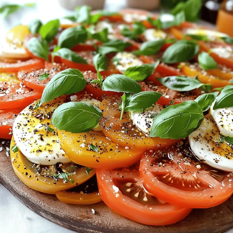 - 3 large ripe tomatoes, sliced - 8 ounces fresh mozzarella cheese, sliced - 1 cup fresh basil leaves - 2 tablespoons balsamic glaze - 2 tablespoons extra virgin olive oil - Salt and freshly cracked black pepper to taste If you want alternatives for fresh mozzarella, try burrata or feta cheese. They offer a similar creamy taste. For balsamic glaze, you can use a simple balsamic vinegar. Just drizzle it lightly over the salad. You can also swap out tomatoes. Use heirloom, cherry, or even grape tomatoes for a fun twist. Each type brings a unique flavor and texture. The ingredients in this salad are fresh and simple. They work together to create a dish that celebrates summer. Each bite bursts with flavor. You won’t need many ingredients for a fresh salad. The quality of each item matters more than quantity. Use ripe tomatoes, creamy mozzarella, and fragrant basil for the best experience. This Caprese salad is perfect for any meal. You can enjoy it as a starter, side dish, or light lunch. The colors and flavors make it a feast for your eyes and taste buds. For the full recipe, check out the details above. - Step 1: Layering tomatoes and mozzarella Start by slicing three large ripe tomatoes. Place them on a big platter. Lay sliced mozzarella cheese on top of the tomatoes. Make sure to overlap them a bit. This makes the dish look nice and colorful. - Step 2: Adding basil leaves Next, take a cup of fresh basil leaves. Tuck these leaves in between the tomato and mozzarella layers. The basil adds a fresh taste and a pop of green color. - Step 3: Drizzling balsamic glaze Now, grab two tablespoons of balsamic glaze. Drizzle it evenly over the top of the salad. This glaze gives a sweet and tangy flavor that complements the fresh ingredients. - Step 4: Adding olive oil Take two tablespoons of extra virgin olive oil. Drizzle it on top next. This not only enhances the flavors but also adds a nice, smooth texture. - Step 5: Seasoning the salad Sprinkle salt and freshly cracked black pepper over the salad. Season generously for the best taste. Adjust the amount based on your preference. - Step 6: Allowing flavors to meld Let the salad sit for about five minutes. This time allows the flavors to blend well. It helps create a delicious experience for your taste buds. For more details on making this Caprese delight, check out the [Full Recipe]. To make your Tomato and Mozzarella Caprese Salad shine, focus on how you serve it. Use a large, flat platter to display the layers of tomatoes and mozzarella. This allows the colors to pop. You can alternate the tomato and cheese slices for a lovely visual effect. Add a sprinkle of fresh basil on top to create a bright green contrast. Serve some extra balsamic glaze in a small bowl on the side. This gives guests a chance to add more if they like. To take your salad to the next level, try adding toppings. Thinly sliced avocado or grilled peaches can boost the dish. Pine nuts or walnuts can add a nice crunch, too. If you want to balance acidity, consider a touch of honey. This can help the tomatoes' tartness. A little sweetness makes every bite better. Adjust the salt and pepper to match your taste. These simple tips can transform a classic dish into something special. For the full recipe, check out the Caprese Delight section. {{image_2}} The classic Caprese salad is simple and fresh. It features ripe tomatoes, creamy mozzarella, and crisp basil. You can add a twist by using heirloom tomatoes for color. Another fun option is to use burrata instead of mozzarella. Burrata adds an extra creaminess you will love. You can also swap fresh basil for arugula. Arugula brings a peppery note that changes the flavor. Pair your Caprese salad with crusty bread or grilled veggies. It also goes well with a light pasta dish. For special events, serve it as a starter at a dinner party. This salad shines in summer, at picnics, or family barbecues. It’s a crowd-pleaser that sparks joy and conversation. Whether you serve it as a side or main, it’s always a hit. Check out the Full Recipe to get more ideas for serving. To keep your Caprese salad fresh, store it in an airtight container. Place it in the fridge. Use it within two days for the best flavor. If you have leftovers, try to keep the ingredients separate. This helps maintain their taste and texture. Store the tomatoes and mozzarella apart from the basil. Avoid adding balsamic glaze until you serve. This keeps the salad from getting soggy. Freezing Caprese salad is not recommended. Fresh tomatoes and mozzarella do not freeze well. They lose their texture and flavor when thawed. Instead, if you want to save the ingredients, freeze them separately. You can freeze basil by chopping it and mixing it with olive oil. Pour into an ice cube tray and freeze. When you want to use frozen basil, simply pop out a cube. Add it to sauces or soups for added flavor. Reheating is not needed for Caprese salad. Serve it cold for the best experience. Enjoy the fresh taste, and remember, the beauty is in the freshness. For the full recipe, check the Caprese Delight section. How do you choose the best mozzarella for Caprese salad? Choose fresh mozzarella for the best flavor. Look for mozzarella packed in water. It should feel soft and springy when you press it. The best mozzarella has a creamy taste and a slight tang. Can I make the salad in advance? Yes, but keep the salad fresh. You can slice the tomatoes and mozzarella ahead of time. Store them separately in the fridge. Assemble the salad just before serving to keep it crisp. What is the best way to cut tomatoes for salads? Use a sharp knife to cut tomatoes. Slice them into even rounds, about a quarter-inch thick. This size allows the flavors to mix well. You can also cut them into wedges for a different look. Check out the Full Recipe for step-by-step instructions! This article shared easy steps to make a Caprese salad. You learned about the best fresh ingredients and how to layer them. Tips for better flavor and great presentation were also included. Different ways to serve and store the salad help you make it last. Follow these steps for a delicious dish that suits any occasion. Enjoy this classic salad or try a twist with fun additions. Your fresh and tasty Caprese salad awaits!