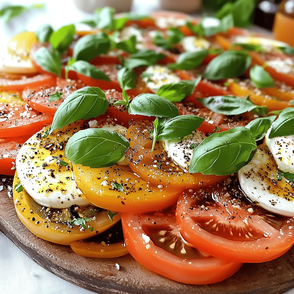 - 3 large ripe tomatoes, sliced - 8 ounces fresh mozzarella cheese, sliced - 1 cup fresh basil leaves - 2 tablespoons balsamic glaze - 2 tablespoons extra virgin olive oil - Salt and freshly cracked black pepper to taste If you want alternatives for fresh mozzarella, try burrata or feta cheese. They offer a similar creamy taste. For balsamic glaze, you can use a simple balsamic vinegar. Just drizzle it lightly over the salad. You can also swap out tomatoes. Use heirloom, cherry, or even grape tomatoes for a fun twist. Each type brings a unique flavor and texture. The ingredients in this salad are fresh and simple. They work together to create a dish that celebrates summer. Each bite bursts with flavor. You won’t need many ingredients for a fresh salad. The quality of each item matters more than quantity. Use ripe tomatoes, creamy mozzarella, and fragrant basil for the best experience. This Caprese salad is perfect for any meal. You can enjoy it as a starter, side dish, or light lunch. The colors and flavors make it a feast for your eyes and taste buds. For the full recipe, check out the details above. - Step 1: Layering tomatoes and mozzarella Start by slicing three large ripe tomatoes. Place them on a big platter. Lay sliced mozzarella cheese on top of the tomatoes. Make sure to overlap them a bit. This makes the dish look nice and colorful. - Step 2: Adding basil leaves Next, take a cup of fresh basil leaves. Tuck these leaves in between the tomato and mozzarella layers. The basil adds a fresh taste and a pop of green color. - Step 3: Drizzling balsamic glaze Now, grab two tablespoons of balsamic glaze. Drizzle it evenly over the top of the salad. This glaze gives a sweet and tangy flavor that complements the fresh ingredients. - Step 4: Adding olive oil Take two tablespoons of extra virgin olive oil. Drizzle it on top next. This not only enhances the flavors but also adds a nice, smooth texture. - Step 5: Seasoning the salad Sprinkle salt and freshly cracked black pepper over the salad. Season generously for the best taste. Adjust the amount based on your preference. - Step 6: Allowing flavors to meld Let the salad sit for about five minutes. This time allows the flavors to blend well. It helps create a delicious experience for your taste buds. For more details on making this Caprese delight, check out the [Full Recipe]. To make your Tomato and Mozzarella Caprese Salad shine, focus on how you serve it. Use a large, flat platter to display the layers of tomatoes and mozzarella. This allows the colors to pop. You can alternate the tomato and cheese slices for a lovely visual effect. Add a sprinkle of fresh basil on top to create a bright green contrast. Serve some extra balsamic glaze in a small bowl on the side. This gives guests a chance to add more if they like. To take your salad to the next level, try adding toppings. Thinly sliced avocado or grilled peaches can boost the dish. Pine nuts or walnuts can add a nice crunch, too. If you want to balance acidity, consider a touch of honey. This can help the tomatoes' tartness. A little sweetness makes every bite better. Adjust the salt and pepper to match your taste. These simple tips can transform a classic dish into something special. For the full recipe, check out the Caprese Delight section. {{image_2}} The classic Caprese salad is simple and fresh. It features ripe tomatoes, creamy mozzarella, and crisp basil. You can add a twist by using heirloom tomatoes for color. Another fun option is to use burrata instead of mozzarella. Burrata adds an extra creaminess you will love. You can also swap fresh basil for arugula. Arugula brings a peppery note that changes the flavor. Pair your Caprese salad with crusty bread or grilled veggies. It also goes well with a light pasta dish. For special events, serve it as a starter at a dinner party. This salad shines in summer, at picnics, or family barbecues. It’s a crowd-pleaser that sparks joy and conversation. Whether you serve it as a side or main, it’s always a hit. Check out the Full Recipe to get more ideas for serving. To keep your Caprese salad fresh, store it in an airtight container. Place it in the fridge. Use it within two days for the best flavor. If you have leftovers, try to keep the ingredients separate. This helps maintain their taste and texture. Store the tomatoes and mozzarella apart from the basil. Avoid adding balsamic glaze until you serve. This keeps the salad from getting soggy. Freezing Caprese salad is not recommended. Fresh tomatoes and mozzarella do not freeze well. They lose their texture and flavor when thawed. Instead, if you want to save the ingredients, freeze them separately. You can freeze basil by chopping it and mixing it with olive oil. Pour into an ice cube tray and freeze. When you want to use frozen basil, simply pop out a cube. Add it to sauces or soups for added flavor. Reheating is not needed for Caprese salad. Serve it cold for the best experience. Enjoy the fresh taste, and remember, the beauty is in the freshness. For the full recipe, check the Caprese Delight section. How do you choose the best mozzarella for Caprese salad? Choose fresh mozzarella for the best flavor. Look for mozzarella packed in water. It should feel soft and springy when you press it. The best mozzarella has a creamy taste and a slight tang. Can I make the salad in advance? Yes, but keep the salad fresh. You can slice the tomatoes and mozzarella ahead of time. Store them separately in the fridge. Assemble the salad just before serving to keep it crisp. What is the best way to cut tomatoes for salads? Use a sharp knife to cut tomatoes. Slice them into even rounds, about a quarter-inch thick. This size allows the flavors to mix well. You can also cut them into wedges for a different look. Check out the Full Recipe for step-by-step instructions! This article shared easy steps to make a Caprese salad. You learned about the best fresh ingredients and how to layer them. Tips for better flavor and great presentation were also included. Different ways to serve and store the salad help you make it last. Follow these steps for a delicious dish that suits any occasion. Enjoy this classic salad or try a twist with fun additions. Your fresh and tasty Caprese salad awaits!