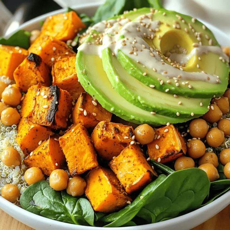 - 1 large sweet potato, peeled and cubed - 1 can (15 oz) chickpeas, drained and rinsed - 1 tablespoon olive oil - 1 teaspoon cumin - 1 teaspoon smoked paprika - Salt and pepper to taste - 2 cups cooked quinoa - 1 avocado, sliced - 1 cup baby spinach - 1/4 cup tahini - 2 tablespoons lemon juice - 2 tablespoons water - 1 tablespoon maple syrup (optional) - Sesame seeds for garnish The sweet potato brings a rich, sweet flavor. It also adds creaminess to the bowl. Chickpeas add protein and fiber, making the dish filling. Olive oil provides healthy fats and helps with roasting. Cumin and smoked paprika give depth and warmth. Salt and pepper enhance all the flavors. You will love how they work together. The quinoa is a great base, adding texture and nutrients. Avocado brings creaminess and healthy fats. Baby spinach adds a fresh touch. The tahini dressing ties it all together with its nutty flavor. Lemon juice adds brightness. Maple syrup can add a touch of sweetness, but it is optional. Sesame seeds make a lovely garnish, adding crunch. This mix of ingredients creates a tasty and healthy meal. You can find the full recipe above for step-by-step instructions. Enjoy making this colorful Buddha bowl! - Preheat the oven to 400°F (200°C). - Peel and cube the sweet potato. - Drain and rinse the chickpeas. First, I set my oven to heat up. This step is key for getting a nice roast. I peel the sweet potato and chop it into cubes. I also grab a can of chickpeas, drain it, and rinse them under cold water. This helps remove the canning liquid and makes them taste better. - Toss ingredients in olive oil and spices. - Roast in the oven. Next, I take a mixing bowl and toss the sweet potato cubes and chickpeas with olive oil. I add cumin, smoked paprika, salt, and pepper. This mix gives a great flavor. I spread the sweet potato and chickpeas on a baking sheet lined with parchment paper. I roast them in the oven for about 25 to 30 minutes. I stir halfway through to ensure an even roast. The sweet potatoes should be tender and slightly caramelized when done. - Prepare tahini dressing. - Layer ingredients in bowls. - Drizzle dressing and garnish. While the mixture roasts, I whip up a tahini dressing. I mix tahini, lemon juice, water, and maple syrup in a small bowl until smooth. I adjust the thickness with more water if needed. After the sweet potato and chickpeas finish roasting, I grab two bowls. I layer cooked quinoa, a handful of baby spinach, and the roasted sweet potato and chickpeas. I place avocado slices on top. Finally, I drizzle the tahini dressing over each bowl and sprinkle sesame seeds for a nice touch. For the full recipe, refer to the detailed instructions provided earlier. - Achieving the perfect roast on sweet potatoes: To get sweet potatoes just right, cut them into equal cubes. This helps them cook evenly. Toss them with olive oil and spices before roasting. Keep an eye on them as they roast, stirring halfway through. This step helps them caramelize nicely while avoiding burning. - How to avoid mushy chickpeas: Start with well-drained chickpeas. If you use canned chickpeas, rinse them under cold water. This washes away extra starch. Toss them with olive oil and spices before roasting. This method gives them a crisp texture, making them a tasty addition to your bowl. - Best sides to pair with the Buddha bowl: This Buddha bowl works well with fresh sides. Try a simple green salad or some crunchy raw veggies. You can also serve it with a slice of crusty bread or whole grain pita. These sides add more texture and flavor to your meal. - Portion size recommendations: For a balanced meal, aim for one cup of quinoa, half a sweet potato, and a quarter can of chickpeas per bowl. Adjust portions based on your hunger level. Add more salad or veggies if you want a lighter meal. - Customizing the tahini dressing: You can tweak the tahini dressing to fit your taste. If you like it tangy, add more lemon juice. For a sweeter touch, mix in a bit of maple syrup. If the dressing is too thick, add water slowly until you reach your desired consistency. - Alternative dressing ideas: If tahini isn't your thing, try a yogurt-based dressing or a simple olive oil and vinegar mix. These options add different flavors while keeping your bowl fresh and delicious. Experiment with herbs for extra zest. You can find the full recipe for a Sweet Potato Chickpea Buddha Bowl [Full Recipe]. {{image_2}} You can change the grains in your Buddha bowl. Try using brown rice or farro instead of quinoa. Both have great textures and flavors. You can also mix in different veggies. Roasted broccoli, bell peppers, or zucchini work well. Each adds its own taste and color. To boost flavor, explore different spices. Add curry powder for warmth or chili powder for heat. You can change the vibe with smoked paprika or garlic powder too. Fresh herbs make a big difference. Sprinkle cilantro or parsley on top for a fresh touch. These herbs add brightness to your bowl. This recipe is vegan and gluten-free. If you want a nut-free option, swap tahini for sunflower seed butter. This keeps the creaminess without the risk of nuts. Use a simple lemon and olive oil dressing if you prefer. Just mix lemon juice, olive oil, and a pinch of salt for a quick fix. For the full recipe, check out the original Sweet Potato Chickpea Buddha Bowl. Enjoy experimenting and making it your own! To keep your Sweet Potato Chickpea Buddha Bowl fresh, store leftovers in airtight containers. This keeps out air and moisture. Place them in the fridge within two hours of cooking. The flavors blend better overnight. For best taste, eat leftovers within three days. When reheating, do it slowly in the microwave or on the stove. Add a splash of water to keep the quinoa moist. Stir occasionally to avoid hot spots. You want each bite warm, not dried out. Batch cooking makes meal prep easy. Roast a big batch of sweet potatoes and chickpeas at once. Cook extra quinoa to save time. Store these items separately in the fridge. For quick assembly, keep all components ready. Grab a bowl, add quinoa, spinach, and the roasted mix. Top with avocado and tahini dressing when you’re ready to eat. This way, you enjoy fresh meals throughout the week. The ingredients in your Buddha bowl have different shelf lives. Cooked quinoa lasts about five days in the fridge. Roasted sweet potatoes and chickpeas can stay fresh for up to three days. Check for signs of spoilage. If the sweet potatoes smell sour or feel slimy, toss them. Chickpeas that are mushy or have off odors are also bad. Always trust your senses to keep meals safe and tasty. For the full recipe, check out the Sweet Potato Chickpea Buddha Bowl! What’s the best way to cook sweet potatoes? The best way to cook sweet potatoes is to roast them. This brings out their natural sweetness. You can peel and cube them, then toss with olive oil and spices. Roast at 400°F (200°C) for 25-30 minutes. They should be tender and slightly caramelized. This method keeps them flavorful and nutritious. Can I make this ahead of time? Yes, you can make this Buddha bowl ahead of time. Cook the sweet potatoes and chickpeas, then store them in the fridge. Keep the quinoa, spinach, and avocado separate until you're ready to eat. This way, everything stays fresh. Reheat the sweet potatoes and chickpeas before serving for the best taste. How many calories in a Sweet Potato Chickpea Buddha Bowl? A typical Sweet Potato Chickpea Buddha Bowl has about 600 calories per serving. This depends on the specific amounts of each ingredient. The bowl is filling and packed with nutrients, making it a great meal choice. What are the health benefits of the ingredients? Sweet potatoes are high in fiber and vitamins. They help with digestion and boost your immune system. Chickpeas provide protein and iron, which are important for energy. Quinoa is a complete protein, meaning it has all essential amino acids. Avocado adds healthy fats, and spinach is rich in vitamins and minerals. Can I use canned sweet potatoes? Yes, you can use canned sweet potatoes for convenience. Just drain them well and rinse. However, canned sweet potatoes may be softer than fresh ones. This means they might not roast as well. You can add them toward the end of the cooking time to warm them through. What can I substitute for tahini? If you don't have tahini, you can use peanut butter or almond butter. Both will give a creamy texture and a nutty flavor. You can also blend plain yogurt as a substitute for a different taste. Just adjust the lemon juice and salt to balance the flavor. For a nut-free option, try using sunflower seed butter. This blog post covers how to make a delicious Sweet Potato Chickpea Buddha Bowl. You learned about key ingredients, like sweet potatoes, chickpeas, and spices, and how to combine them into tasty meals. I shared tips for cooking and serving, along with ideas for variations and storage. You can enjoy this meal in many ways. Feel free to mix things up based on your taste. Prepare it ahead and enjoy healthy meals all week!