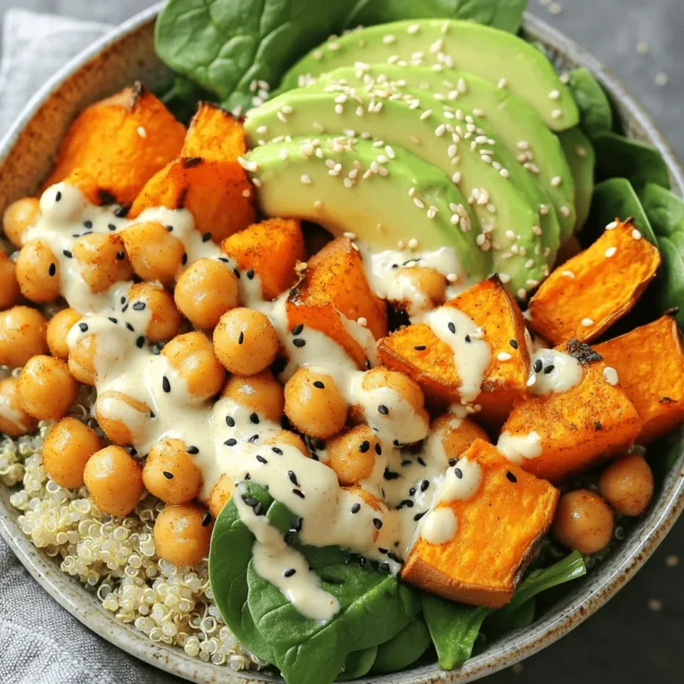 To make a Sweet Potato Chickpea Buddha Bowl, gather these ingredients: - 2 medium sweet potatoes, peeled and cubed - 1 can (15 oz) chickpeas, drained and rinsed - 1 tablespoon olive oil - 1 teaspoon smoked paprika - 1 teaspoon ground cumin - Salt and pepper to taste - 2 cups cooked quinoa - 1 cup baby spinach - 1 avocado, sliced - 1/4 cup tahini - 2 tablespoons lemon juice - 1 tablespoon maple syrup - 1/4 cup water (add more for desired consistency) - Sesame seeds for garnish These ingredients come together to create a filling meal. Sweet potatoes provide natural sweetness and fiber. Chickpeas add protein and texture. Quinoa serves as a hearty base, while avocado brings creaminess. The tahini dressing ties everything together with its rich flavor. You can find the full recipe to guide you through each step. - Preheat the oven to 400°F (200°C). - Toss the sweet potatoes and chickpeas with olive oil, smoked paprika, cumin, salt, and pepper. First, you need to preheat your oven. This step is key for roasting. Set it to 400°F (200°C). While the oven warms up, get your sweet potatoes and chickpeas ready. Take your sweet potatoes and peel them. Then, cut them into cubes. Open the can of chickpeas, drain, and rinse them well. In a bowl, mix the sweet potatoes and chickpeas with olive oil. Add smoked paprika, ground cumin, salt, and pepper. This mix gives great flavor. - Spread on a baking sheet and roast for 25-30 minutes, turning halfway. Once mixed, spread the sweet potatoes and chickpeas on a baking sheet. Make sure they are in a single layer. This helps them cook evenly. Roast them in the oven for about 25-30 minutes. Halfway through, turn them to ensure they brown nicely. You want them tender and slightly crispy. - Prepare tahini dressing and assemble the bowl with quinoa and toppings. While the veggies roast, prepare the tahini dressing. In a small bowl, whisk together tahini, lemon juice, maple syrup, and water. Adjust the water to get your desired thickness. Now, let’s assemble your Buddha bowl. In each serving bowl, add cooked quinoa as the base. Top it with your roasted sweet potatoes, chickpeas, fresh spinach, and sliced avocado. Finally, drizzle the tahini dressing on top. Sprinkle with sesame seeds for extra flavor. Enjoy your Sweet Potato Chickpea Buddha Bowl! For the full recipe, check out the detailed instructions. To get the best flavor from your sweet potatoes and chickpeas, spread them out well. This means placing them in a single layer on the baking sheet. If they are too close together, they can steam instead of roast. This can make them soggy. The goal is to get crispy edges and soft centers. Roasting at 400°F (200°C) helps achieve this perfect texture. The tahini dressing is a key part of your Buddha bowl. If you want a thicker dressing, use less water. For a thinner texture, add more water. You can also tweak the flavor by adding more lemon juice or maple syrup. Taste as you go! This way, you can find the right balance that you enjoy most. Your Buddha bowl can be even more special with extra toppings. Try adding roasted nuts for crunch or fresh herbs for brightness. You can also include cherry tomatoes for a pop of color. A sprinkle of feta cheese adds creaminess, while a handful of sprouts boosts nutrition. Serve the bowl with whole-grain pita on the side for a complete meal. For the full recipe, check out the Sweet Potato Chickpea Buddha Bowl. {{image_2}} You can customize your Sweet Potato Chickpea Buddha Bowl by swapping ingredients. Instead of quinoa, try brown rice or farro. If you want a different protein, use black beans or lentils. For veggies, add roasted broccoli or bell peppers. Mixing up the grains and proteins gives you new flavors and textures. To add more flavor, consider spices and herbs. Try adding garlic powder or chili powder for heat. Fresh herbs like cilantro or parsley can brighten up your bowl. You can also mix in fruits like pomegranate seeds or mango slices. These will give your dish a fresh and sweet twist. You can easily adapt this recipe for various diets. To make it vegan, just use maple syrup in the dressing. For gluten-free, ensure your grains are certified gluten-free. If you want a lower-carb option, swap quinoa for cauliflower rice. These modifications keep the bowl tasty and satisfying for everyone. To keep your Sweet Potato Chickpea Buddha Bowl fresh, store it in an airtight container. Place the bowl in the refrigerator. The leftovers will stay good for about three to four days. Make sure to separate the dressing if you want to keep the texture nice. You can freeze the roasted sweet potatoes and chickpeas. Cool them first, then place them in freezer bags. Remove as much air as you can before sealing. These can last for up to three months in the freezer. When ready to eat, just thaw in the fridge overnight. For reheating, use the oven or a stovetop. Preheat the oven to 350°F (175°C) and spread the sweet potatoes and chickpeas on a baking sheet. Heat for about 10-15 minutes. If using a stovetop, place a pan over medium heat and add a little oil. Stir the mixture until warm. This keeps the texture and flavor just right. For the full recipe, check out the Sweet Potato Chickpea Buddha Bowl. If you need a tahini substitute, you have great options. You can use sunflower seed butter for a nut-free choice. Another option is peanut butter, which adds a different flavor. You can also use yogurt for a creamy texture. Just remember that each substitute will change the taste. Yes, you can make this bowl ahead of time! Prepare the sweet potatoes and chickpeas and store them in the fridge. Cooked quinoa also keeps well. When you are ready to eat, just reheat the veggies and quinoa. Add fresh toppings like spinach and avocado right before serving. This dish is very healthy! Sweet potatoes are full of vitamins and fiber. They help your eyes and boost your immune system. Chickpeas are a great source of plant protein. They help keep you full and support muscle health. Together, they make this bowl a nutritious meal. In this blog post, we explored a tasty Buddha bowl recipe. We covered essential ingredients, step-by-step instructions, and helpful tips. You learned about variations and storage options to keep your meals fresh. These bowls are not only delicious but also healthy and easy to customize. Make it your own with different toppings and flavors. Enjoying a Buddha bowl can bring joy to your meals. Get creative and nourish your body with this versatile dish!