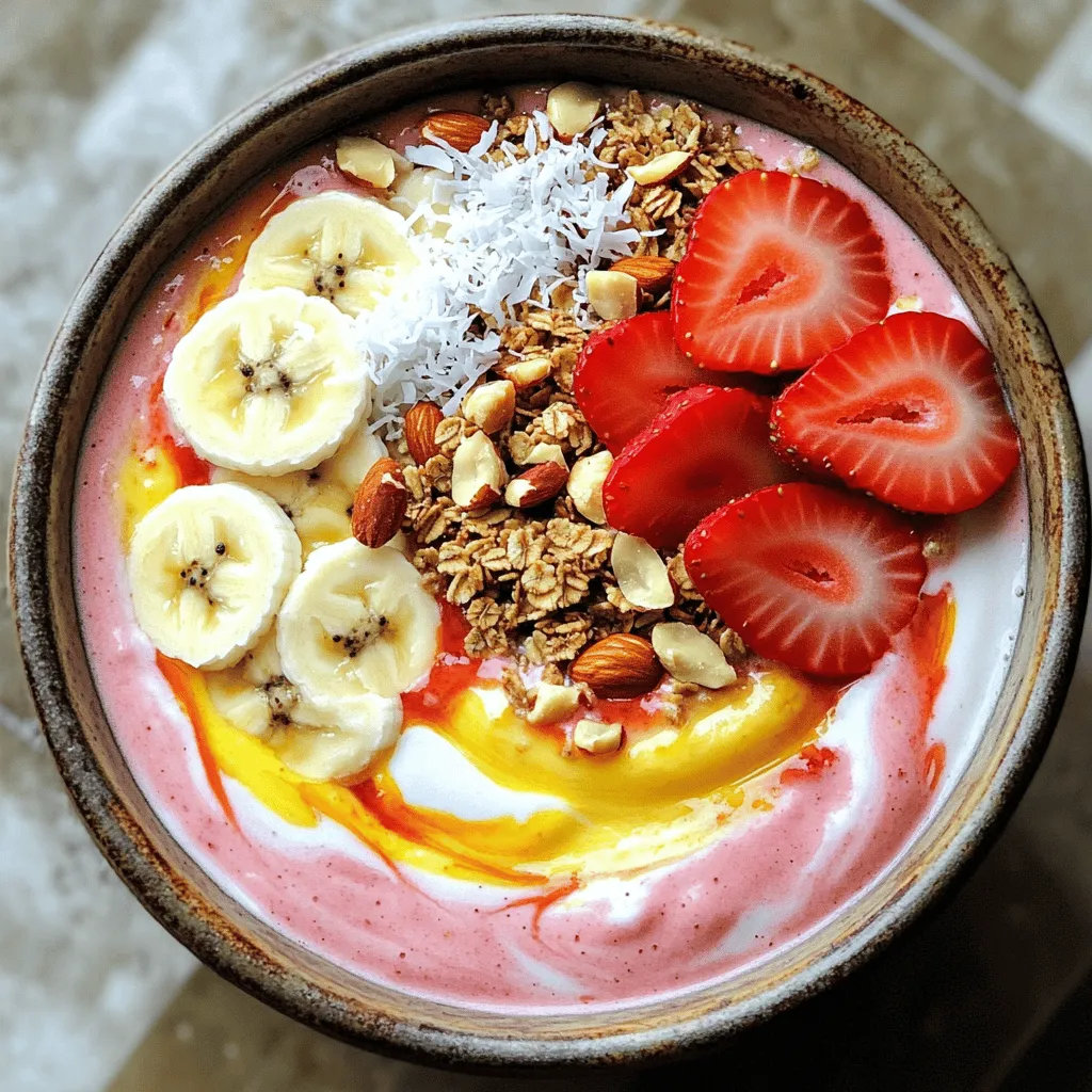 - Fresh or frozen strawberries - Ripe banana - Greek yogurt (plain or vanilla) - Almond milk (or any milk of choice) The main ingredients create a tasty base for your smoothie bowl. You can use fresh strawberries or frozen ones. Both work well, but frozen gives a creamier texture. The ripe banana adds natural sweetness and creaminess. Greek yogurt gives a nice thickness and tang. Almond milk, or any milk you like, helps blend it all together. - Honey - Maple syrup You can make your bowl sweeter with honey or maple syrup. If you like it sweet, add a tablespoon of either. Taste the mix before adding more. You want it just right for your taste buds. - Sliced banana - Sliced strawberries - Granola - Shredded coconut - Nuts or seeds Toppings make your smoothie bowl look fun and tasty! You can add sliced banana and strawberries for color. Granola gives a nice crunch. Shredded coconut adds flavor and texture. Nuts or seeds pack a protein punch. Get creative and mix and match your toppings! Check out the Full Recipe for more ideas. To make your Strawberry Banana Smoothie Bowl, start by blending the ingredients. Gather all your items first. You will need fresh or frozen strawberries, a ripe banana, Greek yogurt, almond milk, honey or maple syrup, and chia seeds. 1. Place the strawberries, banana, yogurt, almond milk, and chia seeds into the blender. 2. If you like it sweeter, add honey or maple syrup. 3. Blend on high speed until it is smooth and creamy. Pause to scrape the sides if needed. Next, adjust sweetness to suit your taste. After blending, taste your smoothie. If it’s not sweet enough, add a bit more honey or maple syrup and blend again. Now, it's time to plate and serve your smoothie bowl. Pour the blended smoothie into a bowl. Make sure it looks nice and thick. Decorate the top with your favorite toppings. You can add slices of banana and strawberries for color. A handful of granola gives it a nice crunch. Sprinkle shredded coconut and a few nuts or seeds on top for extra flavor. Serve your smoothie bowl right away for the best taste. The fresh ingredients will shine when it’s fresh. Enjoy it with a spoon! This bowl is not just tasty; it also looks beautiful. Dive in and savor each bite. For the complete recipe, check the Full Recipe section. To get the right texture, adjust the liquid. If you want a thicker bowl, use less almond milk. For a thinner mix, add more milk. This lets you control how you like your smoothie bowl. Use a good blender. Start blending on low, then increase to high. Stop and scrape the sides. This makes sure everything blends well. Blend until your mixture is smooth and creamy. For a sweeter taste, add a splash of vanilla extract. This can really lift the flavor of your smoothie. You can also sprinkle in some cinnamon. It adds warmth and pairs well with bananas. If you prefer dairy-free, swap Greek yogurt with coconut yogurt. This keeps the bowl creamy without dairy. You can also add protein powder or greens. A scoop of protein fits well, and spinach blends in nicely without changing the taste. Explore these tips to make your strawberry banana smoothie bowl even better! For the complete recipe, check the Full Recipe section. {{image_2}} You can mix up your smoothie bowl with other fruits. A mixed berry smoothie bowl is a tasty option. Use ripe strawberries, blueberries, and raspberries for a burst of flavor. Just blend them with yogurt and milk. You can also try a tropical smoothie bowl with pineapple. This adds bright notes and a sweet twist. Blend pineapple chunks with bananas for a sunny treat. Want to boost your smoothie bowl? Add superfoods like spinach or kale. These greens add nutrients without changing the taste much. Just a handful makes a difference. You can also use nut butters for extra creaminess. Almond or peanut butter gives a rich texture and flavor. Just a spoonful will do. Change your smoothie bowl with the seasons. In summer, add ripe peaches for a juicy twist. Blend them in with your strawberries and bananas. For fall, try a pumpkin spice version. Use pumpkin puree and a pinch of cinnamon to warm things up. This makes your bowl cozy and perfect for cooler days. You can find the full recipe details to create your perfect Strawberry Banana Smoothie Bowl. You may have leftover smoothie bowl after enjoying it. To keep it fresh, store it in the fridge. Place it in an airtight container. This keeps air out and helps maintain flavor. Consume the leftovers within 24 hours for best taste. If you want to store it longer, freezing is a great option. Pour the leftover smoothie into ice cube trays. Once frozen, pop the cubes into a bag. This way, you can enjoy your smoothie bowl later. Just blend the cubes with some milk when you’re ready. For the fridge, use airtight containers. These help prevent spills and keep flavors intact. Make sure the lid closes tightly. For freezing, ice cube trays work best. They allow you to portion the smoothie easily. You can grab a few cubes at a time. This makes quick breakfasts or snacks easy! If you want the full recipe, check out the Strawberry Banana Bliss Bowl. To make your smoothie bowl thicker, use less liquid. Try these tips: - Add more frozen fruit. - Use less almond milk. - Mix in oats or nuts. - Blend in less yogurt. These steps help create a creamy texture that stays in the bowl. Yes, you can easily make this recipe vegan. Here are some swaps: - Use coconut yogurt instead of Greek yogurt. - Replace almond milk with any plant-based milk. - Skip honey and use maple syrup instead. These changes keep the flavors bright and fresh while being vegan-friendly. If you need a substitute for Greek yogurt, try these options: - Silken tofu can provide a creamy texture. - Coconut yogurt adds a nice flavor. - Cashew cream is rich and smooth. These alternatives work well and keep your bowl delicious. This article explored how to create a delicious smoothie bowl. We discussed main ingredients like strawberries, bananas, and Greek yogurt. I shared tips for sweeteners, toppings, and storage. It’s easy to customize for your taste. Try different fruits or superfoods to enhance flavor and nutrition. Remember to enjoy it fresh and adjust the texture to your liking. With these steps, you can make a tasty, healthy treat any time. Happy blending!