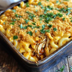 - 8 ounces elbow macaroni - 2 cups cooked chicken, shredded - 1 cup BBQ sauce (your favorite brand) - 2 cups shredded sharp cheddar cheese - 1 cup shredded mozzarella cheese - 1/2 cup cream cheese, softened - 1 teaspoon garlic powder - 1 teaspoon onion powder - Salt and pepper to taste - 1/2 cup panko breadcrumbs - 2 tablespoons parsley, chopped (for garnish) In this dish, the elbow macaroni serves as the perfect base. You want it to be tender but not mushy. The cooked chicken adds protein and pairs well with the BBQ sauce. Choose a BBQ sauce that you love; this really makes the dish pop. The blend of cheddar and mozzarella cheese gives a rich, creamy texture. Cream cheese adds extra creaminess to the mix. For seasonings, garlic powder and onion powder elevate the flavor. A pinch of salt and pepper is all you need for balance. Panko breadcrumbs bring a delightful crunch on top, while fresh parsley brightens the dish with color and freshness. If you want to explore more about the recipe, check out the Full Recipe for details. Start by boiling a large pot of water. Once it starts to bubble, add 8 ounces of elbow macaroni. Cook until it is al dente, which usually takes about 7 to 9 minutes. After the pasta cooks, drain it in a colander and set it aside. In a large mixing bowl, combine 2 cups of shredded chicken with 1 cup of your favorite BBQ sauce. Stir well until the chicken is fully coated in sauce. This adds great flavor to the dish. In a large saucepan, over medium heat, mix 1/2 cup of softened cream cheese, 1 cup of shredded cheddar cheese, and 1 cup of shredded mozzarella cheese. Stir until the cheese melts and the mixture is smooth. Add 1 teaspoon each of garlic powder and onion powder, along with salt and pepper to taste. This makes your cheese sauce rich and delicious. Now, add the cooked macaroni and the BBQ chicken mixture to your cheese sauce. Mix everything well until the pasta is evenly coated and the chicken is spread throughout. This step is key to getting all those tasty flavors in every bite. Next, preheat your oven to 350°F (175°C). Transfer the mac and cheese mixture to a greased 9x13 inch baking dish. Top with the remaining 1 cup of cheddar cheese and sprinkle 1/2 cup of panko breadcrumbs over it for a crunchy topping. Bake for 20 to 25 minutes until the cheese is bubbly and the breadcrumbs are golden brown. For the full recipe, check the link above. Enjoy your meal! To make a smooth cheese sauce, use low heat. Start with cream cheese. It melts well and helps bind the other cheeses. Stir in shredded cheddar and mozzarella. Keep stirring until it melts completely. If you notice clumps, keep stirring. Adding a splash of milk can help smooth it out too. Your choice of BBQ sauce can change the dish. Try sweet, tangy, or spicy BBQ sauces to find your favorite. You can even mix different sauces for a unique taste. For extra heat, add chili powder or cayenne pepper. Just a pinch can make it pop! BBQ Chicken Mac and Cheese is a great main dish. Pair it with a simple green salad for freshness. For a heartier meal, serve it with garlic bread. You can also use it as a side dish at barbecues or potlucks. This dish is sure to please any crowd! For the full recipe, check out the detailed instructions above. {{image_2}} You can switch up the protein in your BBQ Chicken Mac and Cheese. Try using pulled pork instead of chicken. The smoky flavor pairs well with the cheese and BBQ sauce. You can also use ground beef for a hearty twist. For vegetarians, consider using jackfruit as a meat substitute. It has a great texture and absorbs flavors well. Cheese is key in this dish. You can mix and match different cheeses for unique flavors. Consider using gouda or pepper jack for a fun kick. Adding cream sauces can also create a rich, creamy texture. This gives your mac and cheese a gourmet touch, making it stand out. If you want a lighter version, try whole grain pasta. It adds fiber and nutrients. You can also reduce the amount of cheese for a healthier dish. This still keeps the creamy feel without being too heavy. You can use Greek yogurt instead of cream cheese for added protein. To keep your BBQ Chicken Mac and Cheese fresh, store it in the fridge. Place it in an airtight container. It can stay good for about three to four days. If you want to keep it longer, consider freezing it. Use a freezer-safe container or bag. Make sure to remove as much air as possible. It can last up to three months in the freezer. When you're ready to eat, just thaw it in the fridge overnight. When it's time to enjoy your leftovers, reheating them right is key. The best way is to use the oven. Preheat it to 350°F (175°C) and place the mac and cheese in a baking dish. Cover with foil to keep it moist. Bake for about 20 minutes, or until hot. You can also use the microwave, but it may dry out. If you choose the microwave, heat it in short bursts. Stir it often to keep it creamy and delicious. The best BBQ sauce often depends on your taste. Here are some options you might enjoy: - Sweet BBQ sauce adds a nice glaze. - Spicy BBQ sauce brings heat and flavor. - Smoky BBQ sauce adds depth. Try different ones to find your favorite! Yes, you can make BBQ Chicken Mac and Cheese ahead of time. Here are some tips: - Prepare the dish up to the baking step. - Cover it and store it in the fridge for up to 24 hours. - When ready to bake, just add a few extra minutes to the cooking time. Absolutely! Most kids love cheese and chicken. Here are some ways to make it even more appealing: - Use mild cheese for a softer taste. - Cut the chicken into smaller pieces for easy eating. - Offer extra BBQ sauce on the side for dipping. This dish lasts about 3 to 5 days in the fridge when stored well. Here are some storage tips: - Use an airtight container to keep it fresh. - Reheat it gently to maintain texture. If you want to keep it longer, consider freezing it! BBQ Chicken Mac and Cheese combines classic flavors for a tasty dish. You start with elbow macaroni, cooked chicken, and a rich cheese sauce. Mix in BBQ sauce and seasonings for added flavor. Baking brings it all together, topped with breadcrumbs and more cheese. Try different proteins or cheeses to make it your own. Store leftovers properly to enjoy later. This dish is fun and easy for everyone, even picky eaters. Enjoy your cooking adventure!