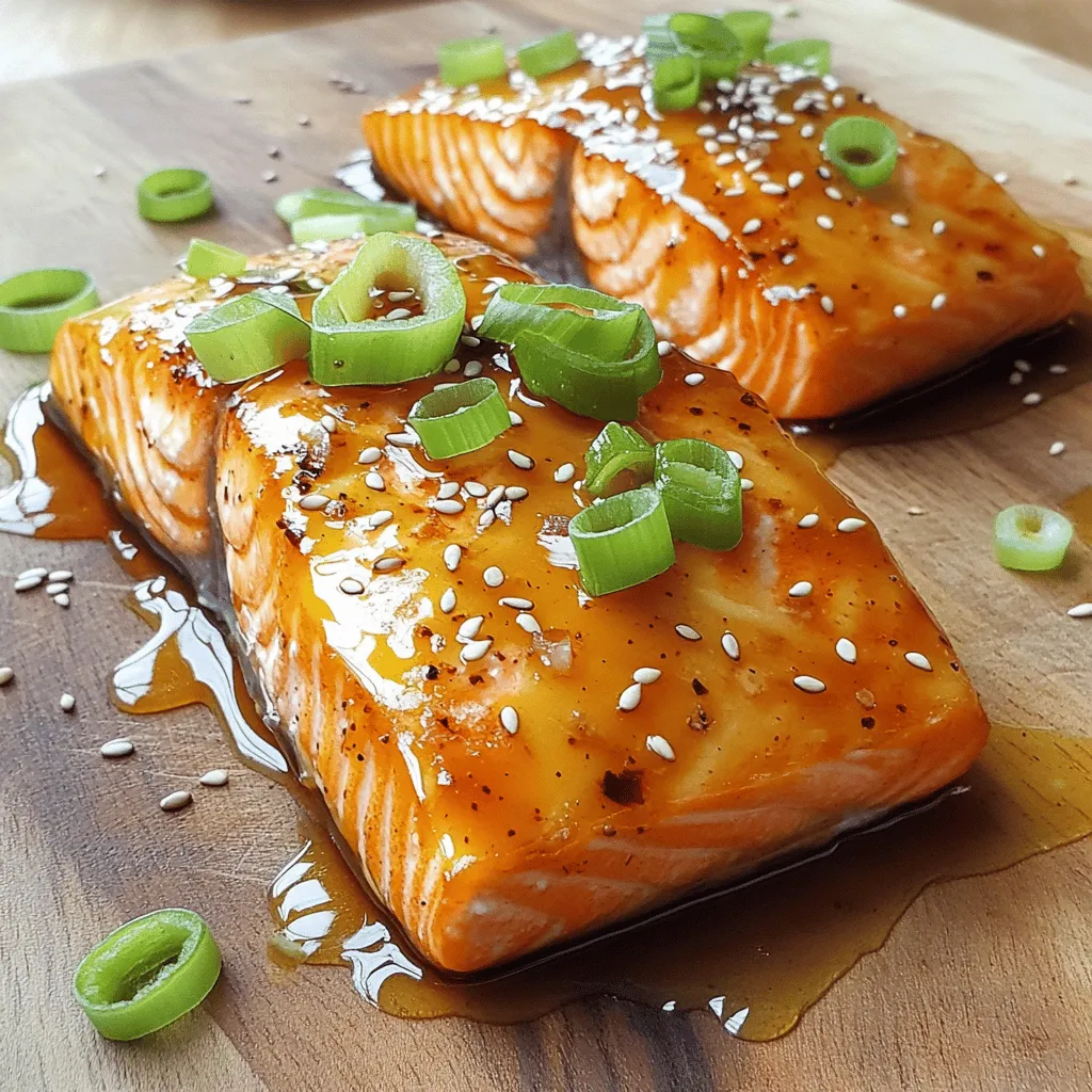 - 4 salmon fillets (about 6 oz each) - 1/4 cup honey - 2 tablespoons soy sauce (low sodium) - 1 tablespoon rice vinegar - 1 teaspoon sriracha (or more to taste) - 2 cloves garlic, minced - 1 tablespoon fresh ginger, grated - 1 tablespoon sesame oil - Salt and pepper to taste - Green onions, sliced (for garnish) - Sesame seeds (for garnish) The main ingredients make the salmon rich and sweet. The honey gives it a nice glaze. Soy sauce adds depth, while rice vinegar brings a bit of tang. The combination creates a balanced flavor. For the marinade, sriracha adds heat. You can adjust it to your taste. Garlic and ginger give it a fresh, zesty kick. Sesame oil rounds out the flavors and adds a nutty taste. Don't forget salt and pepper for seasoning. Garnishes like green onions and sesame seeds make the dish pop. They add color and texture. You can find the full recipe in the article to guide you through each step. To start, you need to make the marinade. In a medium bowl, whisk together the following ingredients: - 1/4 cup honey - 2 tablespoons soy sauce (low sodium) - 1 tablespoon rice vinegar - 1 teaspoon sriracha (or more if you like it hot) - 2 cloves garlic, minced - 1 tablespoon fresh ginger, grated - 1 tablespoon sesame oil This mix gives the salmon its sweet and spicy flavor. If you want more heat, add extra sriracha. Taste it to find the right balance for you. Now, let's get the salmon ready. Season the fillets with salt and pepper on both sides. Place the salmon in a shallow dish or a ziplock bag. Pour the marinade over the salmon, making sure each piece is well coated. This step is key for flavor. I recommend marinating the salmon for at least 30 minutes in the fridge. The longer it sits, the more flavor it will soak up. You can cook the salmon on a grill or in the oven. First, preheat your grill or oven to 400°F (200°C). - Grilling: If you choose to grill, oil the grates to prevent sticking. Grill the salmon for 6-8 minutes on each side. Brush it with extra marinade to boost the flavor. It’s done when it flakes easily with a fork. - Baking: If baking, place the marinated salmon on a lined baking sheet. Bake for about 12-15 minutes, basting halfway through. After cooking, let the salmon rest for a couple of minutes. This helps keep it juicy. Before serving, garnish with sliced green onions and sesame seeds for an extra pop of flavor. Enjoy your Sweet and Spicy Glazed Salmon! For a complete guide, check out the Full Recipe. To get the best glaze, marinate the salmon for at least 30 minutes. This time lets the flavors soak into the fish. If you have more time, try marinating for up to 2 hours for an even bolder taste. When cooking, baste the salmon with the marinade. This helps keep it moist and adds extra flavor. Use a brush or spoon to apply the glaze every few minutes while cooking. To check if your salmon is done, look for the color. The fish should turn from dark pink to a lighter shade. You can also use a fork to test it. If the fish flakes easily, it is ready. Avoid overcooking by watching the time closely. Salmon cooks quickly, so stay nearby. Overcooked salmon can become dry and lose its tasty flavor. For serving, place the salmon on a nice plate. Garnish with sliced green onions and sesame seeds for a pop of color. You can also add a wedge of lime or lemon for a fresh touch. To make the dish look fancy, drizzle some extra glaze around the plate. Serve the salmon with rice or steamed veggies to create a complete meal. For more details, check the Full Recipe for Sweet and Spicy Glazed Salmon. {{image_2}} You might want to change some ingredients in the recipe. Here are some ideas: - Alternate sweeteners: Use maple syrup or agave nectar instead of honey. These options add a unique taste. - Using different sauces: Try teriyaki or hoisin sauce instead of soy sauce. This can give your dish a new twist. You can boost the flavor of your glaze with a few extras: - Additional spices to consider: Add crushed red pepper flakes for more heat. You can also try smoked paprika for a smoky touch. - Adding fruit in glaze: Mix in orange juice or pineapple juice for a fruity flavor. This makes the glaze sweeter and adds depth. How you serve the salmon can make a big difference: - Pairing with side dishes: Serve your salmon with steamed rice or quinoa. Roasted vegetables or a fresh salad are great choices too. - Serving recommendations: Place the salmon on a bed of greens for a colorful plate. Drizzle extra glaze over the top for more flavor. For a full experience, check the Full Recipe for detailed steps! To keep your leftover salmon fresh, place it in an airtight container. Make sure to cool it first. Store it in the fridge for up to three days. If you won't eat it within that time, freeze it. Wrap the salmon tightly in plastic wrap or foil. Then place it in a freezer bag. Properly stored, it can last for up to three months in the freezer. When reheating salmon, you want to keep it moist and tasty. The best way is to use an oven. Preheat your oven to 325°F (165°C). Place the salmon in a baking dish with a splash of water. Cover it with foil to trap steam. Heat for about 15 minutes. You can also use a microwave. Heat it in short bursts, checking often to avoid drying it out. You can expect cooked salmon to stay fresh for about three days in the fridge. If it is frozen, it can last up to three months. Watch for signs of spoilage, like a sour smell or a slimy texture. If you notice these signs, it’s best to discard the salmon. Always trust your senses when checking food freshness. You should marinate salmon for at least 30 minutes. This time allows the flavors to soak in well. For deeper flavor, you can marinate it for up to two hours. Just be careful not to go too long, as the fish can become mushy. Yes, you can use frozen salmon. First, thaw the salmon properly. Place it in the fridge overnight or seal it in a bag and run it under cold water. Once thawed, pat it dry before marinating. This ensures the marinade sticks well. Sweet and spicy glazed salmon pairs nicely with many sides. Here are a few ideas: - Steamed broccoli - Jasmine rice - Quinoa salad - Roasted asparagus - Sweet potato wedges These sides balance the flavors and add color to your plate. Yes, you can adjust the spice levels easily. Start by using less sriracha in the marinade. You can also omit it completely for a milder taste. Adding more honey helps sweeten the dish, making it less spicy. Enjoy the flavors without the heat! For the full recipe, check out the Sweet and Spicy Glazed Salmon section. Sweet and spicy glazed salmon is easy and fun to make. We discussed the right ingredients, like salmon, honey, and soy sauce. I shared steps for marinating and cooking, plus tips for perfecting the glaze. You can even explore different flavors and presentation ideas. Store any leftovers properly to keep them fresh. Follow these tips, and you will enjoy delicious salmon every time. Cooking this dish can inspire your next meal and impress your loved ones!