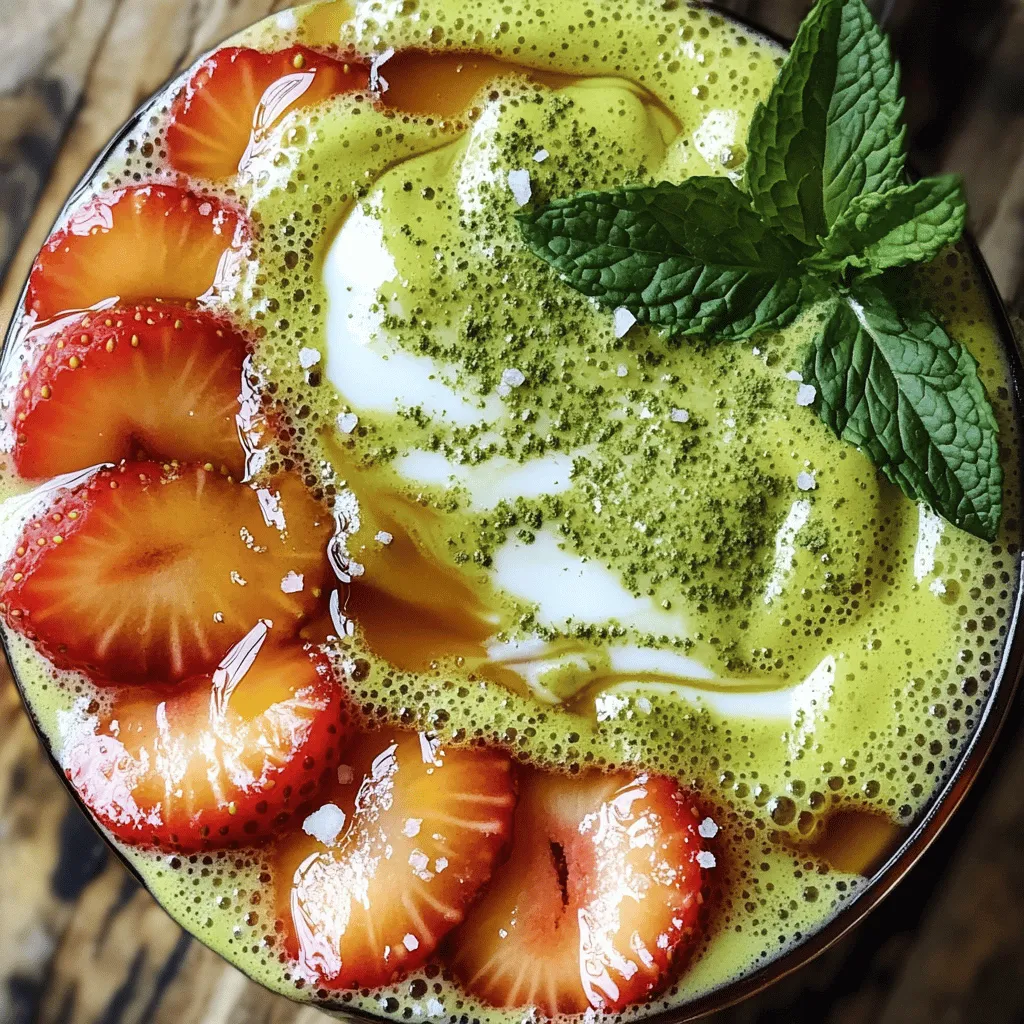 - Fresh strawberries: Use ripe strawberries for the best flavor. They add natural sweetness and vibrant color. - Matcha green tea powder: This powder offers a rich, earthy taste and is packed with antioxidants. - Milk options: Choose your favorite type of milk. Almond, oat, or traditional dairy all work well. - Honey or maple syrup: Adjust the sweetness to your liking. Honey adds a floral note, while maple syrup gives a warm flavor. - Salt and mint for garnish: A pinch of salt boosts the taste, and fresh mint adds a nice touch. - Small saucepan: You’ll use this to cook the strawberries. - Whisk or milk frother: This helps create a smooth matcha paste and frothy milk. - Serving glass: A clear glass lets you show off the beautiful layers of your drink. This Strawberry Matcha Latte is a delightful treat. The combination of flavors dances on your palate. The mix of sweet strawberries and earthy matcha creates a refreshing drink you can enjoy any time. For the full recipe, check out the detailed instructions on how to prepare this delicious drink. 1. Start by placing the sliced strawberries and honey (or maple syrup) in a small saucepan over medium heat. 2. Cook the mixture for about 5-7 minutes. Stir occasionally until the strawberries soften and release their juices. 3. Remove the saucepan from heat and let the mixture cool slightly. This step is key for the best texture. 1. In a small bowl, add the matcha green tea powder. 2. Pour in the hot water, but make sure it is not boiling. 3. Whisk the mixture until it forms a smooth paste. This ensures there are no lumps. A smooth paste makes the latte creamy. 1. In a separate container, froth or whisk the milk until it is light and airy. You can use a milk frother or a whisk. 2. If you want an iced version, chill the milk or add ice cubes to your glass. This gives a cool twist to your drink. Now that you have all the steps, you can easily create a delightful Strawberry Matcha Latte. Follow the [Full Recipe] for more details! To create a stunning layered effect, you need to master your pouring technique. Pour the frothed milk slowly over the strawberry mixture. This helps create a nice separation. Use a spoon to guide the milk if needed. For the matcha, drizzle it gently over the milk. This will keep the layers intact. For visual presentation, clear glasses work best. They show off the beautiful colors. You can also add fresh mint leaves on top for a pop of green. This makes your drink more appealing and fresh. Taste is important in every drink. You can adjust the sweetness of your Strawberry Matcha Latte to suit your preferences. Start with one tablespoon of honey or maple syrup. If you want it sweeter, just add more little by little. If you prefer alternative sweeteners, try agave syrup or stevia. These can also work well. Keep in mind that some sweeteners have stronger flavors. Adjust carefully to keep the balance. To add more depth to your drink, you can mix in spices or extracts. A dash of cinnamon or vanilla extract can add warmth. Just a tiny bit can change the flavor in a delightful way. If you want to try different tastes, consider using other berries. Raspberries or blueberries can be great substitutes. You can even use flavored matcha, like vanilla or chocolate. This gives fun twists to your Strawberry Matcha Latte. For the full recipe, check out the earlier section. Enjoy crafting your perfect drink! {{image_2}} For an iced version, you can adjust the ingredients slightly. Use the same strawberries and matcha. Instead of warm milk, use cold milk. You can also add ice cubes to your glass for a chilly treat. The method is simple: 1. Prepare your strawberry mixture as before. 2. Whisk your matcha with hot water to make a paste. 3. Froth or chill your milk. 4. Add ice cubes to a glass, then layer your strawberry mix, cold milk, and matcha. This method keeps your drink cool and refreshing. If you want a vegan strawberry matcha latte, choose dairy-free milk like almond, soy, or oat. These milk options work well with the strawberry and matcha flavors. For sweeteners, you can use maple syrup or agave nectar instead of honey. This keeps your drink vegan while still sweet and tasty. Mixing in other berries can create fun variations. Blueberries or raspberries blend well with strawberries. You can also try special matcha flavors, like vanilla or mint. These choices add a new twist to your latte. Experiment with different fruits and matcha types for a unique drink every time. For the full recipe, check the details above! To keep your strawberry syrup fresh, store it in an airtight container. Place it in the fridge. This helps it last about a week. If you want to store matcha, keep it in a cool, dark place. Use a tightly sealed jar to protect it from light and moisture. For the milk, if you used regular dairy, it lasts about 5 days in the fridge. Non-dairy options may last longer, up to a week. When you want to reheat your strawberry syrup, do it slowly. Heat it in a small pot over low heat. Stir gently to avoid burning. For matcha, do not boil it. Just mix it with warm water again. This keeps the flavor bright and fresh. If you have milk left over, warm it in the microwave. Use short bursts and stir in between to avoid overheating. The strawberry syrup lasts about a week when stored properly. Matcha can stay fresh for a few months if kept right. Check for clumps. If you see them, discard it. For milk, use it within a week if it's dairy. Non-dairy milk can last longer, but check the label for best dates. Signs of spoilage include sour smells, changes in color, or off tastes. If you notice any, throw it away. A Strawberry Matcha Latte is a creamy drink that mixes fresh strawberries and matcha green tea. It blends sweet and earthy flavors. This drink has gained popularity due to its vibrant colors and health benefits. People love it for its refreshing taste and energy boost. Matcha offers antioxidants and vitamins, making it a great choice for health-conscious drinkers. Yes, you can prepare parts of this drink in advance. Store the strawberry mixture in the fridge for up to three days. Keep your matcha and milk separate until ready to serve. This helps maintain freshness and flavor. When ready, just mix everything together and enjoy your drink. Yes, this recipe fits many diets. You can use almond or oat milk for a vegan option. For gluten-free eaters, make sure your sweetener is certified gluten-free. If you follow a keto diet, use a sugar-free sweetener. These adaptations help everyone enjoy this tasty drink. Matcha offers many health benefits. It has more antioxidants than regular green tea. These antioxidants help fight free radicals in the body. Matcha can also boost metabolism and help with focus. Compared to other teas, matcha provides a steadier energy boost without jitters. It's a great choice for a healthy pick-me-up! For the complete recipe, check out the Full Recipe section. In this post, we explored the vibrant world of Strawberry Matcha Lattes. We covered key ingredients like fresh strawberries and matcha powder. You learned how to prepare and layer this delightful drink for a stunning presentation. Tips on adjusting sweetness and exploring variations were shared, along with storage guidance for leftovers. Final thoughts: Enjoy making this drink your own. Experiment with flavors and techniques. A delicious, healthy treat awaits!