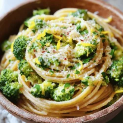 - 8 oz whole wheat spaghetti - 2 cups broccoli florets - 4 cloves garlic, minced - 1 teaspoon red pepper flakes (optional) - 3 tablespoons olive oil - Zest of 1 lemon - 3 tablespoons lemon juice - ½ cup grated Parmesan cheese (or nutritional yeast for a vegan option) - Salt and pepper to taste - Fresh parsley, chopped (for garnish) The key ingredients in Lemon Garlic Broccoli Pasta are simple yet vibrant. Whole wheat spaghetti gives a nutty taste and adds fiber. Broccoli florets provide crunch and a bright green color. Garlic adds a rich and savory flavor, while lemon juice and zest bring brightness. The Parmesan cheese adds creaminess and depth, but feel free to use nutritional yeast for a vegan option. If you want to switch things up, you can use other types of pasta. Try regular spaghetti, penne, or even spiralized zucchini for a lighter dish. For a gluten-free version, choose gluten-free pasta made from rice or chickpeas. Need a vegan option for cheese? You can use nutritional yeast. It gives a cheesy flavor without dairy. You can also try cashew cheese or any store-bought vegan cheese. This dish offers a balanced meal. One serving has about 350 calories, 12 grams of fat, and 15 grams of protein. Broccoli is a superfood packed with vitamins C and K. Lemon adds vitamin C, which helps boost your immune system. Together, they make this dish both tasty and healthy. For the full recipe, including instructions, check out the *Full Recipe*. To start, fill a large pot with water and add salt. Turn the heat to high and cover the pot. This helps the water boil faster. When the water bubbles, add the spaghetti. Cook the pasta until it is al dente, or firm to the bite. This usually takes about 8-10 minutes. Now, here’s the trick for the broccoli. About three minutes before the pasta is done, add the broccoli florets to the pot. This will blanch the broccoli just right. It should be bright green and tender but still crisp. While the pasta cooks, grab a large skillet and heat olive oil over medium heat. Once the oil is warm, add minced garlic. Stir it for 1-2 minutes. You want the garlic to smell good but not turn brown. Burnt garlic can ruin the flavor. If you like heat, sprinkle in red pepper flakes. Start with a little, then taste. You can always add more later. When the pasta and broccoli are ready, save about a cup of pasta water, then drain the rest. Add the drained pasta and broccoli to the skillet with the garlic oil. Toss them gently to mix. Next, pour in the lemon juice and zest. Mix well so that everything gets coated. If it looks dry, slowly add some reserved pasta water. This helps create a nice, smooth sauce. Finally, stir in the grated Parmesan cheese or nutritional yeast. Season with salt and pepper to taste. Give it one last toss to combine everything. Enjoy your Lemon Garlic Broccoli Pasta! For the complete recipe, check the *Full Recipe* section. To make your Lemon Garlic Broccoli Pasta sing, think about adding more herbs. Fresh basil or thyme can boost the taste. You can also add a pinch of oregano for depth. Each herb brings its own flair. Lemon zest is key here. It adds a bright, fresh flavor. Use a microplane to grate the zest finely. This helps release its oils. Sprinkle it in right before serving. The zest will brighten the dish and make it pop! Cooking pasta can be tricky. To avoid overcooking, set a timer. Follow the package instructions for al dente. It should be firm yet tender. Remember, the pasta will cook a bit more when you mix it with the sauce. Managing skillet temperature is also vital. Heat your olive oil to medium. If it gets too hot, the garlic will burn. You want it fragrant, not brown. Stir often to keep things even and smooth. For a heartier meal, consider adding protein. Shrimp or grilled chicken work well. They add flavor and make the dish filling. Simply cook them separately and toss them with the pasta. Pair your dish with a light salad. A simple mixed greens salad with lemon vinaigrette complements the pasta nicely. You could also serve it with crusty bread for a complete meal. For the *Full Recipe*, check the earlier section. Enjoy your cooking journey! {{image_2}} You can easily make this dish vegetarian or vegan. One great option is to swap in chickpeas. They add protein and make the meal more filling. Just drain and rinse a can of chickpeas. Toss them in with the pasta and broccoli. This change makes the dish heartier and keeps it plant-based. If you want a cheesy flavor without dairy, use nutritional yeast. It has a nutty taste and works well in this recipe. Replace the Parmesan cheese with half a cup of nutritional yeast. This keeps the dish creamy while being vegan-friendly. You won’t miss the cheese! Feel free to adjust the vegetables based on the season. In spring, add fresh peas or asparagus for a pop of color. In fall or winter, roasted squash or Brussels sprouts can add warmth. Just roast them in the oven before mixing them in with the pasta. This will give extra flavor and texture. You can also modify the dish for summer meals. Try adding fresh tomatoes or zucchini. These seasons give the meal a bright, fresh taste. You can even serve it cold as a pasta salad. Just let the dish cool before serving. Not all pasta is the same. You can switch to gluten-free pasta if needed. Many brands offer great gluten-free options that taste good. Look for ones made from brown rice or lentils. They will still give you a nice bite. You may also try whole grain pasta. It is more nutritious than regular pasta. Whole grain pasta adds fiber and keeps you full longer. Just keep the cooking time in mind, as it might differ from the regular type. Choose the pasta that fits your diet best! For the *Full Recipe*, check out the detailed instructions above. Store leftover Lemon Garlic Broccoli Pasta in an airtight container. This helps keep the pasta fresh. It stays good in the fridge for up to three days. After that, the flavors may fade. To reheat the pasta, use a skillet over low heat. Add a splash of water or olive oil. This will help keep the pasta moist. Stir gently to avoid burning. You can also microwave it. Just cover the bowl to keep steam in. This will help warm it without drying out. You can freeze Lemon Garlic Broccoli Pasta for later. Place it in a freezer-safe container. Make sure to leave some space for expansion. This dish can last up to three months in the freezer. When you’re ready to eat, thaw it in the fridge overnight. Reheat it in a skillet with a bit of water or oil for the best texture. To change the spice in your dish, try these tips: - Increase spice: Add more red pepper flakes. You can even use fresh chili if you like it hot. - Decrease spice: Use fewer red pepper flakes or skip them altogether. You can also add more cheese to balance the heat. Yes, you can make this dish ahead of time! Here’s how: - Cook the pasta and broccoli: Prepare both as usual. - Cool completely: Let everything cool before storing. This helps prevent sogginess. - Store: Place in an airtight container in the fridge. It stays fresh for up to three days. - Reheat: Warm it in a skillet with a splash of water to keep it moist. This pasta pairs well with many sides. Here are some ideas: - Complete meals: Add grilled chicken or shrimp for protein. - Appetizers: Serve with garlic bread or a light bruschetta. - Salads: A fresh green salad with lemon vinaigrette complements the meal well. You can find the Full Recipe in this article. It includes all the steps you need to make this tasty dish! In this blog post, we explored a simple and tasty Lemon Garlic Broccoli Pasta. We covered essential ingredients, substitutions, and nutritional info. You learned step-by-step cooking tips and tricks for a great meal. We also looked at variations and storage methods. With these insights, you can create this dish easily. Whether you eat vegan or not, this pasta is versatile. Enjoy making it your own!
