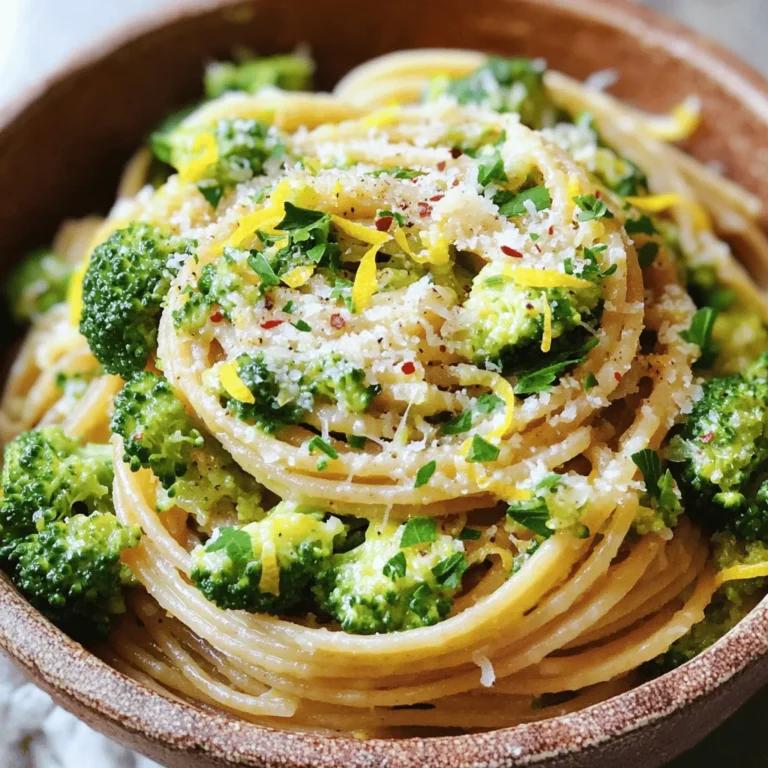 - 8 oz whole wheat spaghetti - 2 cups broccoli florets - 4 cloves garlic, minced - 1 teaspoon red pepper flakes (optional) - 3 tablespoons olive oil - Zest of 1 lemon - 3 tablespoons lemon juice - ½ cup grated Parmesan cheese (or nutritional yeast for a vegan option) - Salt and pepper to taste - Fresh parsley, chopped (for garnish) The key ingredients in Lemon Garlic Broccoli Pasta are simple yet vibrant. Whole wheat spaghetti gives a nutty taste and adds fiber. Broccoli florets provide crunch and a bright green color. Garlic adds a rich and savory flavor, while lemon juice and zest bring brightness. The Parmesan cheese adds creaminess and depth, but feel free to use nutritional yeast for a vegan option. If you want to switch things up, you can use other types of pasta. Try regular spaghetti, penne, or even spiralized zucchini for a lighter dish. For a gluten-free version, choose gluten-free pasta made from rice or chickpeas. Need a vegan option for cheese? You can use nutritional yeast. It gives a cheesy flavor without dairy. You can also try cashew cheese or any store-bought vegan cheese. This dish offers a balanced meal. One serving has about 350 calories, 12 grams of fat, and 15 grams of protein. Broccoli is a superfood packed with vitamins C and K. Lemon adds vitamin C, which helps boost your immune system. Together, they make this dish both tasty and healthy. For the full recipe, including instructions, check out the *Full Recipe*. To start, fill a large pot with water and add salt. Turn the heat to high and cover the pot. This helps the water boil faster. When the water bubbles, add the spaghetti. Cook the pasta until it is al dente, or firm to the bite. This usually takes about 8-10 minutes. Now, here’s the trick for the broccoli. About three minutes before the pasta is done, add the broccoli florets to the pot. This will blanch the broccoli just right. It should be bright green and tender but still crisp. While the pasta cooks, grab a large skillet and heat olive oil over medium heat. Once the oil is warm, add minced garlic. Stir it for 1-2 minutes. You want the garlic to smell good but not turn brown. Burnt garlic can ruin the flavor. If you like heat, sprinkle in red pepper flakes. Start with a little, then taste. You can always add more later. When the pasta and broccoli are ready, save about a cup of pasta water, then drain the rest. Add the drained pasta and broccoli to the skillet with the garlic oil. Toss them gently to mix. Next, pour in the lemon juice and zest. Mix well so that everything gets coated. If it looks dry, slowly add some reserved pasta water. This helps create a nice, smooth sauce. Finally, stir in the grated Parmesan cheese or nutritional yeast. Season with salt and pepper to taste. Give it one last toss to combine everything. Enjoy your Lemon Garlic Broccoli Pasta! For the complete recipe, check the *Full Recipe* section. To make your Lemon Garlic Broccoli Pasta sing, think about adding more herbs. Fresh basil or thyme can boost the taste. You can also add a pinch of oregano for depth. Each herb brings its own flair. Lemon zest is key here. It adds a bright, fresh flavor. Use a microplane to grate the zest finely. This helps release its oils. Sprinkle it in right before serving. The zest will brighten the dish and make it pop! Cooking pasta can be tricky. To avoid overcooking, set a timer. Follow the package instructions for al dente. It should be firm yet tender. Remember, the pasta will cook a bit more when you mix it with the sauce. Managing skillet temperature is also vital. Heat your olive oil to medium. If it gets too hot, the garlic will burn. You want it fragrant, not brown. Stir often to keep things even and smooth. For a heartier meal, consider adding protein. Shrimp or grilled chicken work well. They add flavor and make the dish filling. Simply cook them separately and toss them with the pasta. Pair your dish with a light salad. A simple mixed greens salad with lemon vinaigrette complements the pasta nicely. You could also serve it with crusty bread for a complete meal. For the *Full Recipe*, check the earlier section. Enjoy your cooking journey! {{image_2}} You can easily make this dish vegetarian or vegan. One great option is to swap in chickpeas. They add protein and make the meal more filling. Just drain and rinse a can of chickpeas. Toss them in with the pasta and broccoli. This change makes the dish heartier and keeps it plant-based. If you want a cheesy flavor without dairy, use nutritional yeast. It has a nutty taste and works well in this recipe. Replace the Parmesan cheese with half a cup of nutritional yeast. This keeps the dish creamy while being vegan-friendly. You won’t miss the cheese! Feel free to adjust the vegetables based on the season. In spring, add fresh peas or asparagus for a pop of color. In fall or winter, roasted squash or Brussels sprouts can add warmth. Just roast them in the oven before mixing them in with the pasta. This will give extra flavor and texture. You can also modify the dish for summer meals. Try adding fresh tomatoes or zucchini. These seasons give the meal a bright, fresh taste. You can even serve it cold as a pasta salad. Just let the dish cool before serving. Not all pasta is the same. You can switch to gluten-free pasta if needed. Many brands offer great gluten-free options that taste good. Look for ones made from brown rice or lentils. They will still give you a nice bite. You may also try whole grain pasta. It is more nutritious than regular pasta. Whole grain pasta adds fiber and keeps you full longer. Just keep the cooking time in mind, as it might differ from the regular type. Choose the pasta that fits your diet best! For the *Full Recipe*, check out the detailed instructions above. Store leftover Lemon Garlic Broccoli Pasta in an airtight container. This helps keep the pasta fresh. It stays good in the fridge for up to three days. After that, the flavors may fade. To reheat the pasta, use a skillet over low heat. Add a splash of water or olive oil. This will help keep the pasta moist. Stir gently to avoid burning. You can also microwave it. Just cover the bowl to keep steam in. This will help warm it without drying out. You can freeze Lemon Garlic Broccoli Pasta for later. Place it in a freezer-safe container. Make sure to leave some space for expansion. This dish can last up to three months in the freezer. When you’re ready to eat, thaw it in the fridge overnight. Reheat it in a skillet with a bit of water or oil for the best texture. To change the spice in your dish, try these tips: - Increase spice: Add more red pepper flakes. You can even use fresh chili if you like it hot. - Decrease spice: Use fewer red pepper flakes or skip them altogether. You can also add more cheese to balance the heat. Yes, you can make this dish ahead of time! Here’s how: - Cook the pasta and broccoli: Prepare both as usual. - Cool completely: Let everything cool before storing. This helps prevent sogginess. - Store: Place in an airtight container in the fridge. It stays fresh for up to three days. - Reheat: Warm it in a skillet with a splash of water to keep it moist. This pasta pairs well with many sides. Here are some ideas: - Complete meals: Add grilled chicken or shrimp for protein. - Appetizers: Serve with garlic bread or a light bruschetta. - Salads: A fresh green salad with lemon vinaigrette complements the meal well. You can find the Full Recipe in this article. It includes all the steps you need to make this tasty dish! In this blog post, we explored a simple and tasty Lemon Garlic Broccoli Pasta. We covered essential ingredients, substitutions, and nutritional info. You learned step-by-step cooking tips and tricks for a great meal. We also looked at variations and storage methods. With these insights, you can create this dish easily. Whether you eat vegan or not, this pasta is versatile. Enjoy making it your own!