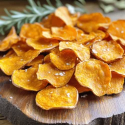 - 2 large sweet potatoes - 2 tablespoons olive oil - 1 teaspoon sea salt - 1 teaspoon smoked paprika - ½ teaspoon garlic powder - ¼ teaspoon cayenne pepper (optional) - Fresh herbs (optional) Sweet potatoes are the star of this dish. They bring natural sweetness and a bright color. I love using two large sweet potatoes for the best results. Olive oil gives the chips a nice crisp. It also helps the seasonings stick. Sea salt adds flavor, while smoked paprika gives a warm, smoky taste. Garlic powder provides a nice bite. If you like heat, cayenne pepper adds a kick. Fresh herbs like rosemary or thyme can enhance the flavor further. Sweet potatoes are packed with vitamins and minerals. They are rich in vitamin A, which helps your eyes and skin. They also contain vitamin C, which boosts your immune system. Compared to regular potato chips, baked sweet potato chips are a healthier option. They have fewer calories and more fiber. Fiber helps you feel full and aids digestion. A serving of baked sweet potato chips has about 150 calories and 3 grams of fiber. This makes them a great snack choice. For a full recipe, check out the [Full Recipe]. Preheat your oven to 400°F (200°C). This step is key for crispy chips. Line a baking sheet with parchment paper. This helps prevent sticking and makes cleanup easy. Next, wash your sweet potatoes under cold water. Use a scrub brush to remove dirt. Then, peel them with a vegetable peeler. Peeling adds a cleaner taste and allows for a better texture. You can use a sharp knife or a mandoline slicer for this step. A mandoline gives you even slices quickly. If using a knife, aim for 1/8 inch thick slices. This thickness ensures they cook evenly. To achieve even slices, take your time and don’t rush. Uneven slices will cook at different rates. This can lead to some chips being burnt while others are soft. In a large bowl, mix the sweet potato slices with the olive oil. Add sea salt, smoked paprika, garlic powder, and cayenne pepper if you like spice. Toss until every piece is coated well. Next, arrange the slices in a single layer on the baking sheet. Avoid overlapping them. This helps them to crisp up nicely. Bake in the preheated oven for 20-25 minutes. Halfway through, flip the chips for even cooking. Keep an eye on them to prevent burning. Cooking times can vary, so check for a golden brown color. Once done, remove them from the oven. Let them cool for a few minutes. They will get even crunchier as they cool. For an extra touch, sprinkle fresh herbs over the chips before serving. For the full recipe, check out the complete instructions above. To get crispy sweet potato chips, slice them evenly. Thin slices cook better. Aim for about 1/8 inch thick. A mandoline slicer works well for this. Avoid thick slices. They will not bake evenly. To keep chips crispy, do not overcrowd the baking sheet. Spread them out in a single layer. Overlapping leads to steam and soggy chips. If you have many slices, bake in batches. You can add more flavor to your chips with various seasonings. Try different spices like chili powder or onion powder. Experiment with a pinch of cumin or a sprinkle of nutritional yeast. Fresh herbs, like rosemary or thyme, make great garnishes. Add them just before serving for a burst of flavor. They bring a lovely aroma and look nice too. One big mistake is overcrowding the baking sheet. Chips need space to cook properly. If they touch, they will steam rather than crisp. Another mistake is skipping the cooling process. After baking, let them cool for a few minutes. They will become even crunchier as they cool. Enjoy your crispy chips while they last! {{image_2}} You can add fun flavors to your baked sweet potato chips. For a spicy kick, try adding more cayenne pepper. This will make your chips hot and tasty. You can also mix in different herbs and spices for savory options. Think about using rosemary, thyme, or even a dash of cumin. Each adds a unique twist to your chips. If you prefer sweet flavors, you can easily change your chips. A sprinkle of cinnamon or brown sugar gives them a delightful twist. This sweet touch makes them perfect for dessert. You might also want to make a sweet dipping sauce. A simple mix of yogurt and honey can be a great match for your chips. You don't have to bake your sweet potato chips to enjoy them. An air fryer works well too. It can make your chips crispy in a shorter time. Just set it to 375°F (190°C) and cook for about 15 minutes. You can also use a dehydrator. This method keeps the flavor while making them super crunchy. Set your dehydrator to 135°F (57°C) and let them dry for several hours. Both methods create tasty, crispy snacks you will love. Check out the full recipe to get all the details on making baked sweet potato chips! To keep your baked sweet potato chips fresh, store them in airtight containers. This helps to keep air out and maintain crispiness. Make sure the chips are completely cool before sealing them. If you want extra crunch, consider adding a piece of parchment paper in the container. This helps absorb moisture. If you have leftover chips, you can reheat them in the oven or air fryer. Preheat the oven to 350°F (175°C). Spread the chips in a single layer on a baking sheet and heat for about 5-10 minutes. For the air fryer, set it to 350°F (175°C) as well. Heat for 3-5 minutes, checking often. Avoid using the microwave, as it makes the chips soggy. Baked sweet potato chips last about 1 week when stored properly. Keep an eye on them for signs of spoilage. If they smell off or feel soft, it’s best to toss them. For the best taste and crunch, eat them within a few days. For a full recipe, check the previous section. You can make sweet potato chips without oil by baking or dehydrating them. Slice the sweet potatoes thinly, about 1/8 inch thick. Lay them on a baking sheet lined with parchment paper. Bake them at 400°F (200°C) until they are crisp. For dehydrating, use a dehydrator set to 135°F (57°C) until they are dry and crunchy. This method keeps the chips light and healthy. Yes, you can use other potatoes. Regular potatoes work fine, but they may not have the same sweetness. Yams can also be a great substitute, giving a similar texture. Try using vegetables like zucchini or carrots for a fun twist. Just slice them thin and follow the same baking method. Several factors can lead to soggy chips. If the slices are too thick, they won't crisp well. Make sure to slice them thin. Overcrowding the baking sheet can also cause steam, making them soggy. Arrange them in a single layer with space between each slice. Lastly, check your oven’s temperature. It should be hot enough to bake the chips quickly. You can make sweet potato chips ahead of time. After baking, let them cool completely before storing. Place them in an airtight container to keep them fresh. For best results, eat them within a few days. If you want to meal prep, bake them in batches. This way, you have a healthy snack ready when you need it. Baked sweet potato chips pair well with many dipping sauces. Try a simple yogurt dip made with Greek yogurt, lemon juice, and herbs. You can also make a spicy salsa or a creamy avocado dip. For a sweet option, mix honey and peanut butter for a tasty treat. These sauces enhance the flavor and make your snack even more enjoyable. Baked sweet potato chips are easy and tasty. We covered the main ingredients, preparation, and baking steps. You learned how to achieve crispy chips and explored flavor variations. These chips are not only flavorful but also healthier than regular ones. Use the storage tips to keep them fresh. Whether you enjoy them spicy or sweet, you’re set for a delicious snack. Experiment with different flavors and make them your own! Enjoy your crispy treats with confidence and creativity.