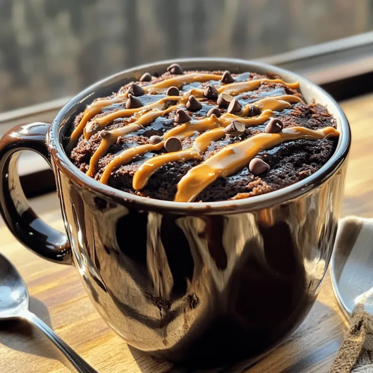 To make a delicious Chocolate Peanut Butter Mug Cake, you need some simple ingredients. Here’s what you'll need: - 4 tablespoons all-purpose flour - 2 tablespoons unsweetened cocoa powder - 2 tablespoons sugar (or coconut sugar) - 1/4 teaspoon baking powder - 1/8 teaspoon salt - 3 tablespoons milk (dairy or non-dairy) - 2 tablespoons peanut butter (creamy or crunchy) - 1 tablespoon vegetable oil (or melted coconut oil) - 1/4 teaspoon vanilla extract - Chocolate chips for topping (optional) Each ingredient plays a key role in making your mug cake rich and tasty. The flour gives structure, while cocoa powder adds that deep chocolate flavor. Sugar sweetens the deal, and baking powder helps it rise. Salt balances everything, while the milk keeps it moist. Peanut butter makes it creamy and adds a nutty taste. The oil adds richness, and vanilla enhances the overall flavor. Finally, chocolate chips are a fun, optional touch for extra sweetness. When you gather these ingredients, you lay the foundation for a quick and delightful dessert. You can find the full recipe at the end of this section. Happy baking! First, grab a microwave-safe mug. In the mug, combine the following dry ingredients: - 4 tablespoons all-purpose flour - 2 tablespoons unsweetened cocoa powder - 2 tablespoons sugar (or coconut sugar) - 1/4 teaspoon baking powder - 1/8 teaspoon salt Stir these dry ingredients well with a fork. Make sure there are no lumps. This mix forms the base of your cake. Next, it's time for the wet ingredients. Add these to your dry mix right in the same mug: - 3 tablespoons milk (dairy or non-dairy) - 2 tablespoons peanut butter (creamy or crunchy) - 1 tablespoon vegetable oil (or melted coconut oil) - 1/4 teaspoon vanilla extract Use that same fork to mix everything together. Keep stirring until you get a smooth batter. If you like, add in some chocolate chips for extra flavor. Now, place your mug in the microwave. Cook on high for about 1 minute and 30 seconds. At the 1-minute mark, check to see if it’s done. The cake should rise and look firm in the middle. If it is still gooey, microwave in 10-15 second bursts until it's fully cooked. Let the mug cake cool for a minute before enjoying. You can eat it right from the mug or slide it onto a plate. For a fun twist, try topping it with more peanut butter or a scoop of ice cream. For the full recipe, check out the details provided above. Enjoy your quick and tasty treat! To get a smooth batter, mix well but don’t overdo it. Use a fork to blend the wet and dry ingredients until you see no lumps. This helps the cake rise evenly. Checking doneness often is key. Microwave for one minute, then peek inside. If it’s still gooey, add 10-second bursts until it’s set. This way, you avoid a dry cake. Making your mug cake look great is easy. Drizzle extra peanut butter on top. A sprinkle of chocolate chips adds a nice touch. For a fun twist, add a scoop of ice cream or whipped cream. Fresh berries also make it pop with color. Use what you love! If you're short on time, pre-measure your ingredients. Set aside the flour, cocoa powder, and sugar in small bowls. This speeds up the mixing part. You can even prep the dry mix ahead of time and store it. Just add the wet ingredients when you’re ready to bake. This makes it quick and fun to enjoy your mug cake. {{image_2}} You can make your mug cake even tastier with simple add-ins. Here are some ideas: - Nuts: Chop up some walnuts or almonds for a crunchy bite. - Chocolate Chips: Add mini chocolate chips for extra sweetness. - Fruits: Toss in some banana slices or berries for a fruity twist. You can also swap out peanut butter for other nut butters. Try these: - Almond Butter: It has a light, nutty taste. - Cashew Butter: This one is creamy and smooth. - Sunflower Seed Butter: A great choice for nut allergies. Want a lighter version? You can make some easy swaps: - Lower Sugar Options: Use stevia or monk fruit to cut down on sugar. - Gluten-Free Substitutions: Replace all-purpose flour with almond flour or coconut flour. These changes keep the taste while making it better for you. You can enjoy this mug cake in many ways! For the full recipe, check the earlier section. After you enjoy your chocolate peanut butter mug cake, store any leftovers properly. You can keep it in the fridge. Place it in an airtight container. This will help it stay fresh for up to two days. If you don’t have a container, cover it with plastic wrap. This keeps moisture from getting in. Just remember, the cake might lose some of its fluffiness after a day. To enjoy your mug cake again, you need to reheat it carefully. Start by removing it from the fridge. Place it in the microwave for about 10 to 15 seconds. Check to see if it's warm enough. If it’s still cold, heat it in short bursts. This way, you won’t overcook it. You want to keep it soft and gooey. Try not to heat it for too long, as it can dry out. You can prepare the batter ahead of time if you want. Combine all the dry ingredients in a mug. Then, store it in a cool, dry place. When you’re ready to bake, simply add the wet ingredients. Mix and microwave it, and you’ll have a delicious treat. This method is great for busy days or quick snacks. Just remember to mix it fresh for the best taste. For the full recipe, check the section above! The total time for this mug cake is just 7 minutes. You spend about 5 minutes prepping the ingredients and 2 minutes cooking it in the microwave. This quick process fits perfectly into a busy day or late-night craving. If you have a peanut allergy, you can try sunbutter or almond butter. Both options give a similar creamy texture. You can also use tahini for a nut-free choice. Just make sure to pick a butter that suits your taste and needs. Yes, you can easily make this mug cake vegan. Use almond milk or oat milk instead of dairy milk. For the egg, you can replace it with 1 tablespoon of ground flaxseed mixed with 2.5 tablespoons of water. This mix works great as a binder. A microwave-safe ceramic or glass mug works best for even cooking. Avoid metal mugs as they can spark and cause a fire. Make sure your mug can hold at least 12 ounces to give your cake enough room to rise. This guide walks you through making a delicious chocolate peanut butter mug cake. You learned about measuring the right ingredients, mixing them well, and checking for doneness while microwaving. I shared tips for texture, variations to try, and storage options. Mug cakes are quick, fun, and perfect for satisfying a sweet tooth. Try it out, and enjoy your tasty treat!