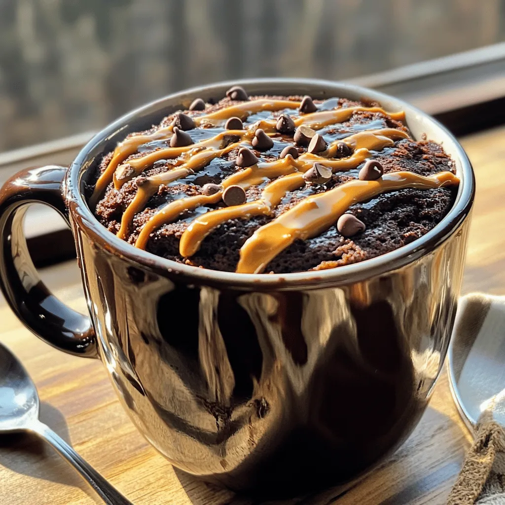 To make a delicious Chocolate Peanut Butter Mug Cake, you need some simple ingredients. Here’s what you'll need: - 4 tablespoons all-purpose flour - 2 tablespoons unsweetened cocoa powder - 2 tablespoons sugar (or coconut sugar) - 1/4 teaspoon baking powder - 1/8 teaspoon salt - 3 tablespoons milk (dairy or non-dairy) - 2 tablespoons peanut butter (creamy or crunchy) - 1 tablespoon vegetable oil (or melted coconut oil) - 1/4 teaspoon vanilla extract - Chocolate chips for topping (optional) Each ingredient plays a key role in making your mug cake rich and tasty. The flour gives structure, while cocoa powder adds that deep chocolate flavor. Sugar sweetens the deal, and baking powder helps it rise. Salt balances everything, while the milk keeps it moist. Peanut butter makes it creamy and adds a nutty taste. The oil adds richness, and vanilla enhances the overall flavor. Finally, chocolate chips are a fun, optional touch for extra sweetness. When you gather these ingredients, you lay the foundation for a quick and delightful dessert. You can find the full recipe at the end of this section. Happy baking! First, grab a microwave-safe mug. In the mug, combine the following dry ingredients: - 4 tablespoons all-purpose flour - 2 tablespoons unsweetened cocoa powder - 2 tablespoons sugar (or coconut sugar) - 1/4 teaspoon baking powder - 1/8 teaspoon salt Stir these dry ingredients well with a fork. Make sure there are no lumps. This mix forms the base of your cake. Next, it's time for the wet ingredients. Add these to your dry mix right in the same mug: - 3 tablespoons milk (dairy or non-dairy) - 2 tablespoons peanut butter (creamy or crunchy) - 1 tablespoon vegetable oil (or melted coconut oil) - 1/4 teaspoon vanilla extract Use that same fork to mix everything together. Keep stirring until you get a smooth batter. If you like, add in some chocolate chips for extra flavor. Now, place your mug in the microwave. Cook on high for about 1 minute and 30 seconds. At the 1-minute mark, check to see if it’s done. The cake should rise and look firm in the middle. If it is still gooey, microwave in 10-15 second bursts until it's fully cooked. Let the mug cake cool for a minute before enjoying. You can eat it right from the mug or slide it onto a plate. For a fun twist, try topping it with more peanut butter or a scoop of ice cream. For the full recipe, check out the details provided above. Enjoy your quick and tasty treat! To get a smooth batter, mix well but don’t overdo it. Use a fork to blend the wet and dry ingredients until you see no lumps. This helps the cake rise evenly. Checking doneness often is key. Microwave for one minute, then peek inside. If it’s still gooey, add 10-second bursts until it’s set. This way, you avoid a dry cake. Making your mug cake look great is easy. Drizzle extra peanut butter on top. A sprinkle of chocolate chips adds a nice touch. For a fun twist, add a scoop of ice cream or whipped cream. Fresh berries also make it pop with color. Use what you love! If you're short on time, pre-measure your ingredients. Set aside the flour, cocoa powder, and sugar in small bowls. This speeds up the mixing part. You can even prep the dry mix ahead of time and store it. Just add the wet ingredients when you’re ready to bake. This makes it quick and fun to enjoy your mug cake. {{image_2}} You can make your mug cake even tastier with simple add-ins. Here are some ideas: - Nuts: Chop up some walnuts or almonds for a crunchy bite. - Chocolate Chips: Add mini chocolate chips for extra sweetness. - Fruits: Toss in some banana slices or berries for a fruity twist. You can also swap out peanut butter for other nut butters. Try these: - Almond Butter: It has a light, nutty taste. - Cashew Butter: This one is creamy and smooth. - Sunflower Seed Butter: A great choice for nut allergies. Want a lighter version? You can make some easy swaps: - Lower Sugar Options: Use stevia or monk fruit to cut down on sugar. - Gluten-Free Substitutions: Replace all-purpose flour with almond flour or coconut flour. These changes keep the taste while making it better for you. You can enjoy this mug cake in many ways! For the full recipe, check the earlier section. After you enjoy your chocolate peanut butter mug cake, store any leftovers properly. You can keep it in the fridge. Place it in an airtight container. This will help it stay fresh for up to two days. If you don’t have a container, cover it with plastic wrap. This keeps moisture from getting in. Just remember, the cake might lose some of its fluffiness after a day. To enjoy your mug cake again, you need to reheat it carefully. Start by removing it from the fridge. Place it in the microwave for about 10 to 15 seconds. Check to see if it's warm enough. If it’s still cold, heat it in short bursts. This way, you won’t overcook it. You want to keep it soft and gooey. Try not to heat it for too long, as it can dry out. You can prepare the batter ahead of time if you want. Combine all the dry ingredients in a mug. Then, store it in a cool, dry place. When you’re ready to bake, simply add the wet ingredients. Mix and microwave it, and you’ll have a delicious treat. This method is great for busy days or quick snacks. Just remember to mix it fresh for the best taste. For the full recipe, check the section above! The total time for this mug cake is just 7 minutes. You spend about 5 minutes prepping the ingredients and 2 minutes cooking it in the microwave. This quick process fits perfectly into a busy day or late-night craving. If you have a peanut allergy, you can try sunbutter or almond butter. Both options give a similar creamy texture. You can also use tahini for a nut-free choice. Just make sure to pick a butter that suits your taste and needs. Yes, you can easily make this mug cake vegan. Use almond milk or oat milk instead of dairy milk. For the egg, you can replace it with 1 tablespoon of ground flaxseed mixed with 2.5 tablespoons of water. This mix works great as a binder. A microwave-safe ceramic or glass mug works best for even cooking. Avoid metal mugs as they can spark and cause a fire. Make sure your mug can hold at least 12 ounces to give your cake enough room to rise. This guide walks you through making a delicious chocolate peanut butter mug cake. You learned about measuring the right ingredients, mixing them well, and checking for doneness while microwaving. I shared tips for texture, variations to try, and storage options. Mug cakes are quick, fun, and perfect for satisfying a sweet tooth. Try it out, and enjoy your tasty treat!