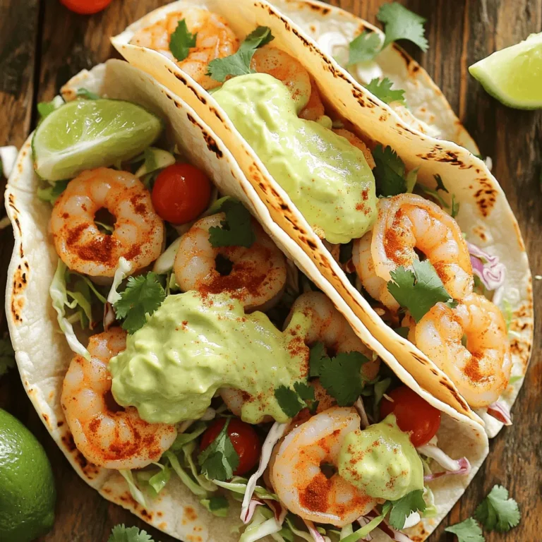 To make simple shrimp tacos, you need the following: - 1 pound shrimp, peeled and deveined - 1 tablespoon olive oil - 1 teaspoon chili powder - 1 teaspoon cumin - 1/2 teaspoon garlic powder - Salt and pepper to taste - 8 small corn tortillas - 1 cup cabbage, shredded - 1/2 cup cherry tomatoes, halved - 1/4 cup fresh cilantro, chopped - 1 avocado - 2 tablespoons Greek yogurt - 1 tablespoon lime juice - Additional lime wedges for serving These ingredients create a fresh and tasty meal. They work well together and bring out the best flavors in shrimp. You can easily swap some ingredients if you have dietary needs. Here are some ideas: - Use vegetable oil instead of olive oil for frying. - Try a different protein, like chicken or tofu, for a filling meal. - Use gluten-free tortillas if you need to avoid gluten. - Replace Greek yogurt with a dairy-free option, like coconut yogurt. These substitutions help you enjoy shrimp tacos no matter your diet. When you buy shrimp, look for these signs of freshness: - The shrimp should smell like the ocean, not fishy. - Fresh shrimp should be firm and not mushy. - Look for a shiny and translucent appearance. - If buying frozen shrimp, check the package for a clean seal. Choosing the right shrimp makes your tacos taste better and ensures a great meal. For the complete recipe, check out the Full Recipe. To start, get your shrimp ready. You need one pound of shrimp, peeled and deveined. In a bowl, mix the shrimp with one tablespoon of olive oil. Add one teaspoon of chili powder, one teaspoon of cumin, and half a teaspoon of garlic powder. Don’t forget salt and pepper to taste! Toss everything together until the shrimp are well coated in the spices. This step adds great flavor to your tacos. Next, heat a large skillet over medium-high heat. Once the skillet is hot, add your seasoned shrimp. Cook them for about two to three minutes on each side. You want them to turn pink and be cooked through. When they’re done, remove them from the heat. This step keeps your shrimp juicy and tasty. Now it’s time to build your tacos! Start by warming eight small corn tortillas. You can do this on a dry skillet or even over a flame for a few seconds. Once they are warm, place a few shrimp on each tortilla. Top them with one cup of shredded cabbage and half a cup of halved cherry tomatoes. For a creamy touch, drizzle your avocado cream on top. To finish, add some fresh cilantro. Serve with extra lime wedges for that zesty kick. Enjoy your delicious shrimp tacos! For great shrimp tacos, seasoning is key. I love using chili powder and cumin. These spices add warmth and depth. You can also mix in paprika for a smoky taste. If you like heat, try cayenne pepper. Just a pinch brings the spice alive! Salt and pepper balance the other flavors. Feel free to adjust based on your taste. Experiment with different blends until you find your favorite! The avocado cream adds a rich touch to your tacos. To make it smooth, use ripe avocados. Combine the avocado with Greek yogurt and lime juice. This mix gives you creaminess and tang. Blend it well until it's silky. If you prefer a bit of spice, add jalapeño. You can also mix in some garlic for extra flavor. This cream is easy to make and takes just a few minutes. Shrimp tacos shine with fresh sides. I recommend serving them with lime wedges. Fresh lime juice boosts the flavors. You can also add a side of black beans. They pair well and add protein. A simple salad with corn and tomatoes works too. If you want something crunchy, try tortilla chips. They add a nice texture. For a fun twist, serve your tacos with salsa or pickled onions. These add color and taste! For the full recipe, check the link above. {{image_2}} If you love heat, try adding more spice. Use chipotle powder instead of chili powder. This gives your shrimp a smoky kick. You can also mix in some diced jalapeños while cooking. For extra spice, drizzle hot sauce on top before serving. These changes will make your tacos stand out! Want a meat-free option? Try using grilled veggies or black beans instead of shrimp. For a hearty choice, use diced sweet potatoes. Season them with the same spices for a fun twist. If you want a vegan creamy topping, mash avocado with lime juice and salt. This will keep your tacos fresh and tasty. Toppings can change your taco game. Try adding mango salsa for a sweet touch. Pineapple chunks also add a tropical flair. You can also use pickled red onions for a tangy bite. Don’t forget about cheese! Crumbled feta or cotija adds a nice creaminess. Experiment with different toppings to find your favorite mix. For the full recipe, check out the Zesty Shrimp Tacos with Avocado Cream. Leftover shrimp tacos are easy to store. First, let them cool down. Place the tacos in a container. You can separate the shrimp and toppings if you prefer. Use plastic wrap or a lid to seal the container. Store it in the fridge for up to two days. To reheat your shrimp tacos, use a skillet. Heat it over medium heat. Add the tacos and cook for about 2-3 minutes on each side. This warms the shrimp and keeps the tortillas crispy. You can also use a microwave. Place the tacos on a plate and cover them with a damp paper towel. Heat for about 30-45 seconds. You can freeze shrimp for later use. First, make sure the shrimp are fresh. Place them in a freezer bag. Squeeze out all the air before sealing. You can freeze them for up to three months. When you’re ready to cook, thaw the shrimp overnight in the fridge. This keeps them safe and tasty. For a complete guide, check the Full Recipe and enjoy your shrimp tacos! The best way to thaw frozen shrimp is in cold water. Place the shrimp in a bowl or a zip-top bag. Then, fill the bowl with cold water. Change the water every 15 minutes. This method takes about 30 minutes. You can also thaw shrimp overnight in the fridge. Avoid using hot water, as it can cook the shrimp. Yes, you can use other seafood for tacos. Fish like tilapia or cod works well. You can also try scallops or crab. Each type adds its unique flavor. Shrimp tacos are quick, but other seafood can be just as fast. Feel free to experiment with your favorites. Shrimp are low in calories and high in protein. A 3-ounce serving has about 20 grams of protein. They are also a good source of omega-3 fatty acids. These acids support heart health. Shrimp contain vitamins like B12 and minerals like selenium. These nutrients help your body function well. Enjoy shrimp tacos knowing they are tasty and healthy! You've learned how to make simple shrimp tacos, from choosing fresh shrimp to assembling your dish. We covered tips on seasoning, making avocado cream, and serving suggestions. Plus, you discovered tasty variations and storage tips for leftovers. These tacos are easy, fun, and delicious. I hope you’re excited to try them. Enjoy creating your own special twist!