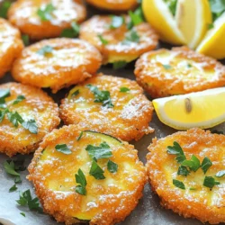 To make crispy fried zucchini, you need fresh ingredients. Here’s a detailed list of what you will need: - 2 medium zucchinis, sliced into 1/4-inch rounds - 1 cup all-purpose flour - 1/2 cup cornmeal - 1 teaspoon garlic powder - 1 teaspoon onion powder - 1 teaspoon paprika - 1/2 teaspoon cayenne pepper (optional, for heat) - 1 teaspoon salt - 1/2 teaspoon black pepper - 2 large eggs - 1/4 cup milk - Oil for frying (canola or vegetable) - Fresh parsley, finely chopped (for garnish) - Lemon wedges (for serving) Gather these items before you start cooking. This makes the process smooth and fun. For the full recipe, refer to the one provided earlier. Enjoy the crispy goodness! Washing and Slicing Start by washing the zucchinis under cool water. This removes dirt and makes them clean. Slice the zucchinis into 1/4-inch rounds. Keep the slices even for uniform cooking. Drying Zucchini Rounds After slicing, pat the zucchini rounds dry with a paper towel. This step is key. Drying helps the coating stick better and keeps them crispier when fried. Mixing Dry Ingredients In a shallow bowl, mix the dry ingredients. Combine flour, cornmeal, garlic powder, onion powder, paprika, cayenne pepper, salt, and black pepper. Stir well so all the spices blend together. Preparing Egg Mixture In another bowl, whisk together the eggs and milk. Make sure they are well combined. This mixture acts as glue for the coating. Dredging Process Take each zucchini round and dip it into the egg mixture. Make sure it’s fully coated. Next, dredge it into the flour mixture. Press gently to help it stick. Place coated rounds on a plate. Heating the Oil Heat about an inch of oil in a deep skillet. Use medium-high heat and aim for 350°F (175°C). To test, drop in a small piece of batter. If it bubbles, the oil is ready. Frying Techniques Fry the zucchini in batches. Avoid overcrowding the pan. Cook each piece for about 2-3 minutes per side. Look for a golden brown color and crispy texture. Draining Excess Oil Once done, use a slotted spoon to transfer the fried zucchini to a paper towel-lined plate. This helps drain excess oil. Sprinkle with salt and garnish with parsley. Serve them hot with lemon wedges for a fresh touch. For the full recipe, check out the complete instructions in the earlier sections. Enjoy your crispy fried zucchini! Drying Techniques To make your crispy fried zucchini perfect, start by drying the slices. After you wash and slice the zucchini, use a paper towel to pat each piece dry. This step removes extra moisture. Less moisture means a crunchier bite. Oil Temperature Tips Next, focus on the oil. Heat your oil to 350°F (175°C). To check, drop in a small piece of batter. If it sizzles, the oil is ready. Cooking in hot oil helps create that golden, crispy crust we all love. Best Dipping Sauces Serving your crispy fried zucchini with sauces can add fun flavors. Try ranch dressing, spicy mayo, or marinara sauce. Each sauce brings a unique taste that pairs well with the zucchini. Garnishing Ideas Garnish your dish for a fresh look. A sprinkle of fresh parsley adds color. You can also serve lemon wedges on the side. A squeeze of lemon gives a bright, zesty touch. Complementary Side Dishes For a full meal, pair your crispy fried zucchini with a simple salad or grilled chicken. These sides balance well and make your meal feel complete. Beverage Recommendations When it comes to drinks, a chilled lemonade or iced tea works great. Both provide a refreshing contrast to the crispy zucchini. You can even try a light white wine for a more adult option. You can find the full recipe for this dish above. Enjoy your cooking! {{image_2}} Spicy Options If you love heat, try adding more cayenne pepper. You can also mix in chili powder or crushed red pepper flakes. These spices give the zucchini a nice kick. You might also want to add a dash of hot sauce to the egg mixture for an extra boost. Herb-Infused Coatings For fresh flavors, add herbs to your dry mix. You can use dried oregano, basil, or thyme. These herbs will enhance the taste of your crispy zucchini. Fresh herbs like parsley or dill can also be a great touch after frying. Alternative Flours Use almond flour or chickpea flour as a gluten-free option. These flours give a nutty flavor and work well for frying. You can replace all-purpose flour with these to keep your dish safe for those avoiding gluten. Cornmeal Substitutes If you want a gluten-free cornmeal, look for masa harina. This is made from corn and gives a similar texture. You can also use ground oats for a different taste and crunch. Cheese-Based Toppings Top your crispy zucchini with Parmesan cheese. For a stronger flavor, try feta or goat cheese. Just sprinkle it on while the zucchini is hot, so it melts slightly. Unique Seasoning Blends Explore different seasonings for fun flavors. Try taco seasoning for a Mexican twist or curry powder for an Indian flair. These blends can change the whole experience of your crispy zucchini. You can find the full recipe for a delightful crispy fried zucchini in the section above. For short-term storage, you need to cool the zucchini first. Place the fried zucchini on a paper towel. Allow it to cool down to room temperature. Once cool, transfer the zucchini to an airtight container. You can store it in the fridge for up to three days. To keep it crispy, place a piece of parchment paper between layers. This helps absorb moisture. If you want to store your zucchini for a longer time, freezing is the best method. Start by letting the fried zucchini cool completely. Arrange them in a single layer on a baking sheet and freeze for about an hour. Once frozen, you can transfer them to a freezer-safe bag. Make sure to remove as much air as possible. These can last for up to three months. To reheat your crispy fried zucchini, the oven works best. Preheat your oven to 400°F (200°C). Spread the zucchini on a baking sheet in a single layer. Bake for about 10-15 minutes, or until crispy again. You can also use an air fryer for a quicker option. Set it to 350°F (175°C) and reheat for about 5-7 minutes. Avoid the microwave, as it can make them soggy. Enjoy your crispy treat! For the full recipe of crispy fried zucchini, check out the previous sections. You can make crispy zucchini in the oven or an air fryer. For the oven, slice the zucchini and coat it with the same mix as in the full recipe. Instead of frying, place the coated slices on a baking sheet lined with parchment paper. Bake at 425°F (220°C) for about 20 minutes, flipping halfway. In an air fryer, set the temperature to 400°F (200°C) and cook for 10-12 minutes, shaking the basket halfway. Both methods give you a crunchy snack with less oil. Yes, you can use many vegetables instead of zucchini. Some good options are eggplant, yellow squash, or even carrots. Just cut them into similar-sized rounds or sticks. The cooking time may vary, so keep an eye on them as they fry or bake. You can also try bell peppers for a sweet twist. Each veggie adds its unique flavor, so feel free to mix and match! Several sauces pair perfectly with crispy zucchini. Here are some popular choices: - Ranch dressing - Marinara sauce - Garlic aioli - Spicy mayo - Tzatziki sauce Each sauce brings out the flavor of the zucchini. Try different ones to find your favorite! In this blog post, we covered how to make crispy fried zucchini from start to finish. We discussed the key ingredients, step-by-step directions, and helpful tips for achieving the best results. You can try different flavors or adapt the recipe for gluten-free needs. Remember to store leftovers properly to keep them fresh. Enjoy your delicious zucchini as a snack or side dish! Now, you’re ready to impress your friends with this tasty treat.