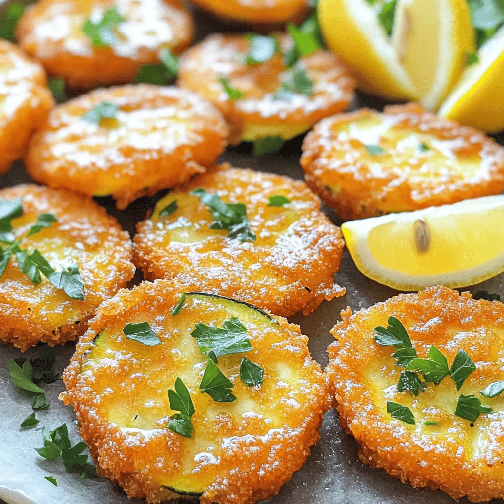 To make crispy fried zucchini, you need fresh ingredients. Here’s a detailed list of what you will need: - 2 medium zucchinis, sliced into 1/4-inch rounds - 1 cup all-purpose flour - 1/2 cup cornmeal - 1 teaspoon garlic powder - 1 teaspoon onion powder - 1 teaspoon paprika - 1/2 teaspoon cayenne pepper (optional, for heat) - 1 teaspoon salt - 1/2 teaspoon black pepper - 2 large eggs - 1/4 cup milk - Oil for frying (canola or vegetable) - Fresh parsley, finely chopped (for garnish) - Lemon wedges (for serving) Gather these items before you start cooking. This makes the process smooth and fun. For the full recipe, refer to the one provided earlier. Enjoy the crispy goodness! Washing and Slicing Start by washing the zucchinis under cool water. This removes dirt and makes them clean. Slice the zucchinis into 1/4-inch rounds. Keep the slices even for uniform cooking. Drying Zucchini Rounds After slicing, pat the zucchini rounds dry with a paper towel. This step is key. Drying helps the coating stick better and keeps them crispier when fried. Mixing Dry Ingredients In a shallow bowl, mix the dry ingredients. Combine flour, cornmeal, garlic powder, onion powder, paprika, cayenne pepper, salt, and black pepper. Stir well so all the spices blend together. Preparing Egg Mixture In another bowl, whisk together the eggs and milk. Make sure they are well combined. This mixture acts as glue for the coating. Dredging Process Take each zucchini round and dip it into the egg mixture. Make sure it’s fully coated. Next, dredge it into the flour mixture. Press gently to help it stick. Place coated rounds on a plate. Heating the Oil Heat about an inch of oil in a deep skillet. Use medium-high heat and aim for 350°F (175°C). To test, drop in a small piece of batter. If it bubbles, the oil is ready. Frying Techniques Fry the zucchini in batches. Avoid overcrowding the pan. Cook each piece for about 2-3 minutes per side. Look for a golden brown color and crispy texture. Draining Excess Oil Once done, use a slotted spoon to transfer the fried zucchini to a paper towel-lined plate. This helps drain excess oil. Sprinkle with salt and garnish with parsley. Serve them hot with lemon wedges for a fresh touch. For the full recipe, check out the complete instructions in the earlier sections. Enjoy your crispy fried zucchini! Drying Techniques To make your crispy fried zucchini perfect, start by drying the slices. After you wash and slice the zucchini, use a paper towel to pat each piece dry. This step removes extra moisture. Less moisture means a crunchier bite. Oil Temperature Tips Next, focus on the oil. Heat your oil to 350°F (175°C). To check, drop in a small piece of batter. If it sizzles, the oil is ready. Cooking in hot oil helps create that golden, crispy crust we all love. Best Dipping Sauces Serving your crispy fried zucchini with sauces can add fun flavors. Try ranch dressing, spicy mayo, or marinara sauce. Each sauce brings a unique taste that pairs well with the zucchini. Garnishing Ideas Garnish your dish for a fresh look. A sprinkle of fresh parsley adds color. You can also serve lemon wedges on the side. A squeeze of lemon gives a bright, zesty touch. Complementary Side Dishes For a full meal, pair your crispy fried zucchini with a simple salad or grilled chicken. These sides balance well and make your meal feel complete. Beverage Recommendations When it comes to drinks, a chilled lemonade or iced tea works great. Both provide a refreshing contrast to the crispy zucchini. You can even try a light white wine for a more adult option. You can find the full recipe for this dish above. Enjoy your cooking! {{image_2}} Spicy Options If you love heat, try adding more cayenne pepper. You can also mix in chili powder or crushed red pepper flakes. These spices give the zucchini a nice kick. You might also want to add a dash of hot sauce to the egg mixture for an extra boost. Herb-Infused Coatings For fresh flavors, add herbs to your dry mix. You can use dried oregano, basil, or thyme. These herbs will enhance the taste of your crispy zucchini. Fresh herbs like parsley or dill can also be a great touch after frying. Alternative Flours Use almond flour or chickpea flour as a gluten-free option. These flours give a nutty flavor and work well for frying. You can replace all-purpose flour with these to keep your dish safe for those avoiding gluten. Cornmeal Substitutes If you want a gluten-free cornmeal, look for masa harina. This is made from corn and gives a similar texture. You can also use ground oats for a different taste and crunch. Cheese-Based Toppings Top your crispy zucchini with Parmesan cheese. For a stronger flavor, try feta or goat cheese. Just sprinkle it on while the zucchini is hot, so it melts slightly. Unique Seasoning Blends Explore different seasonings for fun flavors. Try taco seasoning for a Mexican twist or curry powder for an Indian flair. These blends can change the whole experience of your crispy zucchini. You can find the full recipe for a delightful crispy fried zucchini in the section above. For short-term storage, you need to cool the zucchini first. Place the fried zucchini on a paper towel. Allow it to cool down to room temperature. Once cool, transfer the zucchini to an airtight container. You can store it in the fridge for up to three days. To keep it crispy, place a piece of parchment paper between layers. This helps absorb moisture. If you want to store your zucchini for a longer time, freezing is the best method. Start by letting the fried zucchini cool completely. Arrange them in a single layer on a baking sheet and freeze for about an hour. Once frozen, you can transfer them to a freezer-safe bag. Make sure to remove as much air as possible. These can last for up to three months. To reheat your crispy fried zucchini, the oven works best. Preheat your oven to 400°F (200°C). Spread the zucchini on a baking sheet in a single layer. Bake for about 10-15 minutes, or until crispy again. You can also use an air fryer for a quicker option. Set it to 350°F (175°C) and reheat for about 5-7 minutes. Avoid the microwave, as it can make them soggy. Enjoy your crispy treat! For the full recipe of crispy fried zucchini, check out the previous sections. You can make crispy zucchini in the oven or an air fryer. For the oven, slice the zucchini and coat it with the same mix as in the full recipe. Instead of frying, place the coated slices on a baking sheet lined with parchment paper. Bake at 425°F (220°C) for about 20 minutes, flipping halfway. In an air fryer, set the temperature to 400°F (200°C) and cook for 10-12 minutes, shaking the basket halfway. Both methods give you a crunchy snack with less oil. Yes, you can use many vegetables instead of zucchini. Some good options are eggplant, yellow squash, or even carrots. Just cut them into similar-sized rounds or sticks. The cooking time may vary, so keep an eye on them as they fry or bake. You can also try bell peppers for a sweet twist. Each veggie adds its unique flavor, so feel free to mix and match! Several sauces pair perfectly with crispy zucchini. Here are some popular choices: - Ranch dressing - Marinara sauce - Garlic aioli - Spicy mayo - Tzatziki sauce Each sauce brings out the flavor of the zucchini. Try different ones to find your favorite! In this blog post, we covered how to make crispy fried zucchini from start to finish. We discussed the key ingredients, step-by-step directions, and helpful tips for achieving the best results. You can try different flavors or adapt the recipe for gluten-free needs. Remember to store leftovers properly to keep them fresh. Enjoy your delicious zucchini as a snack or side dish! Now, you’re ready to impress your friends with this tasty treat.