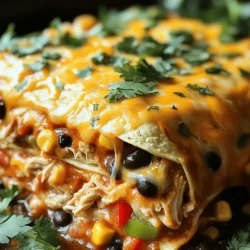 - 2 cups cooked chicken, shredded - 1 can (10 oz) enchilada sauce - 1 cup corn kernels (frozen or fresh) To make a great Chicken and Cheese Enchilada Casserole, you need three key items. First, you need cooked chicken. It adds protein and flavor. I recommend using shredded chicken for easy mixing. Next is enchilada sauce. It brings in that rich, spicy taste that enchiladas are known for. Lastly, corn kernels give a nice crunch and sweetness. You can use frozen or fresh corn based on what you have. - Fresh cilantro - Additional cheese varieties Optional ingredients can enhance your dish. Fresh cilantro adds a pop of green and a fresh taste. It works well as a garnish. You can also mix in other cheese types like Monterey Jack or pepper jack. This will give your casserole even more flavor and creaminess. Feel free to experiment with what you like! - 1 teaspoon cumin - 1 teaspoon chili powder - Salt and pepper to taste Spices are crucial for a flavorful casserole. Cumin gives a warm, earthy taste. Chili powder adds a bit of heat and depth. Don’t forget salt and pepper to bring all the flavors together. Adjust the spice levels to suit your taste. Spice blends can change a simple dish into something special. For the full recipe, you can check the [Full Recipe] link. 1. Preheat the oven: Set your oven to 350°F (175°C). This step ensures even cooking. 2. Sauté vegetables: In a skillet, add a splash of olive oil over medium heat. Add diced onion and bell peppers. Stir and cook until they soften, about 5 minutes. This makes the dish more flavorful. 1. Combine all filling ingredients: In a large bowl, mix shredded chicken, corn, black beans, sautéed vegetables, cumin, chili powder, salt, pepper, and half of the cheese. 2. Ensure even mixing: Use a spatula or spoon to mix well. This helps every bite have the same great taste. 1. Layering in the baking dish: Spread a thin layer of enchilada sauce at the bottom of a 9x13-inch baking dish. Place 4 tortillas at the base, overlapping if needed. 2. Important layering tips: Add half of the chicken mixture over the tortillas. Pour half of the remaining enchilada sauce on top and sprinkle some cheddar cheese. Repeat this step with the rest of the ingredients. 1. Covering and baking time: Cover the dish with aluminum foil and bake for 25 minutes. 2. The importance of checking doneness: Remove the foil and bake for an extra 10-15 minutes. Look for bubbly and golden cheese. This means your casserole is ready! For the complete recipe, refer to the [Full Recipe]. To shred chicken easily, use two forks. Hold the chicken with one fork and pull apart with the other. This method works well for cooked chicken. You can also use a stand mixer with a paddle attachment. Just mix for a few seconds until the chicken shreds. To enhance flavors, consider adding lime juice or fresh herbs. A squeeze of lime brightens the dish. Fresh cilantro adds a pop of flavor, too. You can also try adding a pinch of smoked paprika for a subtle smokiness. For accompaniments, serve with a side of rice or fresh salad. A simple green salad balances the richness of the casserole. You can also add guacamole or sour cream for extra creaminess. Best side dishes include refried beans or Mexican corn. These sides complement the casserole well. You can also serve tortilla chips for a crunchy texture. To adjust servings, simply double the recipe. Use a larger baking dish if needed. This casserole is great for gatherings. Make-ahead options are easy. You can prepare the casserole a day before. Just cover it and store it in the fridge. When ready to bake, add a few extra minutes to the cooking time. For the full recipe, check out the complete guide. {{image_2}} You can easily customize your Chicken and Cheese Enchilada Casserole. Here are some swaps: - Vegetables to add or omit: Try adding zucchini or spinach for extra nutrition. You can skip black beans if you prefer. - Alternative protein options: Use shredded beef or turkey instead of chicken. For a lighter dish, try cooked shrimp. You can adapt this recipe to fit your dietary needs: - Gluten-free options: Use corn tortillas instead of flour. Always check the enchilada sauce for gluten-free labels. - Vegetarian adaptations: Replace chicken with beans or lentils. Add more veggies, like mushrooms or sweet potatoes, for texture. Scaling this recipe is simple and handy: - Cooking for fewer servings: Halve all ingredients. Use a smaller baking dish for better cooking. - Doubling the recipe for larger groups: Just double the ingredients. Ensure you have a larger baking dish and adjust baking time as needed. For the full recipe, check out the detailed steps and ingredient list. To keep your Chicken and Cheese Enchilada Casserole fresh, store it in an airtight container. Place it in the fridge. It will last about 3 to 4 days. For best taste, eat it within this time frame. If you want to save it longer, freezing is a great option. To freeze the casserole, let it cool first. Cover it tightly with plastic wrap and then foil. This helps prevent freezer burn. You can freeze it for about 2 to 3 months. When ready to eat, thaw it in the fridge overnight. When reheating, I suggest using the oven for the best results. Preheat your oven to 350°F (175°C). Place the casserole in an oven-safe dish. Cover it with foil to keep it moist. Heat for about 20 to 30 minutes, or until it’s hot all the way through. If you prefer a quicker method, use the microwave. Place a slice on a microwave-safe plate. Heat it in short bursts of 1 to 2 minutes. Check often to avoid overheating. This keeps the texture and flavor nice. Enjoy your meal! Yes, you can prepare this casserole in advance. To make it ahead, layer the ingredients as usual. Cover the dish tightly with plastic wrap or foil. Store it in your fridge for up to 24 hours before baking. You can also freeze it for longer storage. If frozen, let it thaw overnight in the fridge before baking. Adjust the baking time, as you may need a bit more time to heat it through. If you need alternatives to tortillas, consider these options: - Zucchini slices: Thinly slice zucchini and layer them in the casserole. - Cauliflower rice: Spread cooked cauliflower rice for a low-carb option. - Polenta: Use cooked polenta as layers. It adds a nice flavor. These substitutions can give your dish a unique twist while keeping it delicious. Look for a few signs to check if your casserole is ready: - The cheese should be melted and bubbly. - The edges should be slightly golden. - A knife inserted in the center should come out hot. If you see these signs, your casserole is good to go! Enjoy the wonderful flavors in each bite. You have learned how to make a tasty Chicken and Cheese Enchilada Casserole. We covered essential and optional ingredients, as well as spices and seasonings to boost flavor. Step-by-step, we walked through prepping, mixing, and baking the dish. Tips for serving and variations make this recipe even better. Don't forget about storage and reheating for leftovers. Use these insights to create a meal everyone will enjoy. Happy cooking!