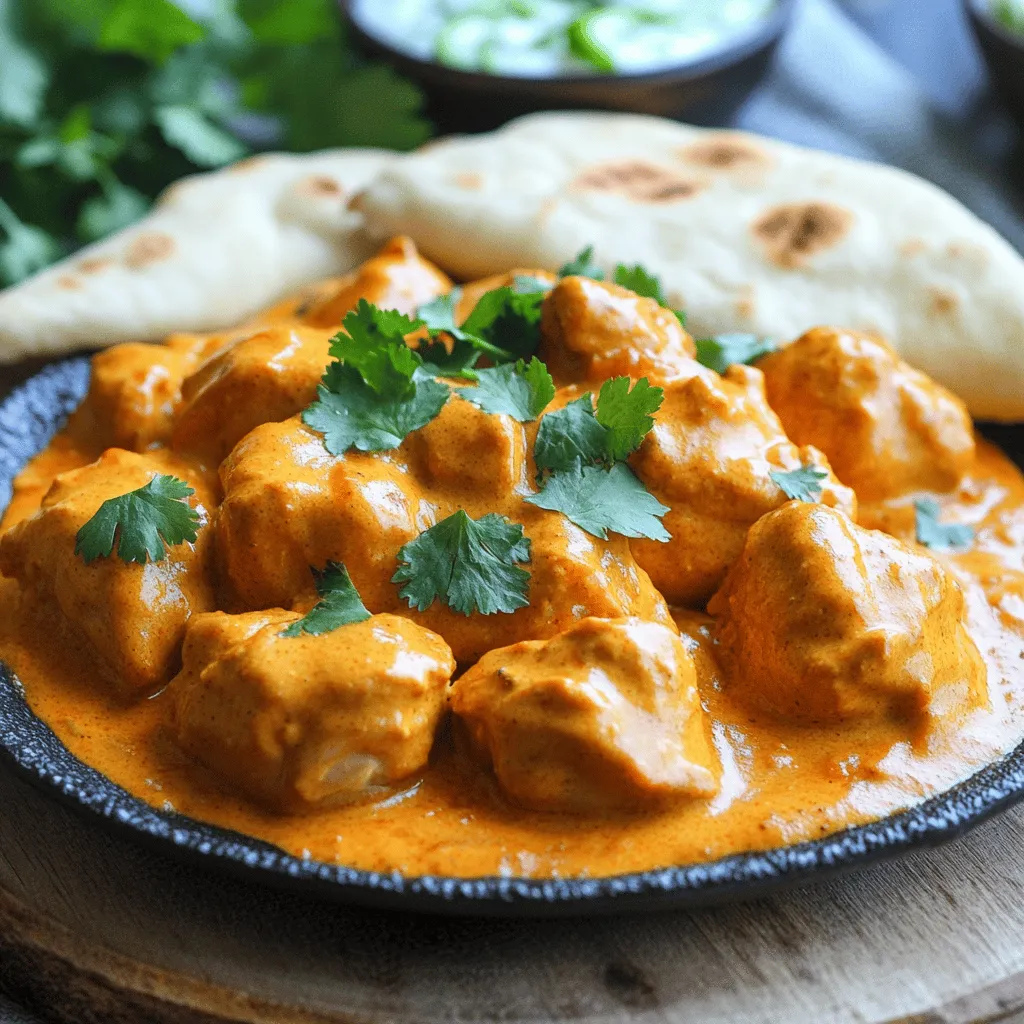 To make Indian butter chicken, you need a few key ingredients. These ingredients create the rich, creamy flavor that everyone loves. Here’s what you will need: - 500g chicken thighs, boneless and skinless, cut into bite-sized pieces - 1 cup plain yogurt - 2 tablespoons lemon juice - 2 teaspoons garam masala - 1 teaspoon turmeric powder - 1 teaspoon chili powder - 1 teaspoon salt - 3 tablespoons butter - 1 medium onion, finely chopped - 4 cloves garlic, minced - 1 inch ginger, grated - 1 can (400g) crushed tomatoes - 1 cup heavy cream - 1 teaspoon ground cumin - Fresh cilantro, chopped (for garnish) The spices and seasonings are what give Indian butter chicken its amazing taste. Each spice adds a unique flavor. Here’s a deeper look into these spices: - Garam masala adds warmth and depth. - Turmeric gives a golden color and earthy flavor. - Chili powder offers heat, so adjust for your taste. - Ground cumin brings a hint of sweetness and warmth. These spices combine to create a rich sauce that coats the chicken perfectly. When serving Indian butter chicken, you can enhance the meal with a few items. Here’s what I recommend: - Warm naan bread for dipping into the sauce. - Steamed basmati rice to soak up the flavors. - Cucumber raita for a cool contrast. - Fresh cilantro on top for a pop of color. These additions make your meal even more enjoyable. For the complete preparation steps, check out the Full Recipe. First, take a mixing bowl. Add the yogurt, lemon juice, garam masala, turmeric, chili powder, and salt. Mix them well. Now, add the chicken pieces. Make sure to coat each piece fully. Cover the bowl and place it in the fridge. Let it marinate for at least an hour. For the best taste, marinate overnight. Heat a large skillet over medium heat. Add the butter and let it melt. Once melted, add the chopped onion. Cook until the onion turns translucent, which takes about five minutes. Next, add the minced garlic and grated ginger. Cook these together for one to two minutes. You want to smell their amazing aroma. Now, add the marinated chicken and any leftover marinade to the skillet. Cook for about five to seven minutes. You want the chicken to be browned all over. Next, pour in the crushed tomatoes. Stir everything well. Let it simmer on low heat for ten minutes. This helps the flavors mix together. Finally, stir in the heavy cream and ground cumin. Cook for another ten minutes until the chicken is tender and the sauce is creamy. Before serving, taste the sauce and adjust the seasoning if needed. Serve this delicious Indian Butter Chicken hot with naan or rice. Enjoy the rich flavors! For the full recipe, check [Full Recipe]. To make your butter chicken shine, start with the marinade. Use plain yogurt for a smooth, creamy texture. The yogurt tenderizes the chicken and adds flavor. Mix in lemon juice, garam masala, turmeric, chili powder, and salt. This blend gives the chicken a rich taste. Let the chicken marinate for at least an hour. For the best results, let it sit overnight. This extra time allows the spices to soak in deeply. Serve your butter chicken hot for the best experience. Pair it with warm naan or steamed basmati rice. The soft bread and fluffy rice soak up the sauce well. Don’t forget to sprinkle fresh cilantro on top. It adds a burst of color and freshness. For a cooling contrast, add cucumber raita on the side. This yogurt dish balances the heat and adds creaminess. Butter chicken can be mild or spicy. If you like it hot, add more chili powder. Start with a little extra and taste as you go. For a milder version, reduce the chili powder in the marinade. You can also add more cream to tone down the spice. Adjusting spices lets you customize the dish to your taste. Enjoy experimenting until you find your perfect balance! {{image_2}} You can easily make Indian Butter Chicken gluten-free. Use gluten-free yogurt and check your spices. Most spices are naturally gluten-free, but always read labels. Serve it with fluffy basmati rice instead of naan. If you prefer a vegetarian dish, swap chicken for paneer or tofu. Marinade the same way for rich taste. For a vegan option, use coconut yogurt and cream. This will keep the sauce creamy and delicious. You can use other proteins in this recipe. Try shrimp, lamb, or turkey for a twist. Just adjust cooking times for each protein type. Ensure the meat is cooked through for safety. Each option brings new flavors to the table. To store leftover butter chicken, let it cool first. Place it in an airtight container. You can keep it in the fridge for up to three days. Make sure to seal the container well to keep it fresh. Label the container with the date. This helps you know when to eat it. For longer storage, butter chicken freezes well. Transfer cooled leftovers into freezer-safe bags or containers. Remove as much air as possible before sealing. Label the bags with the date too. You can freeze it for up to three months. When you are ready, take it out and thaw it in the fridge overnight. To reheat, you can use a microwave or stovetop. If using a microwave, heat it in short bursts. Stir in between to ensure even heating. If using the stovetop, warm it on low heat. Add a splash of water or cream to keep it moist. Always make sure it is heated all the way through before serving. Enjoy your creamy butter chicken again! You can serve Indian butter chicken with various sides. Warm naan bread is a classic choice. Steamed basmati rice pairs perfectly too. You might enjoy it with a fresh salad or cucumber raita. The cool raita balances the rich flavors of the chicken. These options enhance the meal and bring different textures. Yes, you can make this dish ahead of time. The flavors deepen when it sits. Cook the butter chicken and cool it. Store it in the fridge for up to three days. Reheat it gently before serving. This makes it a great option for meal prep. To thicken the butter chicken sauce, try a few methods. One easy way is to simmer it longer. This evaporates excess liquid and thickens the sauce. You can also add a bit of cornstarch mixed with water. Stir this mixture into the sauce until it thickens. Both methods work well for a rich, creamy finish. Butter chicken and tikka masala differ mainly in their sauces. Butter chicken has a creamy tomato sauce with butter. Tikka masala sauce is spicier and may use yogurt. Both are delicious, but they offer different flavor profiles. You can choose based on your taste preferences. For a detailed cooking guide, check the Full Recipe. It includes ingredients and step-by-step instructions to make this dish easy. Enjoy the creamy goodness and rich flavors of Indian butter chicken in your kitchen! In this post, we explored Indian Butter Chicken, focusing on key ingredients and spices. I shared step-by-step instructions to make it easy for you. We also discussed tips for the perfect meal, including serving ideas and spice adjustments. Consider variations like gluten-free options or vegetarian choices to suit your needs. Storing leftovers properly helps you enjoy this dish later. Finally, I answered common questions to guide your cooking journey. Now, it's time for you to create your own delicious Butter Chicken!