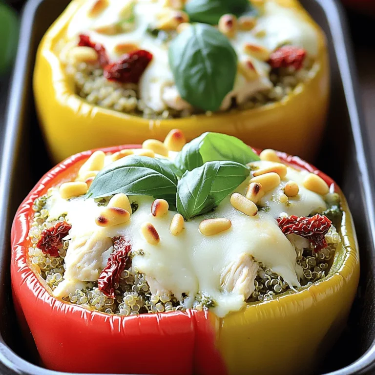 - 4 large bell peppers (any color) - 2 cups cooked chicken, shredded - 1/2 cup basil pesto - 1 cup quinoa, cooked - 1/2 cup mozzarella cheese, shredded - 1/4 cup sun-dried tomatoes, chopped - 1/4 cup pine nuts, toasted - Salt and pepper, to taste - Fresh basil leaves for garnish When I create Pesto Chicken Stuffed Peppers, I always start with fresh bell peppers. They bring color and crunch. You can choose any color you like, from green to red. Next, I use cooked chicken. Shredded chicken works best here. I often use leftovers or rotisserie chicken to save time. Basil pesto is the star of this dish. Its rich flavor makes the chicken shine. I like to use a good-quality pesto, homemade or store-bought. This dish also needs cooked quinoa for texture and nutrients. For added creaminess, I mix in shredded mozzarella cheese. Sun-dried tomatoes add a burst of flavor, while toasted pine nuts offer a nice crunch. I season everything with salt and pepper to boost the flavors. Finally, I like to garnish with fresh basil leaves. They add a pop of color and fresh taste. This recipe is simple and uses easy-to-find ingredients. For the full recipe, you can refer to the sections above. Enjoy cooking! - Preheat your oven to 375°F (190°C). - Cut the tops off the bell peppers and remove the seeds. Start by washing the bell peppers. I love using bright, colorful peppers for this dish. They not only look good but also add different flavors. Once you cut off the tops, be sure to scoop out all the seeds and membranes. This step is crucial. It helps the filling mix with the pepper's flavor. - Combine chicken, pesto, quinoa, and cheeses. In a large bowl, mix the cooked chicken, pesto, quinoa, and cheeses. I prefer to use mozzarella for its creamy texture. The sun-dried tomatoes and toasted pine nuts add a nice crunch. Mix until everything is coated in the pesto. Taste your filling. Add salt and pepper as needed for better flavor. - Fill the peppers and place in the baking dish. - Cover with foil and bake for 25 minutes. Now it’s time to stuff those peppers! Use a spoon to pack the filling tightly into each one. Place the stuffed peppers upright in a baking dish. If they wobble, slice a little off the bottom for balance. Cover the dish with foil. Bake them in the oven for 25 minutes. This helps them cook evenly and stay moist. If you want a crispy top, take off the foil for the last 10-15 minutes. For the full recipe, check the earlier section. Enjoy the process of making these flavorful stuffed peppers! To make the best stuffed peppers, start with fresh bell peppers. Choose peppers that feel firm and heavy. Look for bright colors and smooth skin without blemishes. These signs mean they are ripe and tasty. To ensure even cooking, cut the tops of the peppers off and remove the seeds. When stuffing, pack the filling tight. This helps them cook uniformly. Place the peppers upright in a baking dish. If they wobble, trim the bottom slightly. If you have a convection oven, reduce baking time by about 5 minutes. For older ovens, add a few extra minutes. Every oven is different, so keep an eye on your peppers. To check for doneness, poke a fork into the peppers. They should be soft but not mushy. The cheese on top should be golden brown. This means they are ready to eat! Garnish your stuffed peppers with fresh basil leaves for a pop of color. You can also sprinkle extra cheese on top before baking for a cheesy finish. For serving, pair the peppers with a simple salad or some crusty bread. The balance of flavors will excite your taste buds. You can find the full recipe [here](#). {{image_2}} You can easily change the filling to suit your tastes. For a vegetarian twist, use mushrooms or beans. Both options add texture and flavor. If you want more cheese, try mixing in feta or cheddar. This makes each bite rich and creamy. Spices can boost the taste of your stuffed peppers. Garlic powder adds depth, while crushed red pepper brings heat. If you want to mix it up, try adding different sauces. A drizzle of balsamic glaze or a sprinkle of lemon juice can brighten the dish. You don’t need to bake these peppers only. An air fryer works great too. It cuts down cooking time and gives a nice crisp. Grilling is a fun option as well. It adds a smoky flavor that complements the pesto chicken perfectly. For the full recipe, check out the details above. Enjoy your cooking adventure! To keep your stuffed peppers fresh, store them in an airtight container. This helps prevent drying out. Place the peppers in the fridge within two hours of cooking. They can last for up to four days. When you want to enjoy them again, reheat carefully. Preheat your oven to 350°F (175°C). Place the peppers in a baking dish, cover with foil, and heat for about 15 minutes. This keeps them moist and warm. If you want to save some stuffed peppers for later, freezing is a great option. First, let them cool completely. Then, wrap each pepper in plastic wrap. Place the wrapped peppers in a freezer-safe bag or container. They can stay good for up to three months. When you’re ready to eat, take them out and thaw overnight in the fridge. To reheat, place them in a 350°F (175°C) oven for about 25 minutes. This will help bring back their flavor and texture. You can prep the ingredients a day in advance. Chop the bell peppers and store them in the fridge. Mix the chicken, pesto, quinoa, and cheese. Keep this filling in a separate container. When you're ready to cook, just stuff the peppers and bake. This tip saves time and makes cooking easier. Yes, you can use turkey or beef instead of chicken. Ground turkey works well, too. Just cook it before adding to the filling. Mix it with the pesto and other ingredients. This way, you can customize the recipe to your taste. These stuffed peppers pair well with a simple salad or garlic bread. You can also serve them with roasted veggies or rice. These sides complete the meal and offer a nice balance of flavors. Leftovers stay good for about 3 to 4 days in the fridge. Make sure to store them in an airtight container. To reheat, bake or microwave until hot. This keeps the flavors fresh and delicious. For the full recipe, check out the [Full Recipe]. Pesto Chicken Stuffed Peppers are easy to make and full of flavor. You start with fresh bell peppers and fill them with a tasty mix of chicken, quinoa, and pesto. Remember to pick the best peppers and bake them just right for a great result. You can customize your peppers with different fillings or cooking methods. Don't forget to store any leftovers properly. Enjoy this fun recipe any time! It's a simple yet satisfying meal everyone will love.