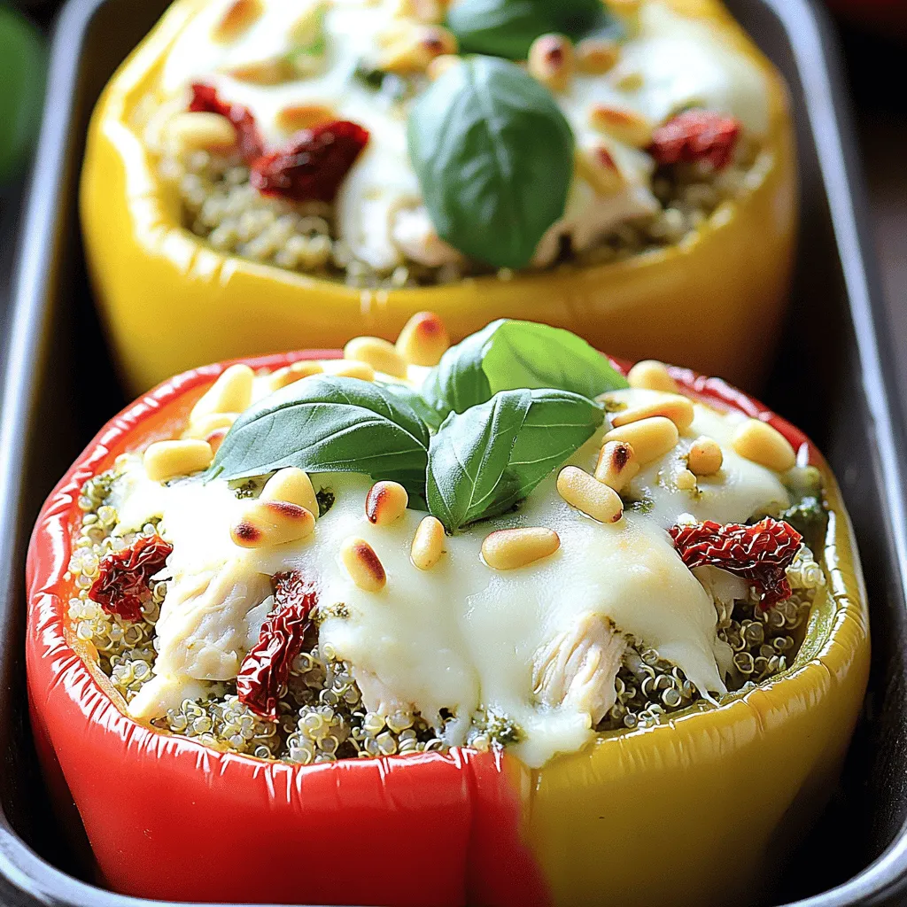 - 4 large bell peppers (any color) - 2 cups cooked chicken, shredded - 1/2 cup basil pesto - 1 cup quinoa, cooked - 1/2 cup mozzarella cheese, shredded - 1/4 cup sun-dried tomatoes, chopped - 1/4 cup pine nuts, toasted - Salt and pepper, to taste - Fresh basil leaves for garnish When I create Pesto Chicken Stuffed Peppers, I always start with fresh bell peppers. They bring color and crunch. You can choose any color you like, from green to red. Next, I use cooked chicken. Shredded chicken works best here. I often use leftovers or rotisserie chicken to save time. Basil pesto is the star of this dish. Its rich flavor makes the chicken shine. I like to use a good-quality pesto, homemade or store-bought. This dish also needs cooked quinoa for texture and nutrients. For added creaminess, I mix in shredded mozzarella cheese. Sun-dried tomatoes add a burst of flavor, while toasted pine nuts offer a nice crunch. I season everything with salt and pepper to boost the flavors. Finally, I like to garnish with fresh basil leaves. They add a pop of color and fresh taste. This recipe is simple and uses easy-to-find ingredients. For the full recipe, you can refer to the sections above. Enjoy cooking! - Preheat your oven to 375°F (190°C). - Cut the tops off the bell peppers and remove the seeds. Start by washing the bell peppers. I love using bright, colorful peppers for this dish. They not only look good but also add different flavors. Once you cut off the tops, be sure to scoop out all the seeds and membranes. This step is crucial. It helps the filling mix with the pepper's flavor. - Combine chicken, pesto, quinoa, and cheeses. In a large bowl, mix the cooked chicken, pesto, quinoa, and cheeses. I prefer to use mozzarella for its creamy texture. The sun-dried tomatoes and toasted pine nuts add a nice crunch. Mix until everything is coated in the pesto. Taste your filling. Add salt and pepper as needed for better flavor. - Fill the peppers and place in the baking dish. - Cover with foil and bake for 25 minutes. Now it’s time to stuff those peppers! Use a spoon to pack the filling tightly into each one. Place the stuffed peppers upright in a baking dish. If they wobble, slice a little off the bottom for balance. Cover the dish with foil. Bake them in the oven for 25 minutes. This helps them cook evenly and stay moist. If you want a crispy top, take off the foil for the last 10-15 minutes. For the full recipe, check the earlier section. Enjoy the process of making these flavorful stuffed peppers! To make the best stuffed peppers, start with fresh bell peppers. Choose peppers that feel firm and heavy. Look for bright colors and smooth skin without blemishes. These signs mean they are ripe and tasty. To ensure even cooking, cut the tops of the peppers off and remove the seeds. When stuffing, pack the filling tight. This helps them cook uniformly. Place the peppers upright in a baking dish. If they wobble, trim the bottom slightly. If you have a convection oven, reduce baking time by about 5 minutes. For older ovens, add a few extra minutes. Every oven is different, so keep an eye on your peppers. To check for doneness, poke a fork into the peppers. They should be soft but not mushy. The cheese on top should be golden brown. This means they are ready to eat! Garnish your stuffed peppers with fresh basil leaves for a pop of color. You can also sprinkle extra cheese on top before baking for a cheesy finish. For serving, pair the peppers with a simple salad or some crusty bread. The balance of flavors will excite your taste buds. You can find the full recipe [here](#). {{image_2}} You can easily change the filling to suit your tastes. For a vegetarian twist, use mushrooms or beans. Both options add texture and flavor. If you want more cheese, try mixing in feta or cheddar. This makes each bite rich and creamy. Spices can boost the taste of your stuffed peppers. Garlic powder adds depth, while crushed red pepper brings heat. If you want to mix it up, try adding different sauces. A drizzle of balsamic glaze or a sprinkle of lemon juice can brighten the dish. You don’t need to bake these peppers only. An air fryer works great too. It cuts down cooking time and gives a nice crisp. Grilling is a fun option as well. It adds a smoky flavor that complements the pesto chicken perfectly. For the full recipe, check out the details above. Enjoy your cooking adventure! To keep your stuffed peppers fresh, store them in an airtight container. This helps prevent drying out. Place the peppers in the fridge within two hours of cooking. They can last for up to four days. When you want to enjoy them again, reheat carefully. Preheat your oven to 350°F (175°C). Place the peppers in a baking dish, cover with foil, and heat for about 15 minutes. This keeps them moist and warm. If you want to save some stuffed peppers for later, freezing is a great option. First, let them cool completely. Then, wrap each pepper in plastic wrap. Place the wrapped peppers in a freezer-safe bag or container. They can stay good for up to three months. When you’re ready to eat, take them out and thaw overnight in the fridge. To reheat, place them in a 350°F (175°C) oven for about 25 minutes. This will help bring back their flavor and texture. You can prep the ingredients a day in advance. Chop the bell peppers and store them in the fridge. Mix the chicken, pesto, quinoa, and cheese. Keep this filling in a separate container. When you're ready to cook, just stuff the peppers and bake. This tip saves time and makes cooking easier. Yes, you can use turkey or beef instead of chicken. Ground turkey works well, too. Just cook it before adding to the filling. Mix it with the pesto and other ingredients. This way, you can customize the recipe to your taste. These stuffed peppers pair well with a simple salad or garlic bread. You can also serve them with roasted veggies or rice. These sides complete the meal and offer a nice balance of flavors. Leftovers stay good for about 3 to 4 days in the fridge. Make sure to store them in an airtight container. To reheat, bake or microwave until hot. This keeps the flavors fresh and delicious. For the full recipe, check out the [Full Recipe]. Pesto Chicken Stuffed Peppers are easy to make and full of flavor. You start with fresh bell peppers and fill them with a tasty mix of chicken, quinoa, and pesto. Remember to pick the best peppers and bake them just right for a great result. You can customize your peppers with different fillings or cooking methods. Don't forget to store any leftovers properly. Enjoy this fun recipe any time! It's a simple yet satisfying meal everyone will love.