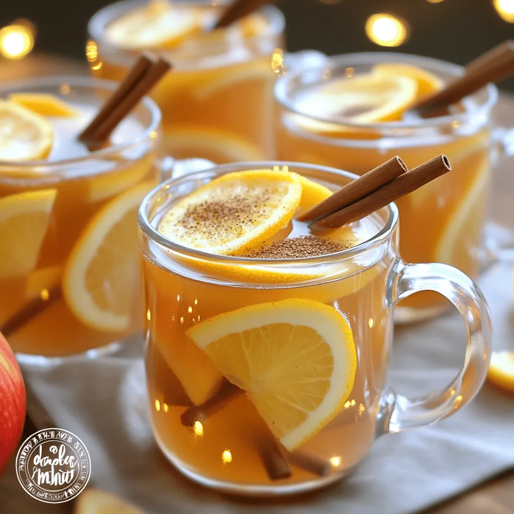 To make spiced apple cider, gather these simple items: - 8 cups apple cider - 1 orange, sliced - 1 lemon, sliced - 4 cinnamon sticks - 1 teaspoon whole cloves - 1 teaspoon allspice berries - 1 teaspoon ginger, sliced - 1/2 cup maple syrup (adjust to taste) - Optional: Fresh apple slices for garnish You can swap out some ingredients if needed. Use pear cider instead of apple cider for a different flavor. If you don’t have fresh ginger, try ginger powder. You can also use brown sugar in place of maple syrup. For a citrus twist, add grapefruit slices instead of lemon or orange. The ingredients in spiced apple cider offer great health perks. Apple cider is rich in antioxidants, which help fight free radicals. Cinnamon may help lower blood sugar levels and ease inflammation. Ginger boosts your immune system and aids digestion. Oranges and lemons provide vitamin C, which supports overall health. Using maple syrup instead of white sugar can add minerals like manganese and zinc. Enjoying this drink can warm you up while giving your body a healthy boost. Start by gathering your ingredients. You will need: - 8 cups apple cider - 1 orange, sliced - 1 lemon, sliced - 4 cinnamon sticks - 1 teaspoon whole cloves - 1 teaspoon allspice berries - 1 teaspoon ginger, sliced - 1/2 cup maple syrup (adjust to taste) - Optional: Fresh apple slices for garnish Next, pour the apple cider into a large pot. Place the pot over medium heat. Add the orange and lemon slices. Their zest will add a bright flavor to your cider. Toss in the cinnamon sticks, whole cloves, allspice berries, and sliced ginger. These spices will create warmth and depth in your drink. Stir in the maple syrup. Start with half a cup and mix it well. You want it to dissolve completely. Heat the cider until it gently simmers. Once it reaches a simmer, lower the heat. Let it simmer for about 30 minutes. This time allows the flavors to blend beautifully. After 30 minutes, taste your cider. If it needs more sweetness, add a little more maple syrup. Adjust until it suits your taste. Remove the pot from the heat. Let it cool slightly. Then strain the cider through a fine mesh sieve. This step removes all solid spices and fruit slices. For the best flavor, use fresh spices. They enhance the cider's taste. Don’t skip the citrus; it brightens the drink. If you enjoy a stronger spice flavor, let it steep longer. You can also add a pinch of nutmeg for extra warmth. Serve your spiced apple cider hot in mugs. Garnish with fresh apple slices for a nice touch. You can find the full recipe in the earlier section for further details. Enjoy your warm and cozy drink anytime! To brew the best spiced apple cider, start with fresh apple cider. Look for cider made from a mix of sweet and tart apples. This blend gives your drink depth. Heat the cider slowly over medium heat. This helps the flavors meld without boiling away the good stuff. Stir gently as you add spices. Use whole spices for a clearer drink and more flavor. You can change the sweetness to fit your taste. Start with half a cup of maple syrup. After simmering, taste the cider. Add more syrup if you want it sweeter. For spice, the cinnamon and cloves add warmth. If you love a kick, add more ginger or allspice. Small changes can make a big difference! Serve your cider hot in cozy mugs. Add fresh apple slices on top for a nice look. You can also sprinkle a bit of cinnamon for extra flavor. For a fun twist, pair your cider with snacks like cheese or nuts. This drink can warm you up on a cold day or bring cheer to any gathering. For the full recipe, check out Spiced Apple Cider Delight! {{image_2}} Spiced apple cider is a blank canvas for flavors. You can mix in new tastes to make it your own. Here are some fun ideas: - Vanilla bean: Add half a pod for a warm, sweet note. - Nutmeg: Just a pinch adds depth and warmth. - Cardamom: This spice gives a unique twist that surprises your taste buds. - Pineapple juice: A splash brightens the drink with tropical vibes. Each combination will change the cider’s flavor. Experiment to find your favorite mix. You can enjoy spiced apple cider in many ways. For a cozy drink, serve it hot and non-alcoholic. This is perfect for kids and gatherings. To make it adult-friendly, add a splash of rum or bourbon. The warmth of the alcohol blends nicely with the spices. Serve it in mugs for a comforting feel, or in a punch bowl for a festive occasion. When seasons change, you can change your cider too! In autumn, use fresh apples and pears for a richer taste. In winter, try dried fruits like figs or apricots. They add sweetness and depth. In spring, swap in fresh herbs like mint or basil for a refreshing touch. Summer calls for citrus peels or fresh berries to lighten the drink. Each season brings new flavors to explore. Try these variations with the full recipe to create a spiced apple cider that suits your mood! You can store your spiced apple cider in the fridge. Use an airtight container. If you have leftovers, make sure they cool first. This keeps the cider fresh longer. Homemade spiced apple cider lasts about one week in the fridge. After that, it may lose flavor. Always check for any off smells or changes in color before using. To reheat your cider, pour it into a pot. Heat it over medium-low until warm. You can also use a microwave in a microwave-safe container. Stir it before serving to mix the spices well. Enjoy the cider hot, just like when you first made it. For the full recipe, check out the earlier section. Spiced apple cider is a warm, cozy drink. Many people ask if it is healthy. The answer is yes! It has real fruit and spices that can boost your mood. You can enjoy it at any time, especially in fall and winter. You can serve it warm or cold. To make spiced apple cider in a slow cooker, follow these steps: 1. Pour 8 cups of apple cider into the slow cooker. 2. Add one sliced orange and one sliced lemon for a fresh taste. 3. Toss in four cinnamon sticks, one teaspoon of whole cloves, one teaspoon of allspice berries, and one teaspoon of sliced ginger. 4. Stir in half a cup of maple syrup. 5. Set the slow cooker to low and let it cook for 4 to 6 hours. 6. Stir occasionally. This will let the spices mix well with the cider. Using a slow cooker makes it easy to enjoy spiced apple cider at any time. You can sip it while you relax or serve it to guests. Yes, you can freeze spiced apple cider. Just follow these tips: - Let the cider cool completely before freezing. - Pour it into freezer-safe containers or bags. Leave some space at the top because the cider will expand as it freezes. - Label the containers with the date for easy tracking. Frozen spiced apple cider can last for up to six months. When you're ready to enjoy it, thaw it in the fridge overnight. Then, heat it gently on the stove or in the microwave. It's a great way to savor the flavors long after the season ends. For a full recipe, check out the details above! In this article, I shared how to make spiced apple cider. We reviewed the needed ingredients, including substitutions and health benefits. I provided clear steps for preparation and infusion. You now have tips for brewing and serving cider, as well as fun flavor variations. Remember, homemade cider is flexible and fun. Adjust sweetness and spices to fit your taste. Use fresh ingredients for the best flavor. Enjoy your delicious cider with friends or cozy up at home!