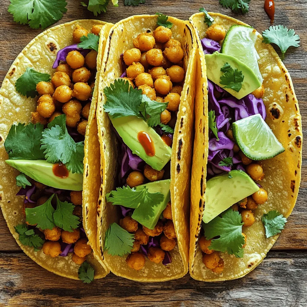 Spicy chickpea tacos are simple to make. You only need a few key items. Each ingredient brings great taste. They combine well for a yummy meal. Here is what you need: - 1 can (15 oz) chickpeas, drained and rinsed - 2 tablespoons olive oil - 1 teaspoon chili powder - 1/2 teaspoon cumin - 1/2 teaspoon smoked paprika - 1/4 teaspoon cayenne pepper (adjust to taste) - Salt and pepper, to taste - 8 small corn or flour tortillas These ingredients make the base of the dish. Chickpeas are high in protein and fiber. They give a nice texture and flavor. To make your tacos even better, try these toppings: - 1 avocado, sliced - 1 cup purple cabbage, finely shredded - 1/4 cup fresh cilantro, chopped - 1 lime, cut into wedges - Optional: hot sauce, for serving These toppings add fresh flavors and colors. Avocado gives creaminess. Cabbage adds crunch. Cilantro adds a burst of brightness. Lime juice gives a nice zing. You can find the full recipe to create your own spicy chickpea tacos! Start by rinsing the canned chickpeas. Drain them well and place them in a medium bowl. Add olive oil, chili powder, cumin, smoked paprika, cayenne pepper, salt, and pepper. Mix them well until all the chickpeas are coated. This step adds flavor and spice to your tacos. Heat a non-stick skillet over medium heat. Add the seasoned chickpeas to the skillet. Sauté them for about 5 to 7 minutes. Stir occasionally to ensure they cook evenly. You want them to be crispy on the outside and warm all the way through. While the chickpeas are cooking, warm the tortillas in another skillet or microwave. Once warm, place a generous spoonful of the spicy chickpeas on each tortilla. Add sliced avocado and shredded cabbage on top. Sprinkle some fresh cilantro over everything. Serve with lime wedges on the side. You can add hot sauce for extra heat if you like. For the full recipe, check out the details above. To make your chickpeas shine, start with good spices. Use fresh chili powder for a kick. Cumin adds warmth, while smoked paprika gives a rich flavor. I like to add cayenne pepper for heat, but you can adjust this to your taste. Salt and pepper enhance all the flavors, so don’t skip them! Toss the chickpeas well in a bowl. Make sure every chickpea is coated. This step is key for even flavor. When you sauté them, they become crispy and packed with taste. Keeping your tortillas warm is easy. You can wrap them in a clean kitchen towel. This traps the heat and keeps them soft. If you prefer, place them in a tortilla warmer. This is a fun tool that keeps them just right. You can also warm tortillas in the oven. Preheat the oven to a low setting, then place them inside. Cover them with foil to keep them warm. This method works well if you have a lot of tortillas to serve. Toppings make your tacos pop! I love adding sliced avocado. It brings creaminess that balances the spice. Shredded purple cabbage adds a nice crunch and color. Fresh cilantro gives a bright taste that lifts the dish. Don’t forget the lime wedges! A squeeze of lime adds freshness. If you like it hot, drizzle on some hot sauce. These toppings make each bite exciting. You can play around with your favorites to find what you love most. For the full recipe, check out the detailed instructions above. {{image_2}} You can swap chickpeas for other proteins. Try black beans for a tasty twist. Lentils also work well and add a lovely texture. If you prefer meat, chicken or beef works too. Just season them like chickpeas for the same great flavor. If you want a bowl instead of tacos, go for it! Start with a base of rice or quinoa. Then, add your spicy chickpeas on top. Layer with avocado, cabbage, and cilantro. Squeeze some lime over everything for a fresh kick. This makes a filling meal, full of flavor. This recipe is easy to adjust for your needs. If you want it vegan, the recipe is already perfect. Just skip any cheese toppings. For vegetarians, you can add cheese like feta or cotija on top. Both options keep the meal tasty and satisfying. For the complete recipe, check out the Full Recipe. If you have leftover chickpeas, store them in an airtight container. Keep them in the fridge. They will last for about three days. You can use them in salads or soups later. For best taste, eat them fresh. Storing assembled tacos can be tricky. The tortillas can get soggy. If you must store them, keep the filling and tortillas separate. Wrap the tortillas in foil or plastic wrap. Place the chickpeas in a separate container. This way, they stay fresh and crispy. To reheat the chickpeas, use a skillet. Heat on medium until warm. You can also use a microwave. Just make sure to cover the dish. For the tortillas, warm them in a dry skillet for a few seconds. This keeps them soft and tasty. Enjoy your tacos fresh! For the full recipe, check out the Spicy Chickpea Tacos section. To make Spicy Chickpea Tacos vegan, simply stick to the ingredients listed. All the components are already plant-based. Use corn or flour tortillas without any animal products. For toppings, avocado, cabbage, and cilantro are perfect. You can also add your favorite vegan hot sauce for extra kick. Yes, you can use dried chickpeas! First, soak them overnight in water. After soaking, cook them until tender, which takes about 1 to 2 hours. Once cooked, drain and rinse them. Then, follow the same steps as in the Full Recipe. This way, you get fresh chickpeas full of flavor. Many sides pair well with Spicy Chickpea Tacos. Here are some options: - Mexican rice - Black beans - Grilled corn - Fresh salsa - Guacamole - A simple side salad These sides balance the flavors and add more nutrients to your meal. Enjoy! In this blog post, we explored how to make tasty spicy chickpea tacos. We covered the ingredients you need, how to prepare the chickpeas, and the best ways to assemble your tacos. You learned tips for great flavor and how to store leftovers. You can easily make these tacos vegan or try different proteins. Spice up your meals or try a taco bowl. Enjoy these simple recipes and keep experimenting in your kitchen. Delicious meals can be quick and fun!