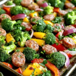 - 1 pound Italian sausage - 2 cups broccoli florets - 1 red bell pepper, sliced - 1 yellow bell pepper, sliced - 1 medium red onion, sliced - 3 cloves garlic, minced - 3 tablespoons olive oil - 1 teaspoon dried oregano - 1 teaspoon smoked paprika - Salt and pepper to taste - Fresh parsley for garnish These ingredients come together to create a tasty and colorful sheet pan dinner. The Italian sausage adds a nice kick, while the veggies bring freshness. You can use mild or spicy sausage based on your taste. Broccoli adds crunch and nutrition. The bell peppers offer sweetness, and red onion gives a touch of sharpness. Garlic enhances the flavors, while olive oil helps everything cook evenly and adds richness. Dried oregano and smoked paprika provide depth. Don’t forget the salt and pepper; they boost all the flavors. Lastly, fresh parsley brightens the dish. Feel free to tweak this list to match your preferences. You can add or swap vegetables and even try different sausages. This dish is all about flexibility and flavor. For the full recipe, check out the instructions above. Enjoy your tasty creation! 1. Preheat the oven: Start by preheating your oven to 425°F (220°C). This ensures a nice, hot cooking environment for the food. 2. Prepare vegetables: Chop 2 cups of broccoli florets, slice 1 red bell pepper, and slice 1 yellow bell pepper. Also, slice 1 medium red onion and mince 3 cloves of garlic. This mix will add color and flavor. 3. Cut sausage: Take 1 pound of Italian sausage and cut it into 1-inch pieces. You can choose mild or spicy sausage based on your taste. 1. Toss veggies with oil and spices: In a large bowl, combine the chopped veggies. Drizzle 2 tablespoons of olive oil over them. Add 1 teaspoon of dried oregano, 1 teaspoon of smoked paprika, and salt and pepper to taste. Toss well to coat all the veggies evenly. 2. Position veggies and sausage on baking sheet: Transfer the seasoned veggies to one side of a lined baking sheet. Spread them out in a single layer. Then, add the sausage pieces to the other side of the sheet. Drizzle the remaining tablespoon of olive oil over the sausage and season lightly with salt and pepper. 1. Cooking time: Place the sheet pan in the preheated oven. Roast everything for about 25-30 minutes. The sausage should be browned and cooked through, while the veggies become tender and slightly caramelized. 2. Stirring halfway through: Make sure to stir the ingredients halfway through the cooking time. This helps everything roast evenly and develop great flavor. For the full recipe, check out the detailed instructions to make this meal a delight! To get the best out of your sausage and veggie sheet pan dinner, aim for perfect doneness. Cook the sausage until it is golden brown and fully cooked. This usually takes about 25 to 30 minutes. The veggies should be tender and slightly caramelized. Stir everything halfway through. This helps it cook evenly. Evenly distributing the ingredients on the pan is key. Spread the veggies and sausage apart to ensure they roast well. If they are too close, they may steam instead of roast. Use a large baking sheet to give them room. Adding extra spices can elevate your dish. Try using Italian seasoning or red pepper flakes for a kick. You can also experiment with garlic powder or onion powder for more depth. These small changes can make a big difference. Fresh herbs are great for garnish. Chopped parsley adds color and freshness. You could also use basil or thyme. Sprinkle these on right before serving for the best flavor. Prep your veggies ahead of time. Chopping them the night before saves you time on busy weeknights. Store them in the fridge until you’re ready to cook. You can also explore alternative cooking methods. If you’re short on time, use an air fryer. This method cooks food quickly and keeps it crispy. Just follow the same steps, adjusting the cook time as needed. For the full recipe, check out the details above. {{image_2}} You can choose between spicy and mild sausage. Spicy sausage adds a kick to your meal. It wakes up your taste buds. On the other hand, mild sausage offers rich flavors without the heat. If you want to try something different, consider using chicken or tofu. Chicken provides lean protein. Tofu is great for a plant-based option. Both alternatives work well in this dish. Using seasonal vegetables makes this meal even better. You can swap in vegetables based on what’s fresh. For spring, consider using asparagus or peas. Summer favorites include zucchini or eggplant. In fall, root vegetables like carrots or sweet potatoes shine. Feel free to add more veggies to the mix. The more colors on your plate, the more fun it is to eat! You can change up the flavors by using different spice blends. Try adding cumin and coriander for a warm touch. For a zesty twist, mix in some lemon zest or chili flakes. You can also incorporate sauces or marinades. A splash of balsamic vinegar or soy sauce can elevate the dish. Experiment with flavors to find your perfect balance. Check out the Full Recipe for more details! To keep your sausage and veggie sheet pan dinner fresh, first let it cool. Place leftovers in a shallow container. This helps them cool fast. Cover the container tightly with a lid or plastic wrap. Store it in your fridge. Use these tips for best results: - Store within two hours of cooking. - Keep leftovers for up to three days. When you're ready to eat leftovers, reheating is key. The best method is to use the oven. It keeps the sausage and veggies tasty. Here is how you can do it: 1. Preheat your oven to 350°F (175°C). 2. Place leftovers on a baking sheet. 3. Cover them with foil to keep moisture in. 4. Heat for about 15-20 minutes. This way, your meal stays flavorful and warm. Meal prep saves time on busy nights. You can chop veggies and sausage ahead. Store them in the fridge for up to two days. This speeds up cooking. For long-term storage, try freezing: - Place cooked sausage and veggies in freezer bags. - Use airtight containers to prevent freezer burn. - Label bags with the date. You can freeze them for up to three months. When you're ready to eat, just thaw and reheat! For the full recipe, check back to the ingredients list. To make this dish, start by preheating your oven to 425°F (220°C). Line a large baking sheet with parchment paper for easy cleanup. In a bowl, mix broccoli, bell peppers, onion, and garlic. Drizzle olive oil over the veggies and add dried oregano, smoked paprika, salt, and pepper. Toss to coat. Spread the veggies on one side of the baking sheet. Cut the sausage into 1-inch pieces and place them on the other side. Drizzle with olive oil and season. Roast in the oven for 25-30 minutes. Stir halfway through for even cooking. Once done, garnish with parsley and serve hot. For a detailed guide, check the Full Recipe. Yes, you can use frozen vegetables. Frozen veggies are convenient and save time. However, fresh vegetables offer better texture and flavor. If using frozen, adjust cooking time. They may need a few extra minutes to roast well. Make sure to thaw and drain excess water before adding them to the pan. This helps avoid soggy results. This meal pairs well with many sides. Consider serving it with a simple green salad for freshness. Garlic bread or crusty rolls also complement this dish nicely. For drinks, a light white wine or sparkling water with lemon can enhance the meal. These options balance the hearty flavors of the sausage and veggies. Enjoy experimenting with different combinations! This blog post covered a tasty sausage and veggie sheet pan dinner. We reviewed the ingredients, step-by-step instructions, and helpful tips. You can mix in seasonal veggies and choose different proteins to customize the dish. Proper storage and reheating ensure your leftovers stay fresh and delicious. I hope you feel inspired to try this easy meal. It’s a great way to enjoy wholesome food with minimal effort. Now, gather your ingredients and enjoy cooking!