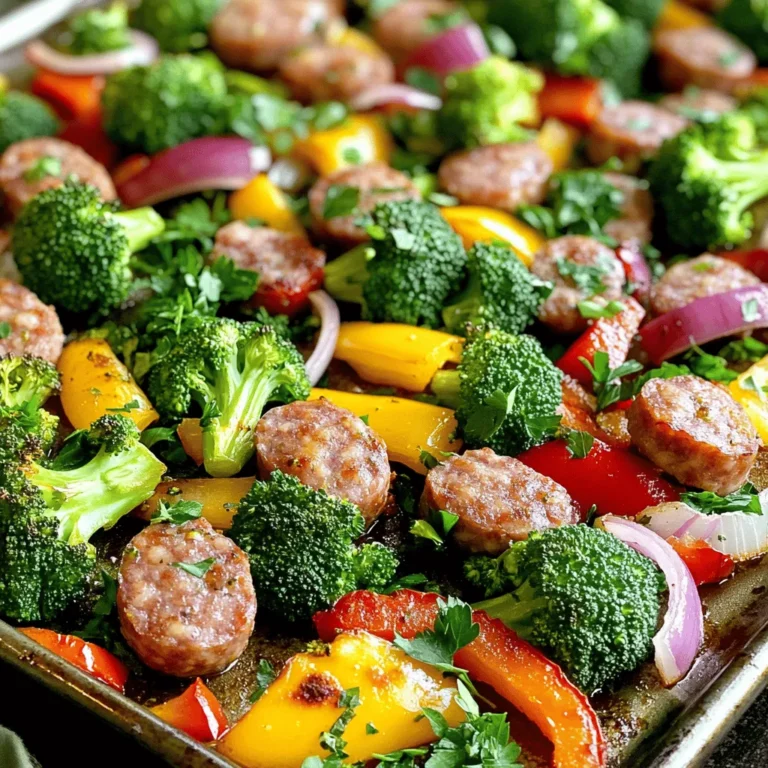 - 1 pound Italian sausage - 2 cups broccoli florets - 1 red bell pepper, sliced - 1 yellow bell pepper, sliced - 1 medium red onion, sliced - 3 cloves garlic, minced - 3 tablespoons olive oil - 1 teaspoon dried oregano - 1 teaspoon smoked paprika - Salt and pepper to taste - Fresh parsley for garnish These ingredients come together to create a tasty and colorful sheet pan dinner. The Italian sausage adds a nice kick, while the veggies bring freshness. You can use mild or spicy sausage based on your taste. Broccoli adds crunch and nutrition. The bell peppers offer sweetness, and red onion gives a touch of sharpness. Garlic enhances the flavors, while olive oil helps everything cook evenly and adds richness. Dried oregano and smoked paprika provide depth. Don’t forget the salt and pepper; they boost all the flavors. Lastly, fresh parsley brightens the dish. Feel free to tweak this list to match your preferences. You can add or swap vegetables and even try different sausages. This dish is all about flexibility and flavor. For the full recipe, check out the instructions above. Enjoy your tasty creation! 1. Preheat the oven: Start by preheating your oven to 425°F (220°C). This ensures a nice, hot cooking environment for the food. 2. Prepare vegetables: Chop 2 cups of broccoli florets, slice 1 red bell pepper, and slice 1 yellow bell pepper. Also, slice 1 medium red onion and mince 3 cloves of garlic. This mix will add color and flavor. 3. Cut sausage: Take 1 pound of Italian sausage and cut it into 1-inch pieces. You can choose mild or spicy sausage based on your taste. 1. Toss veggies with oil and spices: In a large bowl, combine the chopped veggies. Drizzle 2 tablespoons of olive oil over them. Add 1 teaspoon of dried oregano, 1 teaspoon of smoked paprika, and salt and pepper to taste. Toss well to coat all the veggies evenly. 2. Position veggies and sausage on baking sheet: Transfer the seasoned veggies to one side of a lined baking sheet. Spread them out in a single layer. Then, add the sausage pieces to the other side of the sheet. Drizzle the remaining tablespoon of olive oil over the sausage and season lightly with salt and pepper. 1. Cooking time: Place the sheet pan in the preheated oven. Roast everything for about 25-30 minutes. The sausage should be browned and cooked through, while the veggies become tender and slightly caramelized. 2. Stirring halfway through: Make sure to stir the ingredients halfway through the cooking time. This helps everything roast evenly and develop great flavor. For the full recipe, check out the detailed instructions to make this meal a delight! To get the best out of your sausage and veggie sheet pan dinner, aim for perfect doneness. Cook the sausage until it is golden brown and fully cooked. This usually takes about 25 to 30 minutes. The veggies should be tender and slightly caramelized. Stir everything halfway through. This helps it cook evenly. Evenly distributing the ingredients on the pan is key. Spread the veggies and sausage apart to ensure they roast well. If they are too close, they may steam instead of roast. Use a large baking sheet to give them room. Adding extra spices can elevate your dish. Try using Italian seasoning or red pepper flakes for a kick. You can also experiment with garlic powder or onion powder for more depth. These small changes can make a big difference. Fresh herbs are great for garnish. Chopped parsley adds color and freshness. You could also use basil or thyme. Sprinkle these on right before serving for the best flavor. Prep your veggies ahead of time. Chopping them the night before saves you time on busy weeknights. Store them in the fridge until you’re ready to cook. You can also explore alternative cooking methods. If you’re short on time, use an air fryer. This method cooks food quickly and keeps it crispy. Just follow the same steps, adjusting the cook time as needed. For the full recipe, check out the details above. {{image_2}} You can choose between spicy and mild sausage. Spicy sausage adds a kick to your meal. It wakes up your taste buds. On the other hand, mild sausage offers rich flavors without the heat. If you want to try something different, consider using chicken or tofu. Chicken provides lean protein. Tofu is great for a plant-based option. Both alternatives work well in this dish. Using seasonal vegetables makes this meal even better. You can swap in vegetables based on what’s fresh. For spring, consider using asparagus or peas. Summer favorites include zucchini or eggplant. In fall, root vegetables like carrots or sweet potatoes shine. Feel free to add more veggies to the mix. The more colors on your plate, the more fun it is to eat! You can change up the flavors by using different spice blends. Try adding cumin and coriander for a warm touch. For a zesty twist, mix in some lemon zest or chili flakes. You can also incorporate sauces or marinades. A splash of balsamic vinegar or soy sauce can elevate the dish. Experiment with flavors to find your perfect balance. Check out the Full Recipe for more details! To keep your sausage and veggie sheet pan dinner fresh, first let it cool. Place leftovers in a shallow container. This helps them cool fast. Cover the container tightly with a lid or plastic wrap. Store it in your fridge. Use these tips for best results: - Store within two hours of cooking. - Keep leftovers for up to three days. When you're ready to eat leftovers, reheating is key. The best method is to use the oven. It keeps the sausage and veggies tasty. Here is how you can do it: 1. Preheat your oven to 350°F (175°C). 2. Place leftovers on a baking sheet. 3. Cover them with foil to keep moisture in. 4. Heat for about 15-20 minutes. This way, your meal stays flavorful and warm. Meal prep saves time on busy nights. You can chop veggies and sausage ahead. Store them in the fridge for up to two days. This speeds up cooking. For long-term storage, try freezing: - Place cooked sausage and veggies in freezer bags. - Use airtight containers to prevent freezer burn. - Label bags with the date. You can freeze them for up to three months. When you're ready to eat, just thaw and reheat! For the full recipe, check back to the ingredients list. To make this dish, start by preheating your oven to 425°F (220°C). Line a large baking sheet with parchment paper for easy cleanup. In a bowl, mix broccoli, bell peppers, onion, and garlic. Drizzle olive oil over the veggies and add dried oregano, smoked paprika, salt, and pepper. Toss to coat. Spread the veggies on one side of the baking sheet. Cut the sausage into 1-inch pieces and place them on the other side. Drizzle with olive oil and season. Roast in the oven for 25-30 minutes. Stir halfway through for even cooking. Once done, garnish with parsley and serve hot. For a detailed guide, check the Full Recipe. Yes, you can use frozen vegetables. Frozen veggies are convenient and save time. However, fresh vegetables offer better texture and flavor. If using frozen, adjust cooking time. They may need a few extra minutes to roast well. Make sure to thaw and drain excess water before adding them to the pan. This helps avoid soggy results. This meal pairs well with many sides. Consider serving it with a simple green salad for freshness. Garlic bread or crusty rolls also complement this dish nicely. For drinks, a light white wine or sparkling water with lemon can enhance the meal. These options balance the hearty flavors of the sausage and veggies. Enjoy experimenting with different combinations! This blog post covered a tasty sausage and veggie sheet pan dinner. We reviewed the ingredients, step-by-step instructions, and helpful tips. You can mix in seasonal veggies and choose different proteins to customize the dish. Proper storage and reheating ensure your leftovers stay fresh and delicious. I hope you feel inspired to try this easy meal. It’s a great way to enjoy wholesome food with minimal effort. Now, gather your ingredients and enjoy cooking!