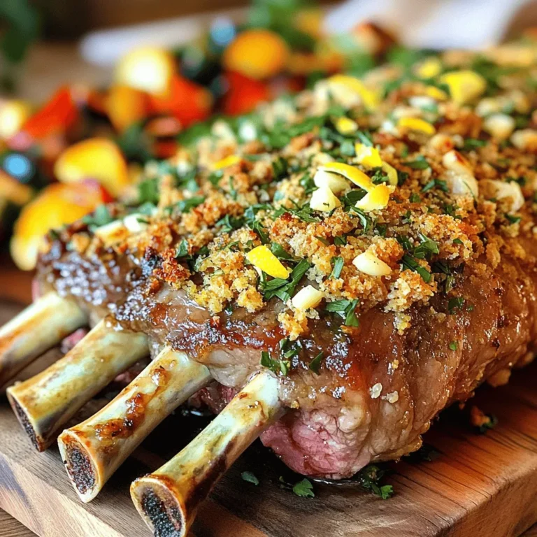- 1 rack of lamb (about 8 ribs, frenched) - 2 tablespoons Dijon mustard - 1 cup fresh herbs (parsley, rosemary, thyme), finely chopped - 2 cloves garlic, minced - 1 cup breadcrumbs (preferably panko for extra crunch) - 1/4 cup grated Parmesan cheese - Salt and freshly ground black pepper - 2 tablespoons olive oil - Zest of 1 lemon To make the herb-crusted rack of lamb, gather these ingredients. The rack of lamb is the star here. Frenched ribs make it look gorgeous. Rub the lamb with Dijon mustard for flavor and to help the crust stick. The fresh herbs give it a bright and fragrant taste. You’ll want to mince the garlic finely. This adds great depth to the dish. Using panko breadcrumbs gives a nice crunch. The Parmesan cheese adds a savory touch. Don't forget the salt and pepper. They enhance all the flavors. Lastly, the olive oil helps to keep everything moist. The lemon zest adds a fresh twist that brightens the whole dish. For the full recipe, check out the details above. First, preheat your oven to 400°F (200°C). This step is crucial for even cooking. Next, season your rack of lamb with salt and freshly ground black pepper. Take 2 tablespoons of Dijon mustard and apply it all over the lamb. This mustard helps the herb crust stick and adds flavor. In a mixing bowl, combine 1 cup of finely chopped fresh herbs like parsley, rosemary, and thyme. Add 2 cloves of minced garlic and 1 cup of breadcrumbs, preferably panko for a crunchy texture. Sprinkle in a pinch of salt and pepper. Now, drizzle 2 tablespoons of olive oil into the herb mix and stir. You want it to feel like wet sand, which helps it cling to the lamb. After preparing the herb mix, coat the mustard-covered lamb with it. Press it firmly to ensure it sticks well. Place the lamb bone-side down in a roasting pan. Roast it in the preheated oven for about 20-25 minutes. You should check the temperature using a meat thermometer. For medium-rare, aim for 130°F (54°C). Once your lamb reaches the right temperature, take it out of the oven. Let it rest for 10 minutes before slicing. This helps keep the juices in the meat. For serving, I recommend pairing the lamb with roasted vegetables or creamy mashed potatoes for a delightful meal. For the complete recipe, check the [Full Recipe]. To ensure perfect doneness, use a meat thermometer. For medium-rare, aim for 130°F. Insert the thermometer into the thickest part of the meat. Avoid touching the bone, as it gives a false reading. Let the lamb rest for 10 minutes after cooking. This helps keep the juices inside. To achieve a crispy crust, use panko breadcrumbs. They provide a great crunch. Mix them well with herbs and oil. Press the mixture firmly onto the lamb. This helps it stick during cooking. For herb combinations, I recommend using parsley, rosemary, and thyme. These herbs bring fresh, bright flavors. You can also try tarragon or mint for a twist. Marinades can boost flavor. A simple mix of olive oil, garlic, and lemon juice works well. Let the lamb sit in the marinade for at least 30 minutes. This adds depth and richness to the meat. Serve the lamb on a large platter. Slice it into individual chops for an elegant look. Garnish with fresh herbs or lemon wedges for color. Great side dishes include roasted vegetables or garlic mashed potatoes. A fresh salad with vinaigrette adds a nice touch as well. These sides balance the rich flavor of the lamb, making your meal a delight. For the full recipe, check here: [Full Recipe]. {{image_2}} When making herb-crusted rack of lamb, you can easily switch up the meat. Instead of lamb, try using pork tenderloin or beef ribeye. Both offer rich flavors and will still be delicious with the herb crust. If you need a gluten-free option, replace the breadcrumbs with crushed nuts or gluten-free panko. These alternatives add crunch and flavor. You can also use crushed crackers or oats as other options. Changing the herbs can give your dish a new twist. Fresh basil or mint can add bright flavors. You can also try using dill for a more unique taste. Experiment with a mix of your favorites to see what you enjoy most. Adding spices can give your lamb a kick. Try a pinch of cayenne or smoked paprika for warmth. A bit of cumin or coriander can add depth. Just remember, a little goes a long way! You can grill or roast your rack of lamb. Grilling will give it a nice char and smoky flavor. It cooks faster, so keep an eye on the temperature. Roasting provides even cooking and a tender texture. If you prefer a slow-cooking method, try braising. Cook the lamb low and slow in the oven or a slow cooker with broth. This method makes the meat very tender and juicy. For the full recipe, check out the details above. To store leftovers, let the herb-crusted rack of lamb cool. Wrap it tightly in plastic wrap or foil. You can also use an airtight container. This helps keep the meat fresh and tasty. Leftovers can last up to three days in the fridge. For freezing cooked lamb, slice it into individual chops. Place them in a single layer in a freezer bag. Squeeze out the air before sealing. This helps prevent freezer burn. You can freeze the lamb for up to three months. To reheat effectively, thaw the lamb in the refrigerator overnight. Warm it in the oven at 300°F (150°C) until heated through. Cover it with foil to keep it moist. This method keeps the meat juicy and flavorful. Enjoy your herb-crusted rack of lamb again with ease! How long should I roast a rack of lamb at 400°F? Roast it for 20-25 minutes for medium-rare. The meat should reach 130°F. Can I prepare the herb crust in advance? Yes, you can make the herb crust up to a day ahead. Store it in the fridge. What type of lamb is best for this recipe? I recommend a rack of lamb, frenched for a nice look. It’s tender and flavorful. Can I replace Parmesan cheese with another cheese? Sure! Try pecorino or gouda for a different taste. They both work well. What if my crust falls off during cooking? If this happens, try pressing the crust on firmly before roasting. A bit of mustard helps too. How do I know if my lamb is perfectly cooked? Use a meat thermometer. For medium-rare, look for 130°F. It should feel firm but springy. For the full recipe, check out the detailed instructions above. The herb-crusted rack of lamb is a showstopper. It has rich flavors and looks stunning on the plate. You can impress your friends and family with this dish. The herb crust gives the lamb a fresh taste. Using parsley, rosemary, and thyme brings out the best flavor. Each herb adds its unique touch. The garlic in the mixture gives it warmth. The breadcrumbs add a crunchy texture, which contrasts beautifully with the tender lamb. Start by seasoning your rack of lamb with salt and black pepper. This step enhances the meat's natural taste. Next, apply Dijon mustard on the lamb. It helps the herbs stick and adds a zesty kick. Once you coat the lamb, prepare the herb mixture. Combine your herbs, garlic, breadcrumbs, and cheese in a bowl. Add olive oil and mix until it feels like wet sand. Press this mixture firmly onto the lamb. Roast the lamb in a preheated oven at 400°F for about 20-25 minutes. Use a meat thermometer to check for doneness. Aim for 130°F for medium-rare. This ensures a juicy outcome. You can pair this dish with various sides. Roasted vegetables or creamy mashed potatoes complement the flavors well. For the full details, check the [Full Recipe]. It will guide you through this delightful culinary journey. In this article, I covered the essential ingredients and steps to make a delicious rack of lamb. You learned how to prepare the lamb, create the herb mixture, and achieve that perfect roast. I also shared tips for cooking techniques, flavor enhancements, and serving ideas to elevate your dish. As you explore variations and storage options, remember, cooking is about creativity. Don't hesitate to experiment with flavors and ingredients. Enjoy your culinary journey!