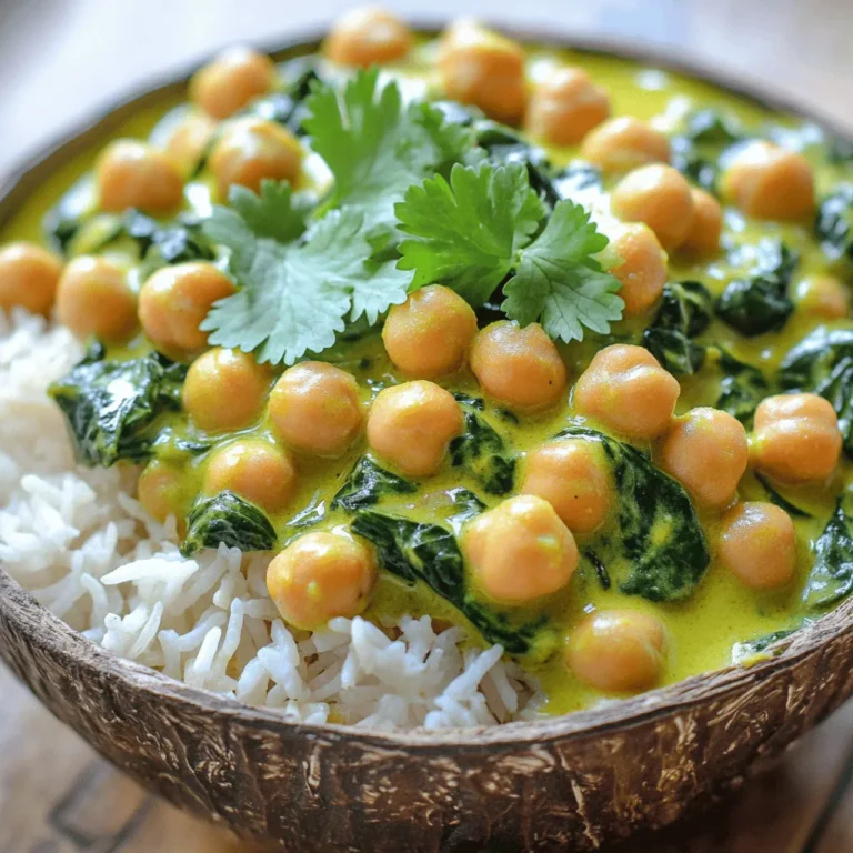 To make your Easy Chickpea Spinach Curry, gather these fresh and simple ingredients: - 1 can (15 oz) chickpeas, drained and rinsed - 2 cups fresh spinach, chopped - 1 medium onion, finely chopped - 3 cloves garlic, minced - 1 inch fresh ginger, grated - 1 can (14 oz) coconut milk - 1 tablespoon curry powder - 1 teaspoon ground cumin - 1 teaspoon turmeric - 1 tablespoon olive oil - Salt and pepper to taste - Fresh cilantro for garnish (optional) These ingredients form a vibrant and tasty dish. The chickpeas provide protein, while the spinach adds vitamins. Coconut milk brings creaminess, and spices give the curry its rich flavor. You can find the full recipe at the end of this section. This dish is quick and easy, perfect for any meal. 1. Heat 1 tablespoon of olive oil in a large skillet over medium heat. 2. Add 1 medium onion, finely chopped. Sauté for about 5 minutes until soft and clear. 3. Next, add 3 cloves of minced garlic and 1 inch of grated ginger. Cook for 2 minutes, stirring often. 4. Stir in 1 tablespoon of curry powder, 1 teaspoon of ground cumin, and 1 teaspoon of turmeric. Cook for 1 minute until you smell the spices. 1. Pour in 1 can of coconut milk and mix well. Scrape the bottom of the pan for extra flavor. 2. Add 1 can of drained chickpeas and 2 cups of chopped spinach. Stir so the spinach wilts down. 3. Let the curry simmer for about 10 minutes. Stir it now and then. If it’s too thick, add a bit of water. 4. Season with salt and pepper to taste. Let it simmer for 1 more minute to blend flavors. 5. Serve hot. Garnish with fresh cilantro if you like. For the full recipe, check out the details above! The ideal consistency for chickpea spinach curry should be creamy but not too thick. I like to simmer mine until it coats the back of a spoon. If it gets too thick, just add a splash of water or more coconut milk. This keeps it rich and smooth. To adjust spice levels, taste as you go. If you want more heat, add a pinch of cayenne or sliced chili peppers. For a milder curry, use less curry powder or cumin. You can also balance heat with a little extra coconut milk. For a hearty meal, pair your curry with fluffy basmati rice or warm naan bread. Rice soaks up the sauce well, making each bite tasty. Naan is perfect for scooping up the curry. Garnishing ideas can elevate your dish. Sprinkle fresh cilantro on top for a pop of color. A squeeze of lime juice adds zest and brightens the flavors. You can even add some sliced green onions for extra crunch. {{image_2}} You can change the recipe to fit your taste or what you have at home. For beans, try black beans or kidney beans instead of chickpeas. Both add great flavor and texture. If you want more greens, use kale or Swiss chard. They will also work well in this dish. For a dairy option, you can swap coconut milk for heavy cream or Greek yogurt. These choices can make the curry richer and creamier. To give your curry a kick, add chili peppers or red pepper flakes. This will bring heat to the dish. If you prefer a sweeter taste, include diced carrots or bell peppers. These veggies add natural sweetness and extra color. You can also add a squeeze of lime juice at the end for brightness. Experiment with these tweaks to make the dish your own. For more ideas, check out the Full Recipe. To keep your chickpea spinach curry fresh, store it in an airtight container. Place the container in your fridge if you plan to eat it within three days. For longer storage, freeze the curry. Use freezer-safe containers or bags. Make sure to leave some space for expansion. This way, your curry stays safe and tasty. When it's time to enjoy your curry again, use the stovetop for the best results. Pour the curry into a pan over medium heat. Stir it often to heat evenly. If it seems thick, add a splash of water or broth. You can also use a microwave. Place your curry in a bowl and cover it. Heat in bursts of 30 seconds, stirring in between. This keeps it moist and warm. Enjoy your meal! Yes, chickpea spinach curry is vegan. It uses plant-based ingredients like chickpeas, spinach, and coconut milk. This dish has no animal products, making it perfect for a vegan diet. Yes, you can use frozen spinach. Just make sure to thaw and drain it before adding it to the dish. This makes it easy and quick to prepare. The total cooking time is about 25 minutes. This includes prep and cooking time. You can have a tasty meal ready in no time. You can serve it with rice or warm naan. Both pair well with the curry. You can also add a side salad for freshness. Yes, this curry is naturally gluten-free. Just ensure that any bread or sides you serve with it are gluten-free. Enjoy a delicious meal without worry. For the full recipe, check out the details above! This blog post covers a tasty chickpea and spinach curry. We discussed the ingredients you’ll need and how to prepare them. You learned simple steps for cooking, plus tips to make it shine. I shared storage advice and answered common questions. In summary, this dish is easy to make and full of flavor. You can adjust it to fit your taste. Enjoy your curry with rice or naan for a satisfying meal.