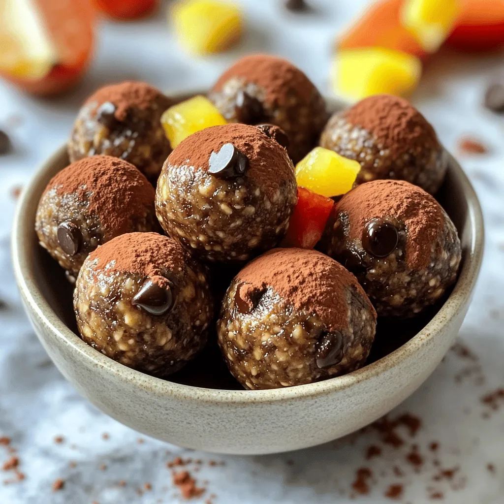 To make Chocolate Peanut Butter Energy Balls, you need these main items: - 1 cup rolled oats - 1/2 cup natural peanut butter - 1/3 cup honey or maple syrup - 1/4 cup unsweetened cocoa powder These ingredients come together to create a tasty and healthy snack. Rolled oats give you fiber, while peanut butter adds protein. Honey or maple syrup provides natural sweetness, and cocoa powder gives a rich chocolate flavor. You can enhance the energy balls with these extras: - 1/4 cup dark chocolate chips - 1/4 cup ground flaxseed - 1 teaspoon vanilla extract - A pinch of sea salt These add-ins boost flavor and nutrition. Dark chocolate chips add indulgence. Flaxseed offers omega-3s, while vanilla extract adds aroma. A pinch of sea salt balances the sweetness. Each energy ball is packed with good nutrients. Here are some key points: - Calories per serving: About 100 - Macronutrient breakdown: 5g protein, 10g carbs, 6g fat - Health benefits: These ingredients promote energy and fullness. Rolled oats and peanut butter help keep you full. They also provide lasting energy for your day. Enjoy these energy balls as a healthy snack or a quick breakfast on the go. 1. Mixing dry ingredients In a large bowl, add the rolled oats, ground flaxseed, cocoa powder, and sea salt. Stir these dry ingredients until they blend well. 2. Combining wet ingredients In another bowl, mix the natural peanut butter, honey or maple syrup, and vanilla extract. Stir until it becomes smooth and creamy. 3. Forming the energy balls Pour the wet mix into the dry ingredients. Stir until all ingredients combine. Then, fold in the dark chocolate chips. Use your hands to scoop out a tablespoon of the mixture. Roll it into a ball. Repeat until you use all the mix. Place each ball on a parchment-lined baking sheet. - Chilling process for firmness Place the baking sheet with the balls in the fridge for about 30 minutes. This helps them firm up nicely. - Storage in an airtight container Once chilled, store the energy balls in an airtight container. Keep them in the fridge for up to one week. - Freezing for longer shelf life For longer storage, freeze the energy balls. They can last for about three months in the freezer. - Presentation ideas Serve the energy balls in a small bowl. You can sprinkle cocoa powder on top for a nice touch or use a colorful plate with fresh fruit. - Perfect pairings These energy balls pair well with yogurt or fresh fruits. They make a great snack after school or before workouts. - Ideal snacking occasions Enjoy them anytime you need a quick energy boost. They are perfect for busy mornings or afternoon cravings. For the complete breakdown of ingredients and full preparation steps, check out the Full Recipe. You can make these energy balls your own. Add spices like cinnamon or nutmeg for warmth. Try mixing in nuts such as almonds or walnuts for crunch. You can swap peanut butter for almond or sunflower seed butter if you wish. Adjust the sweetness by adding more honey or less, based on your taste. Just remember, small changes can lead to big flavor shifts! One common mistake is overmixing the ingredients. This can make the balls too tough. Another mistake is not allowing them to chill in the fridge. Chilling helps them hold their shape. Lastly, keep an eye on your ingredient ratios. Too much dry or wet can lead to a messy mix that won’t roll well. For freshness, store your energy balls in an airtight container. A glass jar works great! They can last up to a week in the fridge. If you want them to last longer, freeze them. Just make sure to separate them with parchment paper. Watch for signs they’ve gone bad, like an off smell or change in texture. {{image_2}} You can easily change the flavors of your energy balls. Here are some tasty ideas: - Peanut butter and chocolate chip: This classic mix is always a hit. The chocolate chips add a sweet touch to the peanut butter base. - Almond butter and coconut: Swap peanut butter for almond butter. Add shredded coconut for a tropical twist. - Cashew butter with vanilla: Using cashew butter gives a creamy taste. A splash of vanilla makes it even more special. Feel free to change up ingredients to fit your needs: - Nut-free alternatives: Try sun butter or soy nut butter if you can't use nuts. They work great and still taste good! - Gluten-free options: Use certified gluten-free oats. This way, everyone can enjoy these energy balls. - Vegan modifications: Replace honey with maple syrup. This makes the recipe vegan and just as sweet. You can mix energy balls with other snacks for fun treats: - Energy balls in smoothie bowls: Crumble them on top of smoothie bowls. They add crunch and flavor. - Pairing with granola or yogurt: Enjoy energy balls with your favorite granola or yogurt. It’s a great snack or breakfast. - Incorporating into trail mix: Chop the energy balls into pieces and add them to trail mix. This gives a sweet surprise with each bite. These variations and swaps make your chocolate peanut butter energy balls even more exciting. For the full recipe, check out the link! These energy balls stay fresh in the fridge for about one week. Store them in an airtight container to keep them from drying out. If you want to save them longer, freeze them! They can last up to three months in the freezer. Just let them thaw before you enjoy. Yes, you can easily modify the recipe for allergies. For nut-free options, use sunflower seed butter or soy nut butter instead of peanut butter. For gluten-free variations, make sure to use certified gluten-free oats. This way, everyone can enjoy these tasty snacks! These energy balls offer great nutritional benefits. They contain whole grains from oats, healthy fats from peanut butter, and natural sweetness from honey or maple syrup. They give you a good energy boost, making them perfect for post-workout snacks or a midday pick-me-up. Enjoy them knowing they are good for you! To make Chocolate Peanut Butter Energy Balls, you need just a few simple ingredients. Grab rolled oats, natural peanut butter, honey or maple syrup, cocoa powder, dark chocolate chips, ground flaxseed, vanilla extract, and a pinch of sea salt. Here’s how to make them in a few easy steps: 1. Mix the dry ingredients in a bowl. 2. Combine the wet ingredients in another bowl. 3. Stir the wet mix into the dry mix. 4. Roll the mixture into small balls. 5. Chill them in the fridge for 30 minutes. Preparation time is about 10 minutes, and you will need 30 minutes to chill. This recipe makes 12 to 15 energy balls. These energy balls are great for a quick snack or a tasty treat. You can serve them in a bowl with a sprinkle of cocoa powder or on a colorful plate with fresh fruit. Enjoy the sweet and nutty flavor! Now you know how to make Chocolate Peanut Butter Energy Balls. You learned the key ingredients and optional add-ins. You have steps for preparation and storage to keep them fresh. You also saw tips to customize flavors and avoid common mistakes. These energy balls offer a great snack that fuels your day. Try different ingredients to find your favorite mix. Enjoy these healthy bites on your next adventure or as a quick treat! Happy snacking!
