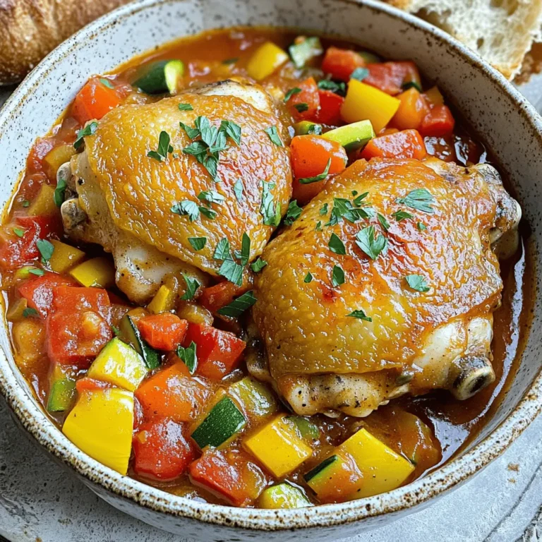 - 4 chicken thighs (bone-in, skin-on) - 2 tablespoons olive oil - 1 medium onion, chopped - 3 garlic cloves, minced - 1 bell pepper (any color), sliced - 1 zucchini, sliced - 1 can (14 oz) diced tomatoes (with juice) - 1 cup chicken broth - 1 teaspoon dried oregano - 1 teaspoon dried basil - Salt and pepper to taste - Fresh parsley, chopped (for garnish) For this Easy Chicken Cacciatore, I use chicken thighs. They stay juicy and packed with flavor. You can buy them bone-in and skin-on for the best taste. The skin adds a crispy texture when you brown it. Next, I grab some fresh vegetables. Onion and garlic are key aromatics that build the base. I love using a bell pepper for sweetness and a zucchini for extra color. These veggies soak up all the tasty juices. The sauce comes together with diced tomatoes and chicken broth. These bring a rich and hearty flavor. I add dried oregano and basil for that classic taste of Italian cuisine. Don’t forget to season with salt and pepper! Finally, for a lovely touch, I sprinkle fresh parsley on top. It adds color and a fresh taste. You can find the full recipe linked above to guide you through the cooking process. - Prepping the chicken and vegetables Start with four chicken thighs. Make sure they are bone-in and skin-on. Rinse them under cold water and pat them dry with a paper towel. This step keeps the chicken juicy. Next, chop one medium onion and three garlic cloves. Slice one bell pepper and one zucchini. - Browning the chicken thighs In a large skillet, heat two tablespoons of olive oil on medium-high heat. Season the chicken thighs with salt and pepper. Place them skin-side down in the hot oil. Let them cook for about 5 to 7 minutes. The skin should turn golden brown. Then flip them over and brown the other side for another 5 minutes. Once done, remove the chicken from the skillet and set it aside. - Sautéing the aromatics and vegetables In the same skillet, add the chopped onion and minced garlic. Sauté for 2 to 3 minutes. You want the onion to turn translucent and fragrant. Now, toss in the sliced bell pepper and zucchini. Cook for an additional 3 to 4 minutes until they soften a bit. - Combining ingredients to create the sauce Stir in the can of diced tomatoes along with their juice. Add one cup of chicken broth, one teaspoon of dried oregano, and one teaspoon of dried basil. Mix everything well to combine the flavors. - Cooking time and heat adjustments Return the browned chicken thighs to the skillet. Nestle them into the vegetable mix. Cover the skillet and let it simmer on low heat for about 30 minutes. This allows the flavors to blend. Make sure the chicken reaches an internal temperature of 165°F. Taste the sauce and adjust the seasoning with salt and pepper as needed. For the full recipe, check the [Full Recipe]. To make juicy chicken, choose bone-in, skin-on thighs. They stay moist during cooking. Brown them well for flavor. This step adds a nice crust, making the dish richer. For sauce consistency, you can adjust it easily. If it’s too thick, add more chicken broth. If it’s too thin, cook it uncovered for a few minutes. This helps it thicken up nicely. When it comes to pairing, crusty bread is a great choice. It soaks up the sauce well. You can also serve this dish over pasta or rice for a heartier meal. Feel free to add a side salad for some crunch. For the full recipe, check out the section above. Enjoy your cooking! {{image_2}} You can make chicken cacciatore your own. Start by using different proteins. Turkey thighs work well if you want a leaner option. You can even swap the chicken for hearty mushrooms or lentils for a vegetarian dish. Next, think about the vegetables. While the recipe calls for bell peppers and zucchini, you can add more. Try mushrooms, carrots, or even spinach. This gives your dish more color and flavor. Adjust the spice level to fit your taste. If you like heat, add crushed red pepper flakes. For a milder dish, skip the spice. You can also use smoked paprika for a unique twist. These variations let you tailor the dish to your family's likes. With the full recipe in hand, the possibilities are endless! To keep your Easy Chicken Cacciatore fresh, follow these tips. First, let the dish cool down to room temperature. Once it cools, store leftovers in an airtight container. You can place it in the fridge for up to three days. If you want to save it for longer, freezing works well too. Portion the chicken and sauce into freezer-safe bags. Try to remove as much air as possible before sealing. You can freeze it for up to three months. When you’re ready to eat, just thaw it overnight in the fridge. For reheating, use a stovetop or microwave. If you use the stove, heat it gently over low heat. Add a splash of chicken broth for moisture. Stir occasionally until it is heated through. If using a microwave, cover the container and heat in short bursts. This ensures even heating and keeps the chicken moist. By following these steps, you can enjoy your Easy Chicken Cacciatore any time! For the full recipe, check out the details above. Can I make Easy Chicken Cacciatore ahead of time? Yes, you can make Easy Chicken Cacciatore ahead of time. Just cook it fully and let it cool. Store it in the fridge for up to three days. Reheat it on the stove or in the microwave. The flavors will deepen as it sits. This makes it a great meal prep option. What can I serve with this dish? You can serve Easy Chicken Cacciatore with various sides. Here are some ideas: - Crusty bread for dipping - Pasta, like spaghetti or penne - Rice for a hearty option - A fresh green salad for balance Each option enhances the dish and adds texture. How can I adjust the recipe for dietary restrictions? To adjust for dietary needs, consider these swaps: - Use skinless chicken for a lighter option. - Substitute low-sodium chicken broth if you watch your salt. - For a vegan version, swap chicken with mushrooms or tofu. - Use gluten-free pasta or bread if needed. These changes keep the dish tasty while fitting your diet. What is the origin of Chicken Cacciatore? Chicken Cacciatore comes from Italy, meaning "hunter's chicken." It features ingredients that hunters would use, like vegetables and herbs. Each region in Italy has its twist, making it a beloved dish. The mix of chicken, tomatoes, and herbs reflects the rustic cooking style of Italian homes. Easy Chicken Cacciatore is a simple yet flavorful dish. We covered key ingredients, preparation steps, and cooking tips to make it perfect. You can adjust this recipe to fit your taste and needs. Proper storage techniques extend its freshness. Remember, you can make this dish ahead or customize it with your favorite add-ins. Enjoy the warm, rich flavors of this classic meal. It’s a recipe everyone loves!