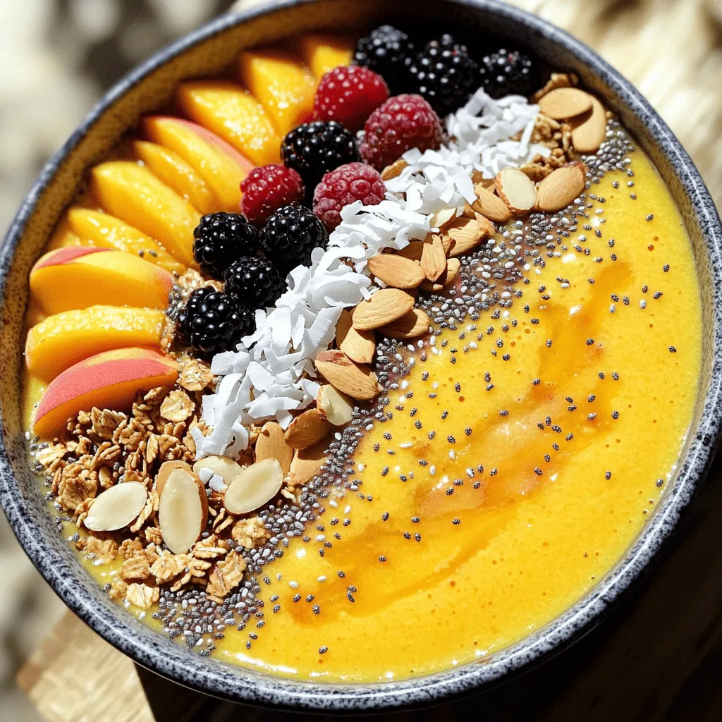 To make a peach smoothie bowl, gather these tasty ingredients: - 2 ripe peaches, pitted and sliced - 1 banana, frozen - 1/2 cup Greek yogurt - 1/2 cup almond milk (or any milk of your choice) - 1 tablespoon honey or maple syrup - 1/4 teaspoon vanilla extract These ingredients blend to create a smooth and creamy base. The peaches add sweetness and a nice flavor. The banana gives it a thick texture, while Greek yogurt adds protein and creaminess. The almond milk helps blend everything smoothly. Toppings make your smoothie bowl fun and colorful. Here are some great choices: - Granola - Sliced almonds - Chia seeds - Coconut flakes - Fresh berries You can mix and match these toppings. Granola adds crunch, almonds give a nutty flavor, and chia seeds boost nutrition. Berries add a pop of color and taste. Sprinkle these on top for a beautiful finish. If you want to make this bowl dairy-free or vegan, it's simple! Use plant-based yogurt instead of Greek yogurt. Almond milk is already a great choice for milk. You can also swap honey for maple syrup for a fully vegan option. This way, you can enjoy the same great taste without dairy. For the toppings, choose dairy-free granola and ensure your ingredients match your dietary needs. For the full recipe, check out the Peach Paradise Smoothie Bowl. Start with ripe peaches. Cut them in half and remove the pit. Slice the peaches into small pieces. Next, grab one frozen banana. This gives your smoothie a thick texture. Place both the peaches and banana in your blender. Add half a cup of Greek yogurt for creaminess. Pour in half a cup of almond milk. You can use any milk you like. Sweeten it with one tablespoon of honey or maple syrup. Finally, add a quarter teaspoon of vanilla extract for flavor. When blending, start at a low speed. This helps mix the ingredients without splashing. After a few seconds, increase the speed. Blend until the mixture is smooth and creamy. If it’s too thick, add more almond milk. A good rule is to add a little at a time. Scrape down the sides of the blender as needed. This ensures everything gets mixed well. You want the perfect creamy texture for your bowl. Once your smoothie is ready, grab a shallow bowl. Pour the smoothie mixture into the bowl gently. Use the back of a spoon to smooth out the top. Now comes the fun part—decorating! Sprinkle granola on top for crunch. Add sliced almonds for extra texture. Chia seeds provide nutrition and a nice look. Fresh berries add color and sweetness. Lastly, sprinkle coconut flakes for a tropical touch. This is how you make your peach smoothie bowl shine! For the full recipe, check out the details above. When you pick peaches, look for ones that smell sweet. They should feel soft but not mushy. A little give means they are ripe. If they are hard, leave them on the counter for a day. If you're in a hurry, choose ripe peaches at the store. They add the best flavor to your smoothie bowl. For a smooth and creamy bowl, use a frozen banana. It makes the smoothie cold and thick. If your mix is too thick, add a splash of almond milk. Blend until it is smooth. Avoid chunks to keep it creamy. You want a texture that you can scoop easily with a spoon. Presentation makes your smoothie bowl fun to eat. Use a wide, shallow bowl to show off the colors. Arrange your toppings in sections for a nice look. Try using a mix of colors with berries, nuts, and coconut. Add a drizzle of honey on top for shine. This adds a sweet touch and makes it pop! {{image_2}} You can change the fruit in your peach smoothie bowl for new tastes. Try using ripe mangoes for a tropical twist. Berries like strawberries or blueberries give a sweet and tart mix. Bananas add creaminess, while green apples can make it refreshing. Experiment and find your favorite blend! Greek yogurt is great, but you can swap it for other bases. Use regular yogurt for a lighter option. If you want it dairy-free, try coconut yogurt or almond yogurt. For the milk, almond milk works well, but oat milk or soy milk are also tasty choices. Each base changes the flavor and texture. Toppings make your smoothie bowl pop! Granola adds crunch, while chia seeds give a health boost. Fresh berries look nice and taste great. You can even add sliced kiwi or nuts for extra flavor. Don't forget a drizzle of honey or maple syrup for sweetness. Mix and match to create your perfect bowl! If you have leftover smoothie, store it in a sealed container. Use a glass jar or a plastic container with a lid. Keep it in the fridge for up to two days. Shake or stir it well before drinking. Smoothies may separate, so mixing helps. To freeze ingredients for your peach smoothie bowl, wash and slice the peaches first. Lay them on a baking sheet and freeze them for a few hours. Once frozen, transfer them to a freezer bag. Remove excess air to prevent freezer burn. This method keeps the fruit fresh for about six months. Smoothie bowls taste best fresh, but if you need to reheat them, do it gently. Place the bowl in a microwave for about 10-15 seconds. Check the temperature often. Smoothies can lose their texture when heated too much. If it becomes too thick, add a splash of almond milk and blend again. Enjoy the fresh and creamy taste! You can use several options if you don’t have Greek yogurt. A good choice is regular yogurt. It has a similar taste and texture. You can also try dairy-free yogurt made from almonds or coconut. Silken tofu is another great option. It adds creaminess and protein to your bowl. To make a vegan peach smoothie bowl, swap out the Greek yogurt for dairy-free yogurt. Use maple syrup instead of honey for sweetness. You can also replace almond milk with any plant-based milk. This way, you keep all the good flavors and stay vegan. Yes, you can certainly use frozen peaches! They work well and save prep time. Just blend them straight from the freezer. This gives your smoothie bowl a cold and thick texture. If you use frozen peaches, you may not need to add ice. For a creamier smoothie bowl, add more yogurt or a banana. Using a high-speed blender helps too. The longer you blend, the creamier it gets. You can also try adding a little nut butter for richness. Yes, you can prep your smoothie bowl ahead of time. Blend the base and store it in the fridge for a day. Just add the toppings when you are ready to eat. This keeps everything fresh and tasty. You can get creative with toppings! Try granola for crunch. Fresh berries add color and flavor. Chia seeds are great for nutrition, and coconut flakes give a tropical twist. Use nuts for extra protein and texture. Yes, this peach smoothie bowl is kid-friendly! Kids love the sweet taste and fun toppings. It’s a great way to sneak in healthy fruits. You can let them choose their favorite toppings for a fun experience. To make your smoothie bowl more filling, add oats or nut butter. Both options add fiber and healthy fats. This keeps you satisfied longer. Another idea is to use more fruit, like bananas or berries, to bulk it up. You can find the Full Recipe for the peach smoothie bowl above. It includes all the steps and ingredients you need to make this tasty treat. Enjoy making it! In this blog post, I covered how to make a delicious peach smoothie bowl. We explored the key ingredients, easy steps for prep and blending, and ways to present your bowl. I shared tips on choosing ripe peaches and creative ways to decorate your smoothie. You can try different fruit combos and alternative bases for unique flavors. Finally, I discussed how to store any leftovers. Enjoying a nutritious smoothie bowl can be fun and easy. Now, go ahead and make your own tasty versions!