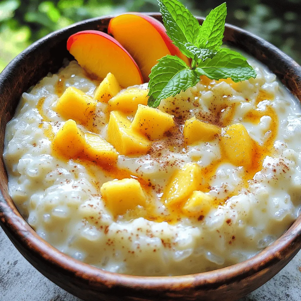 - 1 cup arborio rice - 4 cups whole milk - 1 cup fresh peaches, diced The main ingredients create the base of the pudding. Arborio rice gives a creamy texture. Whole milk enriches the flavor and adds creaminess. Fresh peaches bring sweetness and a lovely fruity taste. - 1/2 cup sugar (adjust to taste) - 1 teaspoon vanilla extract - 1/2 teaspoon ground cinnamon - Pinch of salt Sweeteners and spices enhance the pudding. Sugar balances the flavors, while vanilla adds warmth. Ground cinnamon gives a hint of spice. The pinch of salt boosts all the flavors. - 2 tablespoons butter - Fresh peach slices and mint leaves for garnish Butter adds a silky smoothness to the dish. Garnishing with fresh peach slices makes it look pretty. Mint leaves add a pop of color and freshness. Check the [Full Recipe] for more details on making this delicious dessert. Rinsing the arborio rice is key. Do this under cold water. Keep rinsing until the water runs clear. This step removes excess starch. It helps the rice become creamy, not sticky. In a medium saucepan, combine the rinsed rice, whole milk, sugar, and a pinch of salt. Stir well to mix everything. Next, bring the mixture to a simmer over medium heat. Stir occasionally to prevent sticking. Once it simmers, reduce the heat to low. Cook uncovered for about 20 to 25 minutes. Stir frequently. You want the rice to be tender and the mix to thicken into a creamy texture. Now, stir in the vanilla extract, ground cinnamon, and butter. Mix until everything is well blended. Next, fold in the diced peaches gently. Reserve a few peach pieces for garnish if you like. Cook for just 2 to 3 more minutes. This softens the peaches without losing their texture. When done, remove the pudding from heat. Let it cool for a few minutes. The pudding will thicken more as it cools. Enjoy it warm or chilled. For extra flair, top with fresh peach slices and mint leaves. For the complete recipe, check out the Full Recipe. To make your peach rice pudding creamy, stir the mixture often. This helps the rice cook evenly and prevents it from sticking. Cook for about 20-25 minutes on low heat. You want the rice to be soft and the pudding to thicken. Choose ripe, fresh peaches for the best flavor. Yellow or white peaches work well. Look for peaches that are slightly soft when you press gently. This means they are ripe and sweet. If they feel hard, let them sit at room temperature for a few days before use. For a lovely touch, add fresh peach slices on top. You can also sprinkle some mint leaves for color. Serve your pudding warm for a cozy treat or chill it in the fridge for a refreshing dessert. Both ways taste great! For more details, check the Full Recipe. {{image_2}} You can change up the fruit in this rice pudding. If you don’t have peaches, try mango or blueberries. These fruits also add a sweet taste and bright color. You can use ripe bananas or strawberries for a twist. Just remember to adjust the cooking time slightly. Softer fruits may need less time to cook. Adding spices can make your pudding even better. Try nutmeg or cardamom for a warm touch. These spices blend well with the creamy rice. You can also swap sugar for honey or maple syrup. They add a different sweetness and a hint of flavor. Just taste as you go! If you need a dairy-free option, use almond or coconut milk. Both will make the pudding creamy and rich. You can also reduce sugar for a healthier treat. Try using less sugar or a natural sweetener. This way, you can enjoy the dessert without the extra sugar. To store leftover peach rice pudding, place it in an airtight container. Make sure to let it cool down first. This keeps the pudding creamy and fresh. Store it in the fridge for up to four days. If you find the pudding too thick after refrigerating, add a splash of milk when you serve it. If you want to freeze peach rice pudding, use a freezer-safe container. Leave some space at the top for expansion. It can stay in the freezer for up to three months. When ready to eat, thaw it overnight in the fridge. Reheat it on the stove or in the microwave. If it seems dry, stir in a little milk to get the right texture. Peach rice pudding lasts about four days in the fridge. In the freezer, it stays good for about three months. To enjoy it at its best, eat it within these time frames. Keeping track of the storage time helps you enjoy this creamy, comforting delight at its peak freshness. Yes, you can use canned peaches. They are sweet and soft, which makes them easy to mix in. However, fresh peaches have a better flavor and texture. If you choose canned, rinse them well to remove syrup. This will help reduce extra sweetness. Use them in the same way as fresh peaches in the recipe. The rice pudding is done when it is creamy and thick. Check the rice; it should be soft and tender. The mixture should coat the back of a spoon. Stir often to avoid sticking. If it looks too runny, cook it a little longer. Remember, it will thicken as it cools. Yes, you can make peach rice pudding ahead of time. Prepare it a day in advance and store it in the fridge. Just let it cool before you cover it. When ready to serve, you can warm it up or serve it cold. Add fresh peach slices and mint just before serving for a tasty touch. Check the [Full Recipe] for more details. You now know how to make a delicious peach rice pudding. We covered the key ingredients, step-by-step cooking instructions, and helpful tips. You learned about variations and how to store leftovers. Remember, the right peaches and cooking time are key for the perfect dish. Enjoy your creamy treat with fresh garnishes. This pudding is easy to make and fun to share. Get creative with flavors and toppings. Whether warm or chilled, this dessert is sure to please everyone. Happy cooking!
