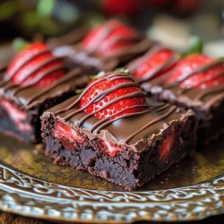To make these tasty brownies, gather these key ingredients: - 1 cup unsalted butter, melted - 1 ½ cups granulated sugar - 1 cup brown sugar, packed - 4 large eggs - 1 teaspoon vanilla extract - 1 cup all-purpose flour - ½ cup cocoa powder - 1 teaspoon baking powder - ½ teaspoon salt - 1 cup dark chocolate chips - 1 cup fresh strawberries, hulled and sliced - 1 cup milk chocolate chips (for drizzling) These ingredients work together to create a rich and fudgy base, topped with sweet strawberries. You can add some optional ingredients to boost flavor: - ½ cup chopped nuts like walnuts or pecans - 1 teaspoon espresso powder for depth - A pinch of sea salt to enhance sweetness Adding these optional items can make your brownies even more delicious and unique. You’ll need a few handy tools to make this recipe: - 9x13 inch baking pan - Mixing bowls - Whisk or electric mixer - Rubber spatula - Measuring cups and spoons - Parchment paper (for easy removal) - Microwave-safe bowl for melting chocolate Having these tools ready will help you create these brownies with ease. For the full recipe, check out the details above. Start by gathering all your ingredients. You need: - 1 cup unsalted butter, melted - 1 ½ cups granulated sugar - 1 cup brown sugar, packed - 4 large eggs - 1 teaspoon vanilla extract - 1 cup all-purpose flour - ½ cup cocoa powder - 1 teaspoon baking powder - ½ teaspoon salt - 1 cup dark chocolate chips - 1 cup fresh strawberries, hulled and sliced - 1 cup milk chocolate chips (for drizzling) Measure each ingredient carefully. This makes sure your brownies turn out great. Prepare your baking pan by greasing it. Preheat the oven to 350°F (175°C) so it's hot and ready. In a large bowl, mix the melted butter with granulated sugar and brown sugar. Stir until it's smooth. Add in the eggs one at a time. Mix well after each egg. Then, stir in the vanilla extract. In another bowl, whisk together the flour, cocoa powder, baking powder, and salt. Gradually mix this dry mix into the wet mix. Stir until it just comes together. Be careful not to overmix. Fold in the dark chocolate chips gently. Pour half of the brownie batter into your greased pan and spread it evenly. Layer the sliced strawberries on top of the batter. Make sure they are spread out well. Now, pour the other half of the brownie batter over the strawberries. Cover them completely. Bake in the oven for 30 to 35 minutes. Check doneness by inserting a toothpick in the middle. It should come out with a few moist crumbs. After baking, let the brownies cool for about 15 minutes in the pan. For the drizzle, melt your milk chocolate chips. Use a microwave-safe bowl and heat it in 30-second bursts, stirring in between. Once melted, drizzle it over the brownies in a zigzag pattern. Allow the brownies to cool completely before cutting them into squares. For the full recipe, refer to the earlier section. To get the best brownie texture, you want them fudgy, not dry. Start by mixing your wet ingredients well. The melted butter and sugars need to blend smoothly. Adding eggs one by one gives a nice, rich base. When you mix in the dry ingredients, do it gently. Overmixing can make them tough. Pull them out of the oven when a toothpick shows a few moist crumbs. This keeps them soft and chewy. Melting chocolate can be tricky, but I have some simple tips. Use a microwave-safe bowl for chocolate chips. Heat in short bursts of 30 seconds. Stir after each burst to avoid burning. If you prefer, you can use a double boiler. Just make sure the bowl does not touch the water. Stirring often will help keep the chocolate smooth. Once melted, use it right away for drizzling. Presentation matters! Serve your brownies on a nice platter. You can add extra strawberry slices on the side. A sprinkle of powdered sugar gives a nice touch. For an added layer of flavor, serve with whipped cream or vanilla ice cream. You can even add a drizzle of caramel for a sweet surprise. These small details make your brownies stand out. For the full recipe, check out the details above. {{image_2}} You can enhance your brownies by adding nuts or other fruits. Chopped walnuts or pecans pair well with chocolate. They add a nice crunch and rich flavor. You can also use dried fruits, like cherries or blueberries. These fruits bring a burst of sweetness and extra moisture. Just chop them up and mix them in with the dark chocolate chips. This adds texture and makes your brownies even more special. If you need a gluten-free option, you can easily swap the flour. Use a gluten-free flour blend instead of all-purpose flour. Make sure it has a good binding agent, like xanthan gum, to help with texture. The rest of the recipe stays the same. You’ll get rich, fudgy brownies that everyone can enjoy. This way, no one has to miss out on this decadent treat! The chocolate drizzle can change with your taste. While I love using milk chocolate, dark chocolate works great too. You can even mix in some white chocolate for a sweet twist. Try adding a pinch of sea salt on top for a salty contrast. For a fun flavor, mix in a bit of orange zest or mint extract into the melted chocolate. These small changes can make a big impact on your brownies. Explore different combinations to find your favorite! For the full recipe, check out the Chocolate Covered Strawberry Brownies . Once you bake these chocolate covered strawberry brownies, they are hard to resist. If you have leftovers, store them in an airtight container. This keeps them fresh for up to four days. Place a piece of parchment paper between layers to avoid sticking. You want each bite to be just as good as the first. If you want to save some for later, freezing is a great option. Cut the brownies into squares before freezing. Wrap each square tightly in plastic wrap. Then, place them in a freezer bag or container. They stay good for up to three months. When you need a sweet treat, just thaw them in the fridge overnight. When you’re ready to enjoy your brownies again, reheating is easy. Place a brownie on a microwave-safe plate. Heat it for about 10-15 seconds. This makes it warm and gooey again. If you prefer, you can also warm them in the oven at 350°F (175°C) for about 5-10 minutes. Enjoying a brownie that tastes fresh is always a delight! Yes, you can use frozen strawberries. Just thaw and drain them well. This step helps avoid extra moisture in your brownies. Frozen strawberries can lose some texture but still taste great. They add a nice fruity flavor to the brownies. The best way to check if the brownies are done is to use a toothpick. Insert it into the center of the brownies. If it comes out with a few moist crumbs, they are ready. If the toothpick is clean, the brownies might be overcooked. Keep an eye on them during the last few minutes of baking. The difference lies in the ingredients and ratios used. Fudgy brownies have more fat and less flour. They tend to be denser and moister. Cakey brownies have more flour and less fat, leading to a lighter texture. For fudgy brownies, stick to the recipe for Chocolate Covered Strawberry Brownies. It has the right balance for a rich, fudgy treat. - Full Recipe: Chocolate Covered Strawberry Brownies You learned how to make tasty chocolate covered strawberry brownies. I covered the key ingredients, step-by-step instructions, and helpful tips. You can also explore variations and storage methods to enjoy them longer. Remember, you can use frozen strawberries and adjust textures between fudgy and cakey. With this guide, you can bake brownies that impress. Enjoy your sweet treats, and happy baking!