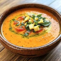 To make creamy tomato basil soup, you need a few key ingredients. Each one plays a big role in the flavor. Here’s what you will need: - 2 tablespoons olive oil - 1 medium onion, finely chopped - 3 cloves garlic, minced - 2 cans (14 oz each) diced tomatoes - 1 cup vegetable broth - 1 teaspoon sugar - 1 teaspoon dried oregano - Salt and pepper to taste - 1 cup heavy cream (or coconut cream for a dairy-free option) - 1/2 cup fresh basil leaves, chopped - Croutons and fresh basil for garnish Let’s explore these ingredients a bit more. Olive oil is perfect for cooking. It adds a smooth flavor. Onion and garlic are the base of this soup. They create a strong aroma and taste. Chop the onion finely. Mince the garlic well. Both should be sautéed until soft. Diced tomatoes add sweetness and tang. They give the soup its rich color. Vegetable broth adds depth. It balances the flavors and makes the soup cozy. Sugar helps smooth the acidity of the tomatoes. Just a bit goes a long way. Dried oregano brings in a nice herbal taste. It complements the tomatoes and basil well. Salt and pepper are essential for seasoning. Adjust them to your taste for the best flavor. Heavy cream adds creaminess and richness. If you prefer a lighter option, try coconut cream. Fresh basil is key. It gives the soup a bright, fresh flavor. Croutons and additional basil can make your soup look beautiful. They are great for serving! When you have all these ingredients, you are ready to start cooking. Check out the Full Recipe for more details on how to make this delicious soup. First, I heat the olive oil in a large pot over medium heat. Then, I add the chopped onion. I sauté the onion for about 5 minutes until it looks soft and clear. Next, I stir in the minced garlic and cook for one more minute. This step fills the kitchen with a lovely smell. Now it's time to add the diced tomatoes. I pour in the tomatoes with their juices and the vegetable broth. I also add the sugar, dried oregano, salt, and pepper. I mix everything well to combine the flavors. I bring the mixture to a boil, then reduce the heat to low. I let it simmer uncovered for 20 minutes. This helps the flavors blend together nicely. After 20 minutes, I remove the pot from the heat. To make the soup creamy, I use an immersion blender to puree it. If you don't have one, you can carefully transfer the soup to a regular blender in batches. Blending gives the soup a smooth and rich texture. Next, I return the pot to low heat and stir in the heavy cream. I allow it to cook for about 5 minutes, but I avoid letting it boil again. This keeps the cream smooth and tasty. After that, I add the chopped fresh basil. I mix it well into the soup. Finally, I taste the soup and adjust the seasoning, adding more salt and pepper if needed. When serving, I like to add croutons and extra fresh basil on top for a nice look. You can find the complete recipe in the [Full Recipe]. To make your creamy tomato basil soup pop, think about spices and herbs. I suggest using fresh basil, as it brings a bright taste. You can also try adding a pinch of red pepper flakes for heat. If you want a deeper taste, add a bay leaf while simmering. Make sure to remove it before serving. Choosing the right cream is key too. Heavy cream gives the soup a rich taste. If you prefer a lighter option, go for coconut cream. It adds a subtle sweetness and keeps the soup creamy. Blending is crucial in this recipe. Use an immersion blender for ease and less mess. If you use a regular blender, do it in small batches. This helps avoid spills and makes sure you get a smooth texture. If your soup is too thick, add a splash of vegetable broth or water. For a thicker soup, let it simmer longer without a lid. This lets some water evaporate and makes the soup richer. Pair your creamy tomato basil soup with a fresh salad or a grilled cheese sandwich. These pairings add crunch and flavor. When serving, use a nice bowl and sprinkle fresh basil on top. You can also add croutons for texture. They make the dish look fancy and tasty. For a fun twist, serve the soup in a bread bowl. This not only looks great but also adds extra flavor. Check out the Full Recipe for more details on making this delicious dish! {{image_2}} You can make this soup fit your diet. For a dairy-free option, use coconut cream instead of heavy cream. This gives a nice, rich flavor while keeping it vegan. You can also use almond milk or cashew cream for a lighter touch. If you want a low-carb and gluten-free soup, skip the sugar and use fresh tomatoes. You can also add in zucchini or cauliflower for bulk. These veggies keep the soup filling without adding carbs. Want to make it heartier? Add cooked chicken, shrimp, or beans. These options give the soup a boost of protein. You can also use lentils for a plant-based protein. Seasonal veggies can make the soup more vibrant. Try adding in spinach, kale, or bell peppers. These not only add color but also pack in nutrients. You can swap out vegetables based on what you have on hand. To switch up the flavors, go for a Southwest twist. Add in cumin and chili powder for a warm, spicy kick. You can also mix in corn and black beans for a unique touch. If you want an Italian flair, add fresh herbs like thyme or rosemary. A splash of balsamic vinegar can enhance the tomato taste. These small changes can turn a simple soup into a gourmet dish. For the full recipe, check out the Cozy Creamy Tomato Basil Soup section. To keep your creamy tomato basil soup fresh, follow these tips: - Refrigeration tips: Let the soup cool down to room temperature. Transfer it to an airtight container. Store it in the fridge for up to 4 days. - Freezing instructions: If you want to save it longer, freeze the soup. Use freezer-safe bags or containers. The soup can last up to 3 months in the freezer. Just remember to leave some space for expansion. When you’re ready to enjoy your soup, here’s how to reheat it best: - Microwave vs. stovetop: You can use either method. For microwave, place the soup in a microwave-safe bowl. Heat it in short bursts, stirring in between. For stovetop, pour the soup into a pot and heat on low. Stir often to avoid burning. - Maintaining creamy texture: When reheating, whisk in a splash of cream or broth to keep it smooth. This step helps restore the rich texture you love. Knowing how long your soup lasts is important: - Storage duration: In the fridge, your soup is good for 4 days. In the freezer, it can last 3 months. - Identifying when soup is no longer good: Check for changes in smell, color, or texture. If it smells sour or has mold, throw it away. Always trust your senses! This creamy tomato basil soup is a treat, and knowing how to store it helps you enjoy it longer! For the full recipe, refer to the Full Recipe section. It takes about 35 minutes to make creamy tomato basil soup. This includes 10 minutes for prep and 25 minutes for cooking. You can enjoy a warm bowl of soup in no time! Yes, you can use fresh tomatoes. If you choose fresh, use about 2 pounds of ripe tomatoes. Blanch and peel them before adding them to your soup. Fresh tomatoes add a bright taste! You can use coconut cream or cashew cream for a dairy-free option. Both will give your soup a rich texture. If you want a lighter choice, use whole milk or half-and-half. Creamy tomato basil soup can be healthy. It has tomatoes, which are full of vitamins. Using less cream or a substitute makes it lighter. Add veggies for extra nutrition! To spice up your soup, add red pepper flakes or diced jalapeños. You can also stir in some hot sauce. Adjust the heat to match your taste. Enjoy the kick! Creamy tomato basil soup is simple and full of flavor. We covered key ingredients like olive oil, fresh basil, and cream to create a rich base. I shared steps to sauté, simmer, and blend the soup for a creamy texture. You learned tips for flavor enhancement and dietary variations to suit different needs. Remember, storage and reheating methods keep your soup tasting fresh. Enjoy this delicious recipe whenever you crave comfort food!