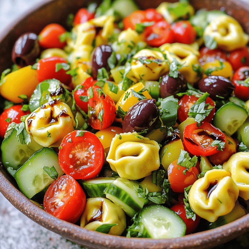 - 2 cups cheese tortellini - 1 cup cherry tomatoes, halved - 1 cup cucumber, diced - 1/2 cup red bell pepper, diced - 1/4 cup red onion, finely chopped - 1/2 cup kalamata olives, pitted and sliced - 1/4 cup fresh basil, chopped - 1 tablespoon lemon zest - 3 tablespoons olive oil - 2 tablespoons balsamic vinegar - 1 teaspoon Dijon mustard - Salt and pepper to taste Fresh ingredients hold more flavor and nutrients. Fresh vegetables make your salad bright and full of life. They add crunch and color that dried items cannot match. If you can't find fresh veggies, you can use canned options. Just rinse them well to cut the salt. Fresh basil gives a unique flavor. If you can't find it, dried basil works in a pinch but use less. This salad is not only tasty but also good for you. Here’s the breakdown: - Calories: About 300 per serving - Key Nutrients: - Protein from tortellini - Vitamins A and C from vegetables - Healthy fats from olive oil - Antioxidants from olives Understanding these facts helps you make smart choices while enjoying your meal. You can find the full recipe to get started on this zesty delight. First, fill a large pot with salted water. Bring it to a boil. This step is key. The salt adds flavor to the pasta. Once boiling, add 2 cups of cheese tortellini. Cook the tortellini until al dente. This usually takes about 3-5 minutes. Check the package for exact times. When done, drain the tortellini. Rinse it under cold water. This stops the cooking process. It also helps to keep the pasta from sticking. Next, it’s time to chop the vegetables. Use a sharp knife for easy cutting. Start with 1 cup of cherry tomatoes. Cut them in half. Then, take 1 cup of cucumber and dice it into small pieces. Cut 1/2 cup of red bell pepper and 1/4 cup of red onion the same way. Mixing these fresh veggies makes the salad colorful and healthy. Now, combine all the chopped veggies in a large bowl. This helps to create a lovely mix. To make the dressing, grab a small bowl. Add 1 tablespoon of lemon zest, 3 tablespoons of olive oil, and 2 tablespoons of balsamic vinegar. Then, include 1 teaspoon of Dijon mustard. Use a whisk to blend everything together. This helps to combine the flavors well. Taste the dressing. If you want, add salt and pepper to improve the taste. You can also adjust the lemon juice if needed. A little tweak can make a big difference! Now you’re ready to enjoy a fresh and flavorful Zesty Tortellini Salad. Don’t forget to check the full recipe for further details! To cook tortellini al dente, boil it in salted water. This cooking method keeps the pasta firm and tasty. Check the package for timing, usually around 2-4 minutes. After cooking, drain and rinse the tortellini under cold water. This step stops the cooking process and helps it hold its shape. Mixing the salad without mushiness is key. I suggest adding ingredients gently. Use a large spoon to fold the mixture. This way, the tortellini and veggies stay intact and appealing. Adding spices can really boost the taste. Try a pinch of red pepper flakes for heat. You can also mix in some garlic powder or Italian herbs for extra depth. Don’t forget the salt and pepper to enhance all the flavors. Balancing acidity is important for a zesty salad. The lemon zest and balsamic vinegar do this well. If it tastes too tart, add a touch of honey or more olive oil. This adjustment will round out the flavors nicely. For the best accompaniments, serve the salad with grilled chicken or fish. This adds protein and makes it a full meal. You can also pair it with garlic bread or a light soup. For dish presentation ideas, use a large, colorful bowl. Layer the tortellini and veggies for a vibrant look. You can also sprinkle fresh basil on top for a pop of green. A drizzle of extra dressing adds a nice finish. {{image_2}} You can boost your Zesty Tortellini Salad with protein. Try adding grilled chicken for a hearty choice. Just cut it into bite-sized pieces and mix it in. Chickpeas are a great vegetarian option. They add texture and nutrition without meat. You can even use canned chickpeas for ease. Just rinse and toss them in. The dressing can change the whole salad. A citrus vinaigrette brings a bright taste. Mix fresh lemon juice with olive oil for a simple twist. If you prefer creamy dressings, try a yogurt-based one. It adds a rich flavor without being heavy. Just whisk yogurt with lemon juice and a bit of salt. You can adapt the salad to the seasons. In summer, swap in fresh zucchini or sweet corn. These veggies add a nice crunch. In winter, consider roasted vegetables like butternut squash. They add warmth and heartiness. This way, your salad stays fresh and exciting all year. To keep your Zesty Tortellini Salad fresh, store it in the fridge. Use an airtight container to prevent air from drying out the salad. This salad will stay good for about three days. If you notice any wilted veggies or dry tortellini, remove them before eating. You can freeze this salad for longer storage. Just place it in a freezer-safe container. Make sure it is sealed tight to avoid freezer burn. The salad can freeze well for about one month. To thaw, move it from the freezer to the fridge for a few hours or overnight. This keeps the flavors intact and makes it easy to enjoy later. To reintroduce the salad without losing its texture, avoid microwaving it. Instead, let it sit at room temperature for about 20 minutes. This brings back its fresh taste. You can also add a splash of olive oil or a squeeze of lemon juice for extra flavor before serving. Enjoy your salad as if it was just made! Zesty Tortellini Salad lasts about three to five days in the fridge. To keep it fresh, store it in an airtight container. This helps prevent it from drying out and keeps the flavors bright. Before serving leftovers, check for any off smells or changes in texture. If everything seems good, give it a quick stir to mix those tasty flavors again. Yes, you can make this salad ahead of time! I suggest making it up to a day before you need it. This way, the flavors blend together nicely. Just remember to keep it in the fridge until you are ready to serve. If you plan to add fresh ingredients like basil, wait until just before serving. This keeps them vibrant and tasty. Zesty Tortellini Salad pairs well with many dishes. You could serve it with grilled chicken or fish for a hearty meal. It also goes great with crusty bread or garlic knots as a side. For a lighter option, try it with a simple soup like tomato or minestrone. This salad adds a fresh touch to any meal! For the complete instructions and ingredients, check out the [Full Recipe](#). Zesty Tortellini Salad combines fresh tortellini, colorful veggies, and a tasty dressing. We discussed using fresh ingredients and their importance for flavor. Nutritional info showed how this salad fits a healthy diet. You can mix your favorite proteins or try different dressings to make it unique. Remember, proper storage keeps it fresh, and reheating tips help maintain great texture. Enjoy crafting your own version of this delightful dish!