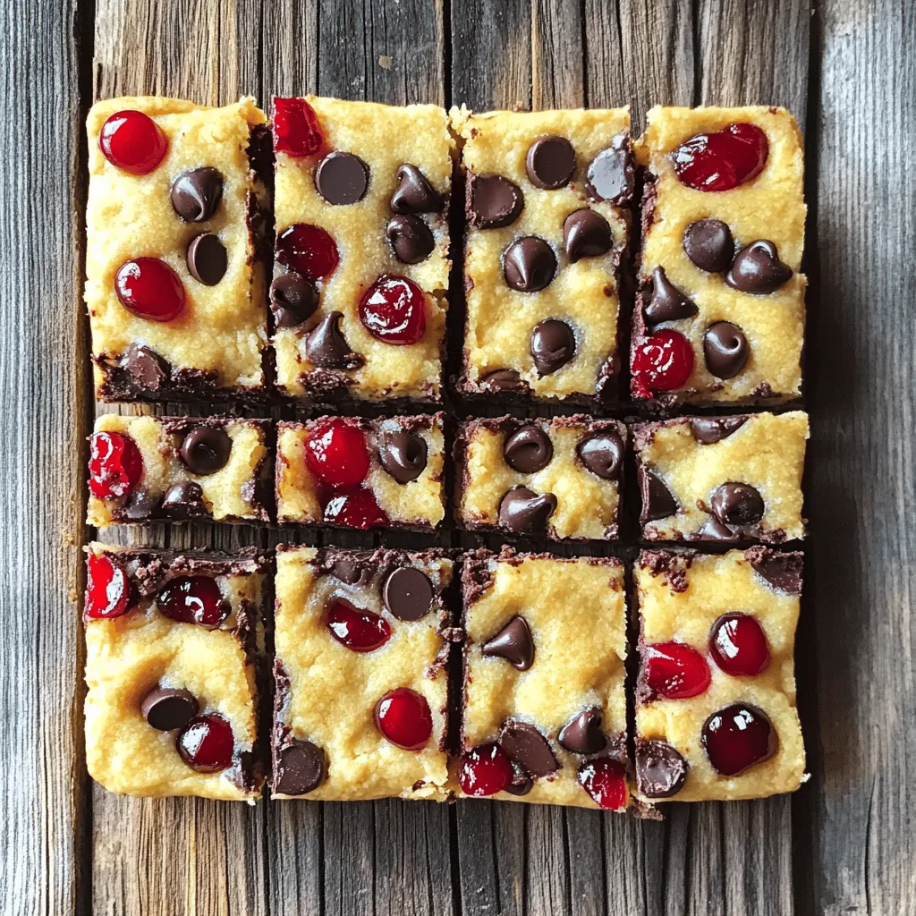 To make Cherry Chocolate Chip Cookie Dough Bars, you need these ingredients: - 1 cup unsalted butter, softened - 1 cup brown sugar, packed - ½ cup granulated sugar - 2 teaspoons vanilla extract - 2 large eggs - 2 ½ cups all-purpose flour - 1 teaspoon baking soda - ½ teaspoon salt - 1 cup chocolate chips - 1 cup maraschino cherries, drained and chopped - ½ cup pecans or walnuts, chopped (optional) These ingredients work together to create a sweet and rich treat. The butter adds a creamy texture, while the sugars provide sweetness. Chocolate chips bring the chocolate flavor, and cherries add a burst of tartness. Using good-quality ingredients can make a big difference. Here are some brands I trust: - Butter: Land O'Lakes or Kerrygold for a rich taste. - Sugar: Domino or C&H for consistent sweetness. - Chocolate Chips: Ghirardelli or Nestlé for great melting quality. - Cherries: Luxardo for a sweeter, more flavorful option. These brands have a good reputation and can help you achieve the best taste. If you need to make substitutions, here are some ideas: - Butter: Use coconut oil for a dairy-free option. - Brown Sugar: You can use coconut sugar in equal amounts. - Eggs: Replace each egg with ¼ cup applesauce for a vegan option. - Chocolate Chips: Swap for dark chocolate or white chocolate if you prefer. - Nuts: Omit them for a nut-free version or use sunflower seeds. These swaps will still give you delicious Cherry Chocolate Chip Cookie Dough Bars. Start by gathering all your ingredients. This makes the process smooth and fun. You will need butter, sugars, eggs, flour, baking soda, salt, chocolate chips, cherries, and nuts. Make sure to preheat your oven to 350°F (175°C). It helps to line a 9x13-inch pan with parchment paper. This step makes it easy to take out the bars later. In a large bowl, beat the softened butter with both sugars. Mix until it is light and fluffy. This takes about three minutes. Then, add vanilla and eggs. Mix again until everything blends well. In another bowl, whisk the flour, baking soda, and salt. Gradually add this to the wet mix. Stir until just combined. Be careful not to overmix. Next, fold in the chocolate chips and chopped cherries gently. Pour the dough into the lined pan. Spread it out evenly. Bake for 25 to 30 minutes. Check for golden edges and a toothpick test. It should come out with a few moist crumbs. To get the best texture, do not overmix the dough. Overmixing can lead to tough bars. Also, let the bars cool for about 15 minutes in the pan. Then, lift them out using the parchment paper. This helps them hold their shape. For the best taste, let them cool completely before cutting. Enjoy your Cherry Chocolate Chip Cookie Dough Bars! For the complete recipe, check out the [Full Recipe]. When making Cherry Chocolate Chip Cookie Dough Bars, there are some common mistakes to watch for: - Overmixing the dough: This can make the bars tough. Mix just until combined. - Not measuring flour correctly: Use a spoon to fill the cup and level it off. - Skipping the cooling time: Letting the bars cool helps them set properly. To boost the flavor of your cookie dough bars, try these tips: - Add a pinch of sea salt: This enhances the sweetness of the chocolate and cherries. - Use high-quality chocolate chips: They can make a big difference in taste. - Incorporate a splash of almond extract: This pairs well with cherries and adds depth. These bars are great on their own, but you can elevate your serving experience: - Serve with vanilla ice cream: The warm bars and cold ice cream create a delightful contrast. - Drizzle with chocolate sauce: This adds richness and looks beautiful on the plate. - Pair with coffee or milk: Both beverages complement the sweet flavors perfectly. For the detailed steps, check the Full Recipe to get started on this delicious treat! {{image_2}} You can play with flavors in these bars. Try adding dried fruit like cranberries. They give a nice tang. Want to switch it up? Use white chocolate chips instead of regular ones. This adds a creamy taste. You can also mix in some peanut butter. Just swirl it into the dough for a rich flavor. Looking for a healthier treat? You can swap butter for coconut oil. This change keeps the bars moist. Use less sugar by adding mashed bananas or applesauce. Both will make the bars sweeter without extra sugar. You can even try almond flour instead of all-purpose flour. This makes the bars gluten-free and adds a nutty taste. Change the flavors with the seasons. In fall, add pumpkin spice and some pumpkin puree. It makes the bars warm and cozy. For spring, use fresh berries like strawberries or blueberries. They add a bright, fresh taste. In winter, you might try adding peppermint extract. It gives a festive twist that’s perfect for holidays. These variations keep your Cherry Chocolate Chip Cookie Dough Bars exciting and fun! Check the Full Recipe for the base you can customize. To keep your Cherry Chocolate Chip Cookie Dough Bars fresh, store them in an airtight container. This will help keep them moist and tasty. Place parchment paper between layers if you stack them. This prevents sticking and keeps the bars intact. Store the container at room temperature for up to 3 days. If you want them to last longer, refrigerate them. They can stay fresh in the fridge for about a week. If you prefer warm bars, reheating is simple. Just take out a bar and place it on a microwave-safe plate. Heat it for about 10-15 seconds. Check if it's warm enough. If not, heat in 5-second bursts until it reaches your desired warmth. This method keeps the chocolate nice and gooey. Freezing these bars is easy and a great way to enjoy them later. First, cut the bars into squares. Wrap each piece tightly in plastic wrap. Then, place the wrapped bars in a freezer bag or airtight container. They can last up to 3 months in the freezer. When you’re ready to enjoy them, thaw them in the fridge overnight. You can even reheat them after thawing for a fresh-out-of-the-oven taste. Follow the Full Recipe to make these delightful treats! You can tell the bars are done when the edges turn golden brown. A toothpick test works well too. Insert a toothpick into the center. If it comes out with a few moist crumbs, your bars are ready. If it has wet batter, bake for a few more minutes. Yes, you can use fresh cherries! Just make sure to pit and chop them first. Fresh cherries add a bright flavor and a nice texture. Keep in mind, they might make the bars a bit softer. You can customize these bars in many fun ways! Try adding different nuts like almonds or pecans. You can swap chocolate chips for white chocolate or even peanut butter chips. For a fruity twist, mix in dried cranberries or blueberries. Get creative and make it your own! For the full recipe, check out the link. In this article, we covered key ingredients, easy steps, and helpful tips for your recipe. You learned about ingredient choices, how to mix and bake well, and avoid common mistakes. We also explored tasty variations and best storage methods. Remember, with a few simple tweaks, you can make this dish your own. Don't be afraid to experiment and enjoy the process! Your kitchen is a place for fun and creativity.