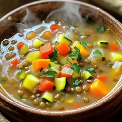 - 1 cup green or brown lentils - 2 tablespoons olive oil - 1 medium onion, diced - 2 cloves garlic, minced - 2 carrots, diced - 2 celery stalks, diced - 1 red bell pepper, diced - 1 zucchini, diced - 1 can (14 oz) diced tomatoes - 6 cups vegetable broth - 1 teaspoon ground cumin - 1 teaspoon dried thyme - 1 teaspoon smoked paprika - Salt and pepper to taste - Fresh parsley or cilantro for garnish I love using lentils in my soup. They are packed with protein and fiber. They make this soup filling and healthy. I often choose green or brown lentils. Both types work great and cook well. Olive oil adds a lovely flavor. I heat it up in a pot and sauté the onion. The smell of cooking onion is so inviting! I add garlic, carrots, and celery next. This mix gives the soup a nice base. I also like to add a red bell pepper and zucchini. They add color and nutrition. The diced tomatoes bring in some sweetness and acidity. They help balance the flavors. Vegetable broth is key for a rich taste. I use about six cups. Then, I add spices like cumin, thyme, and smoked paprika. These spices give the soup a warm, earthy flavor. I always season with salt and pepper to taste. For garnish, I love using fresh parsley or cilantro. It adds a fresh touch and makes the soup look pretty. - Fresh herbs (e.g., basil, dill) - Additional spices (e.g., turmeric, coriander) If you want to switch things up, try adding fresh herbs. Basil and dill can add a new twist. You can also mix in spices like turmeric or coriander. They bring unique flavors and health benefits. - Calories: 180 - Protein: 10g - Fiber: 8g - Fats: 7g - Carbohydrates: 25g This soup is not only tasty but also nutritious. Each serving gives you a good amount of protein and fiber. It's a great choice for a healthy meal. Check out the Full Recipe to get started today! - Rinse lentils and chop vegetables - Measure out all ingredients To start this delicious soup, rinse your lentils under cold water. This step cleans them and helps remove any dust. Next, chop your onion, garlic, carrots, celery, bell pepper, and zucchini. You can use a sharp knife to make this easy. Measure out all your ingredients so you have everything ready to go. This makes cooking smooth and fun. - Heat olive oil and sauté onions - Add garlic, followed by carrots and celery - Incorporate bell pepper and zucchini - Mix in tomatoes and lentils - Pour in vegetable broth and spices, then simmer Now, grab a large pot and heat the olive oil on medium heat. Add the diced onion and sauté for about 3-4 minutes until it turns soft. This brings out the flavor. Next, add the minced garlic, diced carrots, and celery. Cook for about 5 more minutes. You'll smell a lovely aroma! After that, toss in the bell pepper and zucchini. Stir them for another 3 minutes until they soften. Then, pour in the canned tomatoes with their juice and mix in the rinsed lentils. Now comes the fun part! Add the vegetable broth, ground cumin, dried thyme, smoked paprika, salt, and pepper. Bring the soup to a boil. Once it starts boiling, lower the heat, cover the pot, and let it simmer for 25-30 minutes. You want the lentils to become tender and full of flavor. - Checking lentil tenderness - Adjust seasoning and consistency As the soup cooks, check the lentils for tenderness. You want them soft but not mushy. If the soup tastes a bit bland, adjust the seasoning with salt and pepper. If it’s too thick, add a little more broth or water to get the right consistency. This simple soup is all about making it just how you like it! If you want the full recipe, you can find it in the article. Enjoy your cooking! To boost the health benefits of your soup, try these ideas: - Add leafy greens: Spinach or kale blends well. - Use low-sodium vegetable broth: This cuts down on salt. - Incorporate more vegetables: Carrots, peas, or sweet potatoes add flavor and nutrition. Choosing the right pot makes a big difference. - Optimal pot types: A Dutch oven is great for even cooking. A stock pot works too. - Best practices for stovetop cooking: Keep the heat moderate. Stir often to prevent sticking, and cover the pot to keep moisture in. Enhance your meal with these tasty ideas: - Accompaniments: Serve with whole grain bread or a fresh salad. - How to garnish effectively: Use fresh parsley or cilantro for color and taste. Sprinkle a little on top just before serving. Try these tips to make your Healthy Lentil Veggie Soup even more delightful! For the full recipe, check out the Lively Lentil Veggie Delight 🥦. {{image_2}} You can make this soup even more filling by adding plant-based proteins. Try using chickpeas or black beans. They not only boost the protein but add great texture. You can also toss in some tofu for a hearty bite. For broth, you have options too. You could use a homemade veggie broth for a fresh taste. If you want more flavor, a mushroom broth works well. It gives a nice depth to the soup. Herbs and spices can change the whole soup. Try adding fresh basil or dill for a bright taste. A pinch of turmeric can give it a warm glow. For a kick, add red pepper flakes or a splash of hot sauce. You can also explore regional flavors. For a Mediterranean twist, use oregano and lemon. If you want Indian vibes, add cumin and coriander. These changes make each bowl unique. Seasonal veggies can make your soup even better. In summer, use fresh corn or green beans for a sweet crunch. In winter, add root vegetables like parsnips or sweet potatoes for warmth. Using what's in season not only tastes great but is also good for the planet. Fresh vegetables bring out the best flavors. So, check your local market for the best picks! To keep your soup fresh, follow these steps: - Cool the soup to room temperature. - Transfer it to airtight containers. - Store in the fridge for up to five days. Using glass containers helps avoid spills and keeps flavors intact. You can freeze this soup for later use. Here’s how: - Portion the soup into freezer-safe containers. - Leave space at the top for expansion. - Label each container with the date. To reheat, thaw the soup in the fridge overnight. Then, heat it on the stove. Stir occasionally for even warming. In the fridge, your soup lasts about five days. If you freeze it, it stays good for up to three months. Always check for any off smells or changes before eating. When in doubt, throw it out! Yes, you can use dried lentils. Just remember to soak them first. Soaking helps them cook faster. If using dried lentils, cook the soup for about 40-45 minutes. This will allow enough time for the lentils to become tender. You have a few great options for broth alternatives. You can use water with added herbs and spices for flavor. Another choice is to use chicken broth for a non-vegetarian option. Bouillon cubes or homemade broth can also work well. Yes, this soup is gluten-free. The main ingredients, like lentils and vegetables, do not contain gluten. Just make sure the vegetable broth you use is labeled gluten-free. If you want to add some heat, try adding red pepper flakes. You can also use diced jalapeños or a dash of hot sauce. Start with a little and taste as you go. This way, you can get the spice level just right for you. For the complete cooking guide, check out the Full Recipe. This blog post covered a hearty lentil veggie soup recipe. You learned about key ingredients, cooking steps, and helpful tips. I shared ways to customize the flavor and nutrition. Storing the soup properly can keep it fresh longer. Enjoy the process of making this soup. Experiment with flavors and seasonal veggies. With these guides, you can create a delicious, healthy dish. Dive in, and happy cooking!