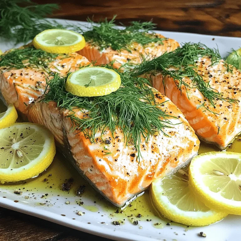 - 4 salmon fillets (about 6 oz each) - 2 tablespoons olive oil - 2 tablespoons fresh lemon juice - 2 teaspoons lemon zest - 3 tablespoons fresh dill, chopped (or 1 tablespoon dried dill) - 2 cloves garlic, minced - Salt and black pepper to taste - Lemon slices for garnish - Fresh dill sprigs for garnish For this lemon dill roasted salmon, each ingredient plays a key role. The salmon fillets are the star of the dish, providing a rich, buttery flavor. I love using fresh salmon for the best taste. Olive oil adds healthy fat and helps to crisp the fish. Fresh lemon juice and zest brighten the dish. They give a fresh, zesty kick that complements the rich salmon. Dill brings a unique, grassy flavor that pairs perfectly with lemon and fish. Garlic adds depth and warmth, making each bite more satisfying. Salt and black pepper enhance all the flavors. They help balance the rich salmon and bright lemon. Garnishing with lemon slices and fresh dill sprigs makes the dish look stunning. It adds a pop of color and fresh aroma. This simple yet flavorful meal impresses everyone at the table. You can find the Full Recipe to guide you through the cooking process. Start by mixing your marinade. In a small bowl, whisk together: - 2 tablespoons olive oil - 2 tablespoons fresh lemon juice - 2 teaspoons lemon zest - 3 tablespoons fresh dill, chopped (or 1 tablespoon dried dill) - 2 cloves garlic, minced - Salt and black pepper to taste This mix brings bright flavors to your salmon. The lemon and dill work well together. Garlic gives it a nice kick. Make sure to whisk until it combines well. Next, you need to prep the salmon. Line a baking sheet with parchment paper. This helps with cleanup later. Place 4 salmon fillets on the sheet, skin side down. Arrange them so they have space. You want them to roast evenly. Now it’s time to cook. Brush the lemon dill mixture over the salmon fillets. Make sure each piece is well coated. Let the salmon marinate for about 10-15 minutes. This step helps the flavors soak in. Preheat your oven to 400°F (200°C) while the salmon marinates. When ready, roast the salmon for 12-15 minutes. Check if it flakes easily with a fork. This means it’s done. The salmon should also have a golden crust. After cooking, remove it from the oven. Let it rest for 2 minutes before serving. Garnish with lemon slices and fresh dill sprigs for a lovely touch. For the full recipe, you can refer to the earlier sections. To know when salmon is done, look for the color change. Fresh salmon turns from bright pink to a lighter shade. Check with a fork; it should flake easily. If it does, your salmon is perfect. Cooking time varies. Usually, it takes 12 to 15 minutes at 400°F. Use a meat thermometer for more accuracy. Aim for an internal temperature of 145°F for safety. Want to boost the flavor? Try adding fresh herbs like parsley or chives. You can also experiment with spices like paprika or cumin. A little red pepper flake adds a nice kick. If you like sweetness, try honey or maple syrup in the marinade. These tweaks can make your dish unique and exciting. Plating your salmon well makes it more appealing. Use a clean, white plate to let the colors pop. Place the salmon fillet in the center. Add lemon slices and fresh dill sprigs on top. You can also serve it with a side of colorful veggies for a vibrant look. Drizzle a bit of olive oil around the plate for extra flair. This makes your Lemon Dill Roasted Salmon a feast for the eyes! {{image_2}} You can change up the flavor of your lemon dill roasted salmon. Try using fresh parsley or thyme instead of dill. A bit of rosemary adds a nice twist, too. For a spicy kick, sprinkle some red pepper flakes on top. If you want a smoky flavor, add smoked paprika. Each herb or spice gives the dish a new taste. Mixing flavors keeps your meals exciting. You can cook salmon in different ways. Baking is a simple and common method. It keeps the fish moist and tender. Just follow the Full Recipe for oven steps. Grilling is another fun way to prepare salmon. It adds a nice char and smoky flavor. Brush the fish with oil and place it on a preheated grill. Cook until it flakes easily. Both methods yield delicious results, so pick your favorite. Pair your salmon with healthy sides. Roasted vegetables like asparagus or broccoli work great. A fresh green salad adds crunch and color. You can also serve it with quinoa or brown rice for a hearty touch. Mashed sweet potatoes offer a sweet contrast. These sides balance the flavors and make your meal complete. Mixing and matching keeps it fresh every time. To keep your Lemon Dill Roasted Salmon fresh, store it right. First, let the salmon cool down to room temperature. Then, wrap it tightly in plastic wrap or foil. You can also place it in an airtight container. This helps keep moisture in and air out. For the best taste, refrigerate your salmon. It stays fresh for about 3 days. If you want to store it longer, freezing is a good option. Wrap it well, and it can last up to 3 months in the freezer. When it comes to reheating salmon, you want to do it gently. Preheat your oven to 275°F (135°C). Place the salmon in a baking dish and cover it with foil. Heat for about 15-20 minutes. This method keeps the fish moist and tasty. You can also use a microwave, but be careful. Heat it in short bursts of 30 seconds to avoid overcooking. Always check that the salmon is warm throughout before serving. Leftover salmon can last up to 3 days in the fridge. If you freeze it, the shelf life extends to about 3 months. After that, the quality may drop. Always check for any off smell or change in color before eating. If you notice anything strange, it's best to toss it out. Enjoy your Lemon Dill Roasted Salmon with confidence, knowing you can store it safely! You can serve many tasty sides with lemon dill roasted salmon. Here are some ideas: - Steamed asparagus or green beans - Creamy mashed potatoes or cauliflower - Quinoa or brown rice for a healthy grain - A fresh garden salad with lemon vinaigrette - Roasted vegetables like carrots or zucchini These dishes add flavor and balance to your meal. Yes, frozen salmon works well for this recipe. First, thaw it properly. The best way is to place it in the fridge overnight. If you're in a hurry, you can run it under cold water for about an hour. After thawing, pat it dry with a paper towel. This helps the marinade stick better. Then, follow the steps in the Full Recipe for cooking. You can easily modify this recipe for dietary needs. Here are some tips: - For gluten-free, check labels on your ingredients. - To make it dairy-free, ensure no dairy in your sides. - For low-sodium, reduce the salt or use salt-free seasonings. These changes keep the dish flavorful and safe for everyone. You can find the Full Recipe for lemon dill roasted salmon in the earlier sections of this article. It includes detailed instructions and all the ingredients needed to make this simple and delicious meal. This blog covered how to prepare Lemon Dill Roasted Salmon. We listed the ingredients, shared step-by-step instructions, and offered tips for the best results. Variations and storage info help you enjoy this dish for longer. You can customize flavors and side dishes to make it your own. Whether you’re a beginner or a pro, this recipe is easy and tasty. Enjoy your fish, and remember to share it with friends and family. Happy cooking!