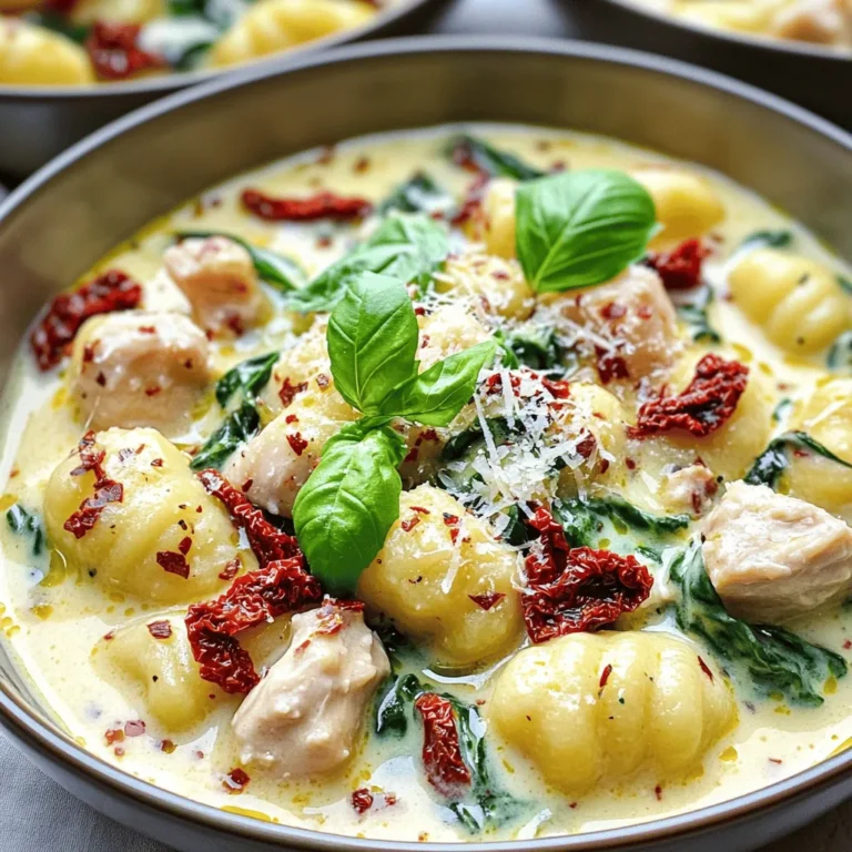 - 1 lb (450g) chicken breast, diced - 1 cup sun-dried tomatoes, chopped - 1 bag (16 oz) gnocchi - 2 cups baby spinach - 1 cup heavy cream - 1 cup grated Parmesan cheese For this dish, the chicken breast gives the meal a hearty base. Sun-dried tomatoes add a sweet and tangy flavor that makes the dish pop. Gnocchi, those soft little pasta pillows, provide a comforting bite. Heavy cream makes everything rich and smooth, while Parmesan cheese adds a salty kick. - 3 cloves garlic, minced - 2 tablespoons olive oil - Salt and pepper to taste Garlic is the star here. It brings a strong aroma and flavor. Olive oil helps cook the chicken and adds a nice richness. Salt and pepper are your best friends; they help enhance all the other flavors. - Fresh basil leaves - Extra Parmesan Garnishing your dish is like putting on the finishing touch. Fresh basil adds a bright, herbal note. A sprinkle of extra Parmesan can make it even creamier and more delicious. For the complete cooking process, check the Full Recipe. Start by cutting the chicken breast into small pieces. Season them with salt and pepper. Heat olive oil in a large skillet over medium-high heat. Add the chicken to the skillet. Cook it for about 6 to 8 minutes. You want it to be golden brown and fully cooked. Make sure to stir occasionally. Once done, take the chicken out and set it aside. In the same skillet, add minced garlic and sauté it for about 1 minute. The garlic will become fragrant. Next, add chopped sun-dried tomatoes and mix well. Cook this for 2 minutes to blend the flavors. Then pour in the heavy cream. Bring the mixture to a gentle simmer. Stir in the grated Parmesan cheese. Keep stirring until it melts and creates a creamy texture. While the sauce simmers, boil a pot of salted water. Add the gnocchi and cook according to package instructions. Usually, this takes about 2 to 3 minutes until they float. Drain the gnocchi and add them to the sauce. Now, return the cooked chicken to the skillet. Toss everything together until well mixed. Adjust seasoning with more salt and pepper if needed. Serve this delicious dish hot, garnished with fresh basil leaves. For the full recipe, check out the section above. To make perfect gnocchi, boil salted water and cook them until they float. This usually takes about 2-3 minutes. Be gentle when stirring them. Overcooking makes them mushy. For chicken, cut it into small, even pieces. This helps it cook evenly and quickly. Cook the chicken until it's golden and fully cooked, around 6-8 minutes. This gives it a nice flavor and keeps it juicy. If your sauce is too thick, add a splash of chicken broth or water. This will help it reach the right creamy texture. If it’s too thin, let it simmer longer. The heat will thicken it up. For a rich and creamy sauce, use heavy cream and fresh grated Parmesan. Don't skip these; they make a big difference in taste. To make your dish look great, serve it in deep bowls. This gives it an elegant touch. Garnish with fresh basil leaves and an extra sprinkle of Parmesan. This adds color and flavor. You can also drizzle a little olive oil on top for shine. This not only looks good but also enhances the flavor. For the best experience, pair it with a simple salad or crusty bread. [Full Recipe] {{image_2}} You can swap the chicken for other proteins. Shrimp adds a nice twist. Tofu works well for a vegetarian option. You can also add more colorful vegetables. Try bell peppers, zucchini, or mushrooms for extra flavor and texture. These swaps keep the dish fresh and fun. Want to boost the flavor? Add fresh herbs like thyme or oregano. A pinch of red pepper flakes brings a little heat. You can also mix in different cheeses. Goat cheese or feta can give a creamy, tangy taste. Experimenting with flavors makes this dish uniquely yours. This dish pairs well with a simple green salad. The freshness balances the creamy sauce. Garlic bread is another tasty option. It soaks up the sauce perfectly. For drinks, a crisp white wine or sparkling water works great. These pairings enhance the meal experience. Feel free to explore these variations to make your Sun-Dried Tomato Chicken Gnocchi even more delightful. For the full recipe, check out the details above. To keep your Sun-Dried Tomato Chicken Gnocchi fresh, store it in an airtight container. Let it cool down first to avoid steam build-up. This dish stays fresh for about 3 to 4 days in the fridge. When you reheat this dish, do it gently. Use a skillet over low heat. This method keeps the gnocchi soft and the sauce creamy. If possible, reheat the gnocchi and sauce separately. This avoids overcooking the gnocchi and helps maintain the sauce's texture. You can freeze this dish, but follow a few simple steps. First, let it cool completely. Then, transfer it to a freezer-safe container. It will last for about 2 to 3 months in the freezer. When ready to eat, thaw it in the fridge overnight. Reheat gently to preserve the flavors. Note that freezing may slightly change the texture of the gnocchi. This dish is quick to make. It takes about 10 minutes to prep and 20 minutes to cook. In total, you will spend around 30 minutes from start to finish. This time frame makes it perfect for a weeknight dinner. Yes, you can! To make it ahead, cook the chicken and sauce. Store them separately in the fridge. You can cook the gnocchi when you are ready to serve. This keeps everything fresh and tasty. This dish pairs well with a few sides. Here are some great options: - A simple green salad with lemon vinaigrette. - Garlic bread for a crunchy side. - A glass of white wine, like Sauvignon Blanc. These choices will enhance the meal and make it more enjoyable. Yes, this recipe works well for meal prep. Store leftovers in airtight containers. It lasts about 3 to 4 days in the fridge. When you’re ready to eat, just reheat it in a pan over low heat. You can also freeze it for up to 3 months. Just remember to thaw it before reheating. For the full recipe, check out the guide above. This blog post guides you through making Sun-Dried Tomato Chicken Gnocchi. We covered key ingredients, like chicken and heavy cream, and explained the cooking steps in detail. You learned tips for achieving a perfect sauce and how to make your dish visually appealing. We shared variations to customize your meal and provided storage recommendations. You can easily whip up this dish and impress anyone. Enjoy the creamy flavors and feel free to experiment. Happy cooking!