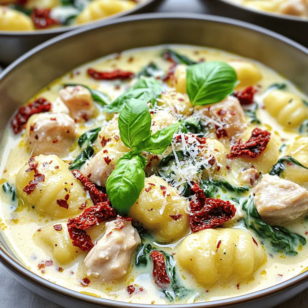 - 1 lb (450g) chicken breast, diced - 1 cup sun-dried tomatoes, chopped - 1 bag (16 oz) gnocchi - 2 cups baby spinach - 1 cup heavy cream - 1 cup grated Parmesan cheese For this dish, the chicken breast gives the meal a hearty base. Sun-dried tomatoes add a sweet and tangy flavor that makes the dish pop. Gnocchi, those soft little pasta pillows, provide a comforting bite. Heavy cream makes everything rich and smooth, while Parmesan cheese adds a salty kick. - 3 cloves garlic, minced - 2 tablespoons olive oil - Salt and pepper to taste Garlic is the star here. It brings a strong aroma and flavor. Olive oil helps cook the chicken and adds a nice richness. Salt and pepper are your best friends; they help enhance all the other flavors. - Fresh basil leaves - Extra Parmesan Garnishing your dish is like putting on the finishing touch. Fresh basil adds a bright, herbal note. A sprinkle of extra Parmesan can make it even creamier and more delicious. For the complete cooking process, check the Full Recipe. Start by cutting the chicken breast into small pieces. Season them with salt and pepper. Heat olive oil in a large skillet over medium-high heat. Add the chicken to the skillet. Cook it for about 6 to 8 minutes. You want it to be golden brown and fully cooked. Make sure to stir occasionally. Once done, take the chicken out and set it aside. In the same skillet, add minced garlic and sauté it for about 1 minute. The garlic will become fragrant. Next, add chopped sun-dried tomatoes and mix well. Cook this for 2 minutes to blend the flavors. Then pour in the heavy cream. Bring the mixture to a gentle simmer. Stir in the grated Parmesan cheese. Keep stirring until it melts and creates a creamy texture. While the sauce simmers, boil a pot of salted water. Add the gnocchi and cook according to package instructions. Usually, this takes about 2 to 3 minutes until they float. Drain the gnocchi and add them to the sauce. Now, return the cooked chicken to the skillet. Toss everything together until well mixed. Adjust seasoning with more salt and pepper if needed. Serve this delicious dish hot, garnished with fresh basil leaves. For the full recipe, check out the section above. To make perfect gnocchi, boil salted water and cook them until they float. This usually takes about 2-3 minutes. Be gentle when stirring them. Overcooking makes them mushy. For chicken, cut it into small, even pieces. This helps it cook evenly and quickly. Cook the chicken until it's golden and fully cooked, around 6-8 minutes. This gives it a nice flavor and keeps it juicy. If your sauce is too thick, add a splash of chicken broth or water. This will help it reach the right creamy texture. If it’s too thin, let it simmer longer. The heat will thicken it up. For a rich and creamy sauce, use heavy cream and fresh grated Parmesan. Don't skip these; they make a big difference in taste. To make your dish look great, serve it in deep bowls. This gives it an elegant touch. Garnish with fresh basil leaves and an extra sprinkle of Parmesan. This adds color and flavor. You can also drizzle a little olive oil on top for shine. This not only looks good but also enhances the flavor. For the best experience, pair it with a simple salad or crusty bread. [Full Recipe] {{image_2}} You can swap the chicken for other proteins. Shrimp adds a nice twist. Tofu works well for a vegetarian option. You can also add more colorful vegetables. Try bell peppers, zucchini, or mushrooms for extra flavor and texture. These swaps keep the dish fresh and fun. Want to boost the flavor? Add fresh herbs like thyme or oregano. A pinch of red pepper flakes brings a little heat. You can also mix in different cheeses. Goat cheese or feta can give a creamy, tangy taste. Experimenting with flavors makes this dish uniquely yours. This dish pairs well with a simple green salad. The freshness balances the creamy sauce. Garlic bread is another tasty option. It soaks up the sauce perfectly. For drinks, a crisp white wine or sparkling water works great. These pairings enhance the meal experience. Feel free to explore these variations to make your Sun-Dried Tomato Chicken Gnocchi even more delightful. For the full recipe, check out the details above. To keep your Sun-Dried Tomato Chicken Gnocchi fresh, store it in an airtight container. Let it cool down first to avoid steam build-up. This dish stays fresh for about 3 to 4 days in the fridge. When you reheat this dish, do it gently. Use a skillet over low heat. This method keeps the gnocchi soft and the sauce creamy. If possible, reheat the gnocchi and sauce separately. This avoids overcooking the gnocchi and helps maintain the sauce's texture. You can freeze this dish, but follow a few simple steps. First, let it cool completely. Then, transfer it to a freezer-safe container. It will last for about 2 to 3 months in the freezer. When ready to eat, thaw it in the fridge overnight. Reheat gently to preserve the flavors. Note that freezing may slightly change the texture of the gnocchi. This dish is quick to make. It takes about 10 minutes to prep and 20 minutes to cook. In total, you will spend around 30 minutes from start to finish. This time frame makes it perfect for a weeknight dinner. Yes, you can! To make it ahead, cook the chicken and sauce. Store them separately in the fridge. You can cook the gnocchi when you are ready to serve. This keeps everything fresh and tasty. This dish pairs well with a few sides. Here are some great options: - A simple green salad with lemon vinaigrette. - Garlic bread for a crunchy side. - A glass of white wine, like Sauvignon Blanc. These choices will enhance the meal and make it more enjoyable. Yes, this recipe works well for meal prep. Store leftovers in airtight containers. It lasts about 3 to 4 days in the fridge. When you’re ready to eat, just reheat it in a pan over low heat. You can also freeze it for up to 3 months. Just remember to thaw it before reheating. For the full recipe, check out the guide above. This blog post guides you through making Sun-Dried Tomato Chicken Gnocchi. We covered key ingredients, like chicken and heavy cream, and explained the cooking steps in detail. You learned tips for achieving a perfect sauce and how to make your dish visually appealing. We shared variations to customize your meal and provided storage recommendations. You can easily whip up this dish and impress anyone. Enjoy the creamy flavors and feel free to experiment. Happy cooking!