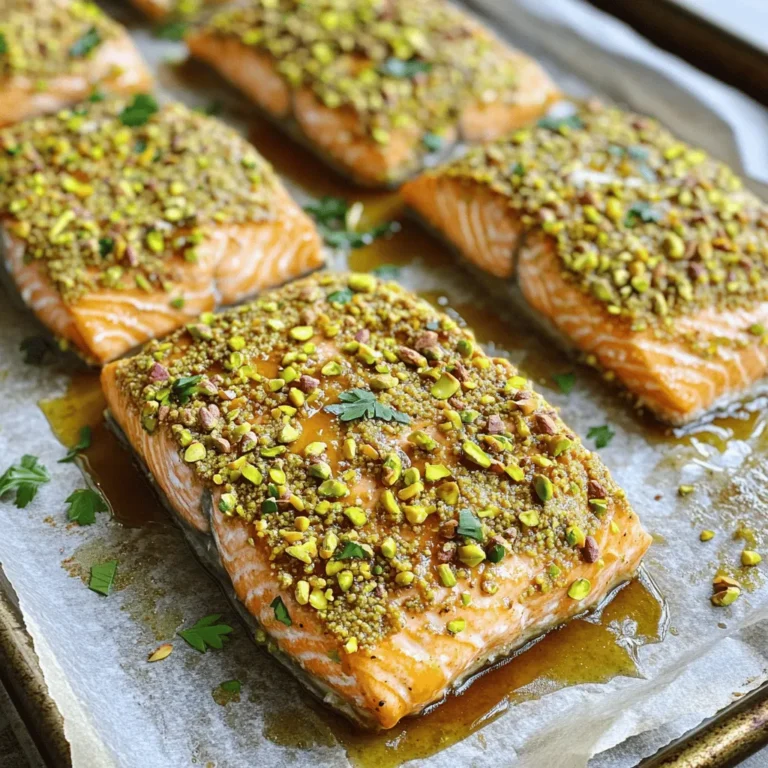 - Salmon fillets - Pistachios - Dijon mustard - Honey - Olive oil - Garlic powder - Lemon zest - Salt and pepper - Fresh parsley I love using fresh salmon fillets for this dish. The fish is rich in flavor and high in protein. It cooks quickly and pairs well with many flavors. The pistachios add a crunchy coating that makes each bite special. For the crust, I use finely chopped pistachios. They bring a nutty taste and a lovely green color. Dijon mustard adds a tangy kick. Honey balances this with a hint of sweetness. Olive oil keeps the salmon moist while adding extra flavor. Garlic powder gives a nice depth to the dish. Lemon zest brightens the taste and makes it fresh. Finally, salt and pepper enhance all the flavors. I like to garnish with fresh parsley for a pop of color. - Overview of calories and macronutrients - Health benefits of salmon - Nutritional benefits of pistachios This dish is not only tasty but healthy too. A serving of salmon has about 350 calories. It packs in protein and healthy fats. Salmon is rich in omega-3 fatty acids, which are good for your heart and brain. Pistachios also bring health benefits. They are a great source of fiber and protein. They help you feel full and satisfied. Plus, they contain vitamins and minerals like vitamin B6 and potassium. Combining these ingredients makes for a dish that tastes great and supports a healthy lifestyle. You can find the full recipe to make this delicious meal at home. First, preheat your oven to 400°F (200°C). This high heat helps the salmon cook quickly and evenly. While the oven warms up, prepare your baking sheet by lining it with parchment paper. This keeps the salmon from sticking and makes cleanup easy. Now it's time to mix the mustard sauce. In a small bowl, whisk together the Dijon mustard, honey, olive oil, garlic powder, lemon zest, salt, and pepper. This sauce adds a lovely flavor to the salmon. Make sure everything is well combined. Next, take your salmon fillets and place them skin-side down on the baking sheet. Evenly spread the mustard mixture over the top of each fillet. You want a good coat for great taste. Now, let's apply the pistachio crust. Take your finely chopped pistachios and press them onto the mustard-covered side of each fillet. Make sure each piece is well-coated for a delicious crunch. Finally, it's time to bake the salmon. Place the baking sheet in the preheated oven. Bake for 12-15 minutes. The salmon will be done when it flakes easily with a fork. Keep an eye on it to avoid overcooking. Once it's ready, remove the salmon from the oven. Let it rest for a few minutes before serving. Enjoy your flavorful and healthy pistachio crusted salmon! For the full recipe, check the details above. To get a nice, even coating of pistachios, press them firmly onto the salmon. This helps them stick better during baking. If you want to mix things up, try using walnuts or almonds. Both give a great crunch and flavor. To keep your salmon moist, do not overcook it. Bake it until it reaches an internal temperature of 145°F (63°C). This is the sweet spot where the fish is both safe to eat and deliciously tender. For sides, consider serving lemony asparagus or garlic mashed potatoes. They pair well with the salmon's rich taste. If you enjoy wine, a crisp Sauvignon Blanc works nicely. It balances the flavors and brings out the dish's freshness. For the complete recipe, check out the [Full Recipe]. {{image_2}} You can change the flavors of pistachio crusted salmon easily. Adding herbs or spices makes it fun. Try fresh dill or thyme for a nice twist. You can also add paprika for some heat. Experimenting with glazes can add depth. A sweet balsamic glaze pairs well with the salty pistachios. Brush it on after baking for added flavor. If you're looking for gluten-free options, you’re in luck. This recipe is naturally gluten-free as it uses no bread. For low-calorie substitutions, you can swap honey for maple syrup. It gives a sweet touch without adding too many calories. You can also reduce the oil for a lighter dish. Just remember, flavor is key! Plating is important for any dish. For pistachio crusted salmon, use a clean white plate. It makes the colors pop. You can slice the salmon and arrange it on the plate. Add a sprinkle of fresh parsley for color. Garnishing with lemon wedges adds a fresh touch. It also gives a burst of flavor when squeezed. To keep your pistachio crusted salmon fresh, store it in the fridge. Place the salmon in an airtight container. This helps prevent it from drying out. You should eat it within three days. If you have cooked salmon, reheat it gently. Use the oven at 350°F (175°C) for about 10 minutes. This keeps it moist. You can also use a microwave. Heat it in short bursts to avoid cooking it too much. If you want to save leftovers, freezing is a good option. Wrap the salmon tightly in plastic wrap. Then, place it in a freezer-safe bag. This keeps it fresh for up to three months. When you’re ready to eat it, defrost it in the fridge overnight. You can also use the microwave. Set it to defrost and check it often. Avoid letting it sit out at room temperature. In the fridge, pistachio crusted salmon lasts about three days. Always check for signs of spoilage. If the salmon smells off or feels slimy, it’s time to toss it. Fresh salmon should smell like the sea, not fishy. If you freeze it properly, it can last up to three months without losing flavor. Can I use other nuts? Yes, you can use other nuts. Almonds, walnuts, or pecans work well. Just chop them finely like the pistachios. Each nut brings its own flavor. How do I know when the salmon is fully cooked? The salmon is done when it flakes easily with a fork. You can also check the internal temperature. It should reach 145°F (63°C). Can I make this recipe ahead of time? You can prepare the salmon and nut mix ahead of time. Just store them separately in the fridge. When ready, coat the salmon and bake it fresh. What can I use instead of Dijon mustard? If you don’t have Dijon mustard, try using honey mustard or whole grain mustard. Both options add unique flavors to your dish. What sides go well with pistachio-crusted salmon? Pistachio-crusted salmon pairs well with roasted vegetables or a fresh salad. Quinoa or rice also make great sides. They balance the flavors nicely. Is this dish suitable for meal prep? Yes, this dish is great for meal prep. You can store it in airtight containers. It stays tasty in the fridge for up to three days. For the full recipe, check out the detailed instructions above! This blog post detailed how to make a delicious pistachio-crusted salmon. We covered key ingredients, their health benefits, and easy preparation steps. You learned tips for a perfect crust, ways to serve it, and even storage methods. I hope these insights inspire you to cook this healthy dish. Whether you follow my tips or get creative, enjoy the process and the meal! Healthy eating can be fun and flavorful.