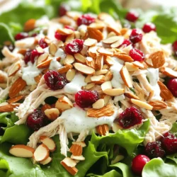 - 2 cups cooked chicken, shredded - 1/2 cup dried cranberries - 1/2 cup sliced almonds - 1/2 cup plain Greek yogurt The main ingredients in this salad create a great mix of flavors and textures. The chicken is the star here, providing a hearty base. I love using shredded chicken because it blends well with the other ingredients. Dried cranberries add a sweet touch that brightens the dish. The sliced almonds bring a nice crunch that contrasts with the creaminess of the Greek yogurt. - 2 tablespoons honey - 1 tablespoon Dijon mustard The dressing is simple but powerful. Honey gives a hint of sweetness, while the Dijon mustard adds a tangy zing. Together, they make the salad taste fresh and exciting. - 1/4 cup celery, finely chopped - 1/4 cup red onion, finely chopped - Salt and pepper to taste - Fresh greens for serving The chopped celery and red onion add a nice crispness. They also bring in some sharp flavors that balance the sweetness of the cranberries. A little salt and pepper enhance all the tastes. Finally, serving the salad on fresh greens makes it look vibrant and inviting. For the full recipe, you can check out the details above. - In a large bowl, combine 2 cups of shredded chicken, 1/2 cup of dried cranberries, and 1/2 cup of sliced almonds. This mix gives a nice crunch and sweetness. - In a separate bowl, whisk together 1/2 cup of plain Greek yogurt, 2 tablespoons of honey, and 1 tablespoon of Dijon mustard until the mixture is smooth. This dressing ties the salad together. - Next, add 1/4 cup of finely chopped celery and 1/4 cup of finely chopped red onion to the chicken mixture. These ingredients add fresh flavor. - Pour the yogurt dressing over the salad and gently fold everything together. This helps coat each ingredient evenly without breaking them apart. - Taste the salad and adjust seasoning with salt and pepper. Mix lightly again to blend the flavors. - Chill the salad for at least 30 minutes before serving. This step enhances the taste, making it even more delightful. For the complete recipe, check out the Full Recipe. To make your cranberry almond chicken salad shine, chilling is key. I recommend letting it rest in the fridge for at least 30 minutes. This allows all the flavors to blend well. You can also adjust the honey and mustard to fit your taste. If you like it sweeter, add more honey. For a tangy kick, increase the Dijon mustard. Serving this salad is also an art. You can present it on a large platter for sharing or in individual bowls for a personal touch. Adding extra sliced almonds and cranberries on top makes it look appealing. This not only enhances the look but also adds a nice crunch. Each serving of this salad packs a punch. You get about 300 calories, with 25 grams of protein. It also contains healthy fats from the almonds and yogurt. The dried cranberries add natural sweetness along with vitamins. This dish is balanced and tasty, making it a great choice for lunch or dinner. {{image_2}} You can easily swap ingredients to suit your taste. Use chicken thighs instead of chicken breast for a richer flavor. Thighs bring more moisture and depth to the dish. If you want a creamier texture, replace Greek yogurt with mayonnaise. This change gives the salad a different, smooth feel. To make this salad gluten-free, always check the labels on your ingredients. Some sauces and dressings might contain gluten. You can also add more veggies, like bell peppers or carrots. These add extra crunch and color, making the dish even more appealing. Herbs can boost the taste. Try adding fresh dill or parsley for a bright flavor. These herbs enhance the overall freshness of the salad. Another fun idea is to add a splash of citrus, like lemon or lime juice. This zesty twist brightens the dish and balances the sweetness of the cranberries. For the full recipe, check the original section. Store your cranberry almond chicken salad in an airtight container in the fridge. This keeps it fresh and tasty. For the best flavor and texture, eat it within 3 days. Freezing this salad is not the best idea. It can change the texture and make it mushy. If you must freeze it, keep the chicken separate. You can mix it back when you are ready to eat. If you freeze the chicken, thaw it overnight in the fridge. This helps keep the salad fresh when you mix it all together again. For the full recipe, check the earlier section. You can prepare the ingredients in advance. Chop and mix everything shortly before serving. This keeps the salad fresh and tasty. Yes, shredded turkey works great as a substitute. It adds a nice twist to the dish. Pair it with crackers, bread, or a light side salad. This makes for a complete meal. Yes, this salad is packed with protein and healthy fats. It is also low in carbs, making it a smart choice. This blog post covered how to make a tasty Cranberry Almond Chicken Salad. We discussed the main ingredients, step-by-step instructions, and tips for perfecting flavors. You learned about variations for dietary needs and storage tips to keep your salad fresh. In conclusion, this salad is delicious and easy to customize. Whether for lunch or a gathering, it’s sure to be a hit. Enjoy making this meal your own!
